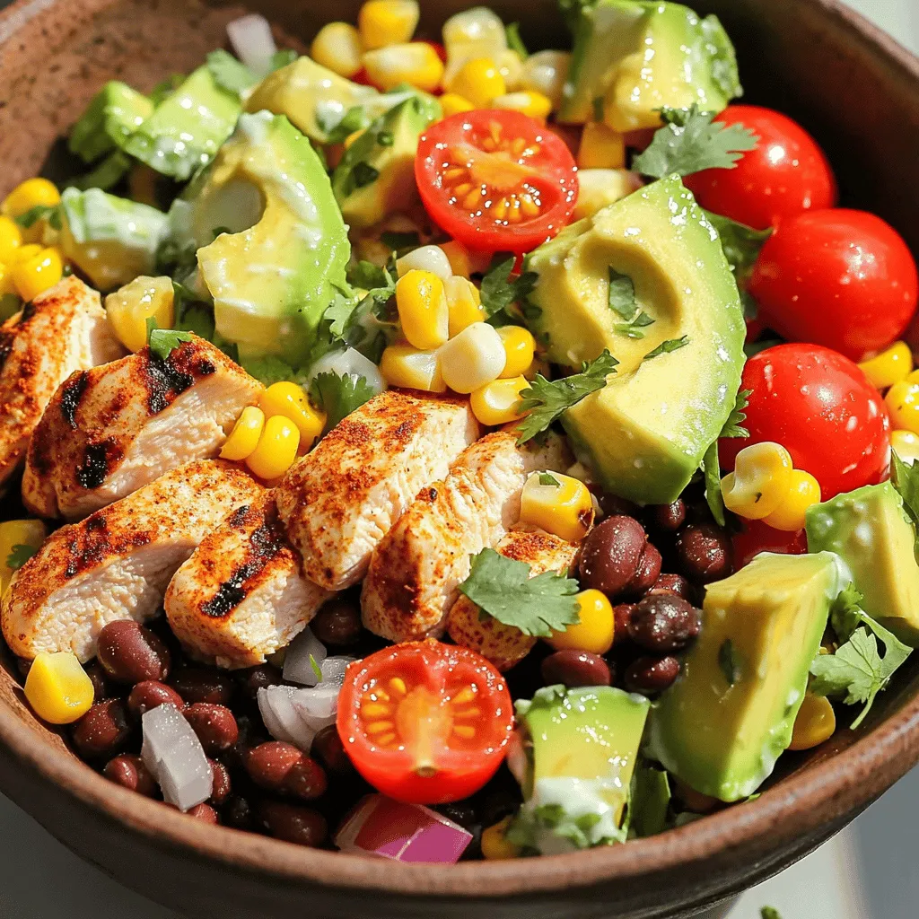 - Chicken and Dressing Ingredients - 2 boneless, skinless chicken breasts - 1 tablespoon olive oil - 1 teaspoon chili powder - 1/2 teaspoon ground cumin - Salt and freshly cracked pepper to taste - Salad Components - 1 cup corn kernels (freshly cooked or canned and drained) - 1 red bell pepper, diced into small pieces - 1 cup cherry tomatoes, halved - 1 ripe avocado, diced - 1 cup black beans, drained and rinsed - 1/4 cup red onion, finely chopped - 1/4 cup fresh cilantro, chopped - Optional Garnishes - Juice of 2 juicy limes - 1/4 cup Greek yogurt (or sour cream, for a creamier texture) - 1 teaspoon honey (optional for a hint of sweetness) Creating this Tex-Mex chopped chicken salad is a joyful task. The combination of fresh vegetables, tender chicken, and zesty dressing makes every bite special. The salad bursts with flavor and color, making it a feast for both the eyes and the palate. Each ingredient plays a role in crafting a well-rounded dish. Don't hesitate to substitute items that you love or have on hand. The Full Recipe is a great guide to follow! Start by preheating your grill or stovetop grill pan to medium-high heat. This helps cook the chicken evenly. In a small bowl, mix olive oil, chili powder, ground cumin, salt, and pepper. Stir until combined. Brush this mix all over the chicken breasts. Make sure every side is covered well. Place the chicken on the grill. Cook for about 6-7 minutes on each side. You want it to reach an internal temperature of 165°F (75°C). Once done, take it off the heat and let it rest for 5 minutes. This keeps the juices inside the chicken. While the chicken rests, grab a large mixing bowl. Add the corn, diced red bell pepper, halved cherry tomatoes, diced avocado, rinsed black beans, chopped red onion, and fresh cilantro. This mix looks bright and colorful. Next, cut the grilled chicken into bite-sized pieces. Toss the chicken into the bowl with the veggies. This is where all the flavors come together. In a separate small bowl, whisk together lime juice, Greek yogurt, and optional honey. Keep whisking until the mixture is smooth. This dressing adds a zesty punch to your salad. Drizzle the dressing over your salad. Gently toss all the ingredients together. Make sure everything is coated well. Taste the salad and add more salt and pepper if you like. You can serve it right away for a fresh crunch. If you prefer, chill it in the fridge for about 30 minutes. This helps the flavors meld together nicely. For a beautiful presentation, serve the salad in individual bowls. Garnish with extra cilantro and lime wedges on the side for added flavor. Enjoy your Tex-Mex chopped chicken salad! You can find the Full Recipe in this article for more details. You can grill, bake, or pan-sear your chicken. Grilling gives a smoky flavor. Baking is easy and keeps it juicy. Pan-searing adds a nice crust. I recommend grilling for the best taste. Always check the chicken’s internal temperature. It should reach 165°F (75°C) to be safe to eat. To boost the taste, use fresh spices. Chili powder and cumin bring warmth. Adding lime juice brightens the dish. You can also sprinkle some smoked paprika for a deeper flavor. Don't forget to season well with salt and pepper. A touch of honey in the dressing adds a nice sweet note. Serve the salad in colorful bowls. This makes it pop on the table. Add lime wedges and extra cilantro on top. It not only looks great but also adds flavor. For a fun touch, try layering the ingredients in a mason jar. This keeps it fresh and makes for a lovely display. For more details on making this salad, check out the Full Recipe. {{image_4}} You can easily make this salad meat-free. Replace the chicken with grilled tofu or tempeh. These options add protein and hold flavor well. You can also use chickpeas for a different texture. Just rinse and drain them before mixing. This keeps the salad light and fresh. Feel free to swap ingredients based on what you have. Black beans can change to pinto beans or kidney beans. If you don’t have red bell pepper, green or yellow bell peppers work too. Use whatever veggies you love or have on hand. You can even add some shredded carrots for crunch. If you enjoy heat, add jalapeños or diced serrano peppers. You can mix them in with the salad or top it. For an extra kick, try a splash of hot sauce in the dressing. This adds flavor and spice to every bite. To store leftovers, place the salad in an airtight container. Make sure to keep the dressing separate. This helps the salad stay fresh and crisp. You can store it in the fridge for up to three days. If you mix the salad with the dressing, it may become soggy faster. If you have leftover chicken, you can reheat it easily. Place the chicken in a skillet over medium heat. Add a splash of water or broth to keep it moist. Cover the pan to trap heat and steam. Heat for about five minutes, or until warm. You can also use a microwave for quick reheating. Just be careful not to overheat, as it can dry out. Most ingredients in Tex-Mex chopped chicken salad last well. Cooked chicken stays fresh in the fridge for about three to four days. Fresh veggies like bell peppers and tomatoes last for about a week. Black beans can last up to three to four days once opened. Avocados should be eaten within one to two days after cutting. Remember, freshness helps keep your salad flavorful and safe to eat! Tex-Mex Chopped Chicken Salad is packed with nutrients. It includes lean chicken, which provides protein. Protein helps build and repair muscles. The black beans add fiber, keeping you full longer. Fiber also aids digestion. Fresh veggies like tomatoes and bell peppers bring vitamins. Avocado adds healthy fats, which are good for your heart. The lime juice boosts vitamin C, which helps your immune system. Overall, this salad supports a balanced diet and promotes good health. Yes, you can make this salad ahead of time. It tastes even better after sitting for a while. Prepare all the ingredients and store them separately. Keep the dressing in a jar in the fridge. This way, the salad stays fresh and crunchy. When you're ready to eat, simply mix everything together. Letting the flavors meld enhances the taste. Just remember to add the avocado last to avoid browning. If you don’t have Greek yogurt, sour cream works well. It has a similar creamy texture and taste. You can also use plain yogurt for a lighter option. For a dairy-free choice, try avocado or a nut-based yogurt. These alternatives keep the dish creamy and delicious. Each substitute offers a unique flavor, so feel free to experiment! Just ensure you adjust the quantity to your taste. This blog post covered how to make a tasty Tex-Mex Chopped Chicken Salad. We explored the key ingredients and gave you clear steps to prepare the dish. I shared tips on cooking chicken, boosting flavors, and presenting your salad well. We also looked at fun variations and storage advice. In cooking, creativity and choice matter. Don’t hesitate to make this salad your own. Enjoy every bite while benefiting from its flavors and nutrition!