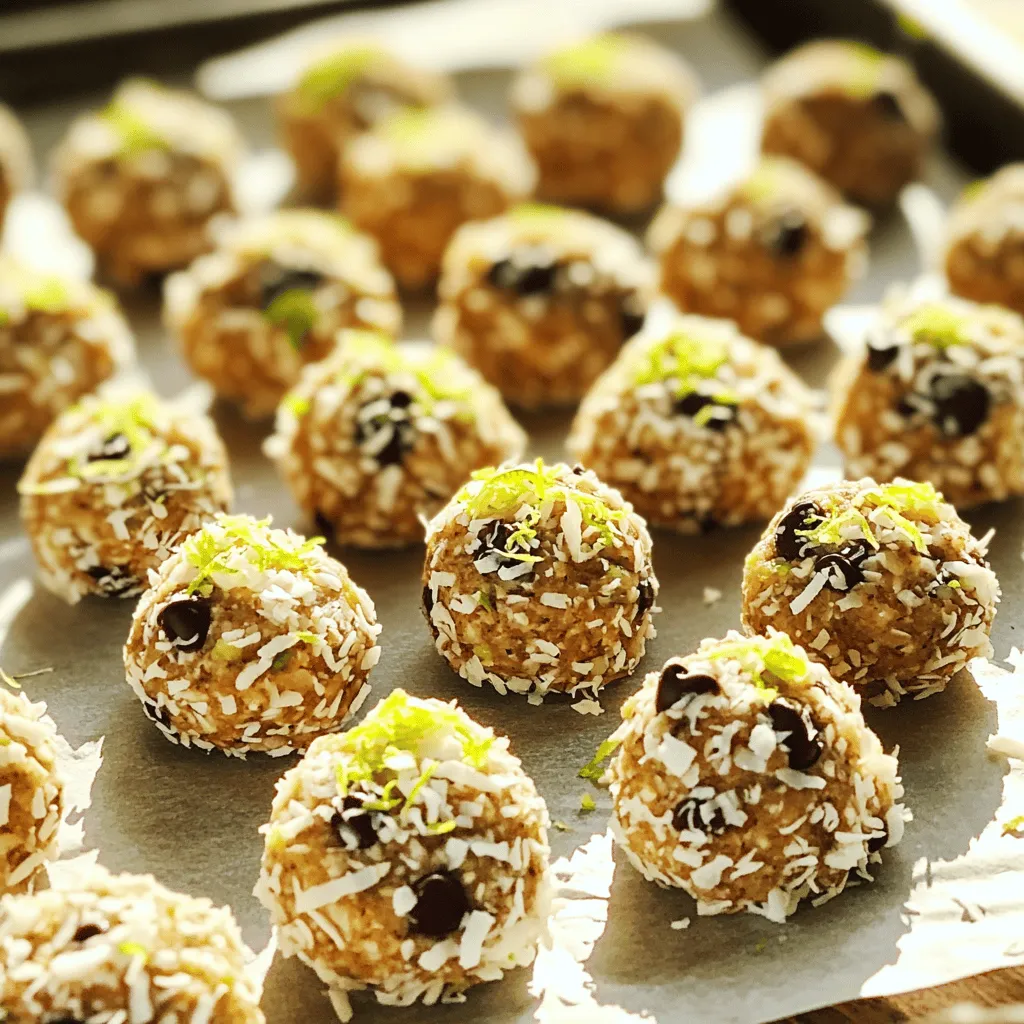 To create Coconut Lime Energy Bites, gather these items: - 1 cup rolled oats - 1/2 cup unsweetened shredded coconut - 1/4 cup almond butter - 1/4 cup honey or maple syrup - Zest of 1 lime - 2 tablespoons fresh lime juice - 1/4 teaspoon sea salt - 1/4 teaspoon pure vanilla extract - 2 tablespoons chia seeds (optional) - 1/4 cup mini dark chocolate chips (optional) You can make these bites your own by adding or swapping ingredients. Here are some ideas: - Use peanut butter instead of almond butter for a different taste. - Swap honey for agave syrup for a vegan option. - Mix in dried fruit like cranberries or raisins for added sweetness. - Add nuts like almonds or walnuts for extra crunch. These energy bites offer a tasty way to boost your energy. Here’s what you get per serving (about 1 energy bite): - Calories: 100 - Protein: 3g - Fat: 5g - Carbohydrates: 12g - Fiber: 2g - Sugar: 4g This snack is not only delicious but also provides healthy fats and fiber. Enjoy these bites as a quick snack or pre-workout fuel! Start by gathering your dry ingredients. In a large bowl, mix together: - 1 cup rolled oats - 1/2 cup unsweetened shredded coconut Stir these well to ensure they blend evenly. This step sets a great base for your energy bites. Next, focus on the wet ingredients. In another bowl, whisk together: - 1/4 cup almond butter - 1/4 cup honey or maple syrup Make sure this mixture is smooth. Then, add: - Zest of 1 lime - 2 tablespoons fresh lime juice - 1/4 teaspoon sea salt - 1/4 teaspoon pure vanilla extract Mix these until fully combined. This step adds flavor and moisture to your bites. Now, pour the wet mixture over the dry ingredients. Use a spatula or wooden spoon to mix everything together. Make sure the oats and coconut are fully coated. If you want to add extras, like chia seeds or dark chocolate chips, fold them in gently. To shape the bites, scoop out small portions of the mixture. Roll them into balls about 1 inch in size. If the mixture is too sticky, dampen your hands with water. This helps in forming neat balls. Arrange the energy bites on a parchment-lined baking sheet. Leave space between them. Now, refrigerate for at least 30 minutes. This helps them firm up. After chilling, store them in an airtight container. They stay fresh in the fridge for a week or can be frozen for longer storage. If your mixture feels too sticky, there are simple fixes. Use damp hands when shaping the bites. You can also sprinkle a bit of extra shredded coconut on your hands for added grip. Another option is to refrigerate the mixture for a short time before rolling it into balls. This will help it firm up and become easier to handle. Feel free to swap ingredients based on your taste. Instead of almond butter, try peanut butter or sunflower seed butter. If you need a sweetener, maple syrup works well. You can also use different nuts or seeds in place of chia seeds. This gives you room to be creative and customize your energy bites to your liking. To serve your energy bites, use a fun plate or a decorative jar. Arrange them neatly for a beautiful display. Sprinkling extra shredded coconut on top adds a nice touch. You could also serve them on a tiered platter to impress your guests. These bites are perfect for snacks, parties, or a healthy treat on the go. {{image_4}} I love adding dark chocolate chips to these bites. The rich chocolate pairs so well with coconut and lime. You can use about 1/4 cup of mini dark chocolate chips. Just fold them in at the end. They add a delightful sweetness and a nice crunch. Want to boost the nutrition? Add chia seeds or hemp seeds. These tiny seeds pack a big nutrient punch. Chia seeds provide fiber and omega-3 fatty acids. Just add 2 tablespoons of chia seeds to your mix. You can also try adding flaxseeds or protein powder for extra benefits. If you want a twist, try different flavors. You can use orange zest and juice instead of lime. Just think of the bright citrus taste! You can also mix in dried berries like cranberries or blueberries. They add a pop of color and flavor. Just chop them small and mix them in. To keep your Coconut Lime Energy Bites fresh, store them in an airtight container. Place them in the refrigerator for best results. This helps preserve their taste and texture. I find that they stay good for up to a week this way. If you want to keep them longer, freezing is a great option. To freeze your energy bites, first, arrange them on a baking sheet. Make sure they don't touch. Place the sheet in the freezer for about an hour. Once they are firm, transfer them to a freezer-safe container. You can layer them with parchment paper to avoid sticking. They will keep well in the freezer for about three months. Pay attention to the ingredients you use. If you use honey, the shelf life may vary. Honey helps keep them fresh longer. If you add optional ingredients like chocolate chips, note that they can change the texture. Always check for any signs of spoilage before eating. If they look or smell off, it’s best to toss them. Coconut Lime Energy Bites are small, tasty snacks packed with oats, coconut, and lime. They give you a quick boost of energy. These bites are easy to make and perfect for on-the-go snacking. You mix dry and wet ingredients, shape them, and chill. Each bite has a refreshing flavor that brightens your day. Yes, you can make these energy bites vegan. Just swap honey for maple syrup. Almond butter is already vegan, so you’re good there. This way, you can enjoy the same great taste without animal products. Homemade energy bites last about a week in the fridge. Store them in an airtight container to keep them fresh. If you want them to last longer, you can freeze them. They will stay good for up to three months in the freezer. Absolutely! You can use any nut butter you like. Peanut butter, cashew butter, or sunflower seed butter all work well. Just keep in mind that each nut butter has its own flavor, which will change the taste of your energy bites. The ingredients in Coconut Lime Energy Bites provide great health benefits. - Rolled oats: These give you fiber and energy. - Shredded coconut: It adds healthy fats and flavor. - Almond butter: This is rich in protein and good fats. - Honey or maple syrup: They sweeten the bites and offer quick energy. - Lime juice and zest: They add vitamin C and a zesty taste. - Chia seeds: They offer omega-3s and extra fiber (if used). - Dark chocolate chips: They provide antioxidants (if used). These bites are not just tasty; they also help keep you energized and satisfied! In this blog post, we covered how to make energy bites from scratch. We explored the key ingredients and shared step-by-step instructions for mixing them. You learned tips to customize flavors and keep your bites less sticky. We also discussed storage methods to keep them fresh. Energy bites are a tasty and healthy snack. I hope you try them and make them your own! Enjoy the journey of creating and sharing these simple yet delicious treats.