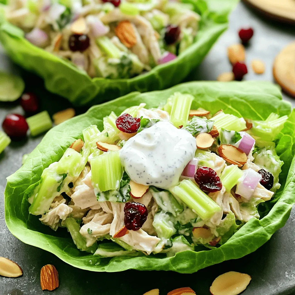 - 2 cups cooked chicken breast, shredded - 1 cup plain Greek yogurt - 1/4 cup diced celery - 1/4 cup diced red onion - 1/4 cup sliced almonds - 1/4 cup dried cranberries - 1 tablespoon Dijon mustard - 1 tablespoon honey (optional) - 1 tablespoon fresh lemon juice - Salt and pepper to taste - 8 large lettuce leaves Greek yogurt chicken salad lettuce wraps are easy to make. You start with cooked chicken breast. I love using shredded chicken for this dish. It makes the salad light and fluffy. The Greek yogurt acts as a creamy base. It gives flavor and a healthy twist. You can add diced celery for crunch. Diced red onion brings a nice bite. Next, I mix in sliced almonds. They add a delightful crunch. Dried cranberries add a touch of sweetness. This balance of flavors is what makes this dish stand out. For the dressing, I use Dijon mustard, fresh lemon juice, and honey. If you want it less sweet, skip the honey. Finally, the salt and pepper bring everything together. The lettuce leaves hold the mixture well. I prefer using romaine or butter lettuce. They are sturdy and easy to wrap. You can serve these wraps with lemon wedges. They add a fresh zing to each bite. - Calories per serving: 250 - Protein: 30g - Carbohydrates: 18g - Fat: 8g This dish is not just tasty; it's also healthy. Each serving gives you a good amount of protein from the chicken. The Greek yogurt adds more protein while keeping it low in fat. The fresh veggies give you vitamins and minerals. Using Greek yogurt offers many advantages. It is rich in protein and low in fat. It helps keep you full without excess calories. Chicken is a great protein source too. It supports muscle growth and repair. Fresh vegetables like celery and onions add fiber. Fiber helps with digestion and keeps you healthy. - Combine chicken, celery, and red onion in a bowl. - Prepare the creamy yogurt dressing. Start by placing the shredded chicken in a large bowl. Add the diced celery and red onion. Use a fork or spoon to mix them well. Make sure everything is spread out evenly. Next, in a separate bowl, combine the yogurt, Dijon mustard, honey, lemon juice, salt, and pepper. Whisk until the mixture is smooth. This creamy dressing adds flavor and moisture to the chicken salad. - Pour yogurt mixture over the chicken. - Fold in almonds and cranberries. Now, pour the yogurt dressing over the chicken mix. Stir gently until everything is coated. You want each piece of chicken to have that creamy dressing. Then, fold in the sliced almonds and dried cranberries. These add a nice crunch and a hint of sweetness. Mix just enough to keep the almonds whole. - Instructions for wrapping in lettuce leaves. - Tips for securing the wraps. To make the wraps, take a large lettuce leaf. Place a good spoonful of the chicken salad in the center. Fold the sides of the leaf over the filling. This creates a neat wrap. If you want, use a toothpick to hold the wrap together. This makes it easier to eat. Continue wrapping until all the chicken salad is used up. Enjoy these fresh and tasty wraps! To make your Greek yogurt chicken salad tasty, use fresh herbs like dill or parsley. They add a bright flavor. You can also sprinkle in garlic powder or onion powder for a nice kick. If you want sweetness but don’t have honey, try maple syrup or agave nectar. Both work well and add their unique touch. When serving the wraps, arrange them on a large platter. Drizzle a bit of honey over the wraps for a nice shine. You can add lemon wedges on the side. They give a fresh burst of flavor. Pair these wraps with a light salad or some veggie sticks for a complete meal. To store your chicken salad, keep it in an airtight container in the fridge. It stays fresh for up to three days. For the best taste, serve the salad in the wraps just before eating. This keeps the lettuce crisp and the filling flavorful. If you mix it too early, the lettuce can get soggy. {{image_4}} You can switch out the chicken for other proteins. Tofu works great for a plant-based option. Chickpeas are also a tasty choice and add fiber. For veggies, try diced bell peppers or shredded carrots. These add color and crunch to the mix. Spices can change the game. Try adding paprika or garlic powder for extra depth. Fresh herbs like dill or parsley can brighten the flavor. For dressings, use ranch or a spicy sriracha mix. These options give your wraps a unique twist. For gluten-free wraps, use lettuce as your base. This dish naturally fits low-carb diets too. If you want a vegan version, swap Greek yogurt for a dairy-free alternative. Cashew cream or coconut yogurt can work well here. These changes keep your meal healthy and satisfying. To keep your Greek yogurt chicken salad fresh, store it in an airtight container. Make sure to seal it tightly. This helps prevent odors from your fridge from seeping in. For the lettuce wraps, I suggest wrapping them in damp paper towels before placing them in a container. This keeps them crisp and fresh. Avoid stacking the wraps on top of each other to prevent crushing. You can freeze the chicken salad, but it may change texture. If you want to freeze it, store the salad in a freezer-safe container. Leave some space at the top for expansion. To thaw, place the container in the fridge overnight. When ready to serve, mix it well. If it seems too thick, add a bit of Greek yogurt to restore creaminess. Leftovers can last in the fridge for about three to four days. Always check for signs of spoilage, like a sour smell or discoloration. If anything seems off, it’s best to toss it. Enjoy your Greek yogurt chicken salad while it’s fresh for the best taste! To make these wraps, start with shredded chicken. Place it in a large bowl. Add diced celery and red onion. Mix these gently with a fork. In another bowl, whisk Greek yogurt, Dijon mustard, honey, lemon juice, salt, and pepper. Pour this creamy mix over the chicken. Stir gently until everything is coated. Fold in sliced almonds and dried cranberries for crunch. Take a lettuce leaf and add a spoonful of the chicken salad. Wrap the sides over the filling. If needed, use a toothpick to hold it together. Repeat until all wraps are made. Yes, rotisserie chicken is a great choice for this recipe. It saves time and effort. The chicken is already cooked and flavorful. Just shred it and mix it into the salad. This makes your prep time shorter. You can have a tasty meal ready in minutes. If you don’t want to use lettuce, there are many options. You can use whole grain tortillas or pita bread. They add a different texture and flavor. You can also try using collard greens or cabbage leaves. They are sturdy and work well as wraps. Another option is to serve the chicken salad in bowls. Just add some fresh veggies on the side. This post shared a simple recipe for Greek Yogurt Chicken Salad Lettuce Wraps. You learned about the main ingredients, their health benefits, and step-by-step instructions. I also covered tips for flavor enhancements and variations for dietary needs. Wraps are versatile and easy to customize. Use this recipe as a guide to create a dish you'll love. Healthy eating can be simple and fun. Enjoy your cooking journey with these wraps!