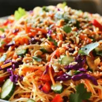 To make a tasty Spicy Thai Peanut Noodle Salad, gather these key ingredients: - 8 oz rice noodles - 1 cup shredded carrots - 1 red bell pepper, thinly sliced - 1 cucumber, julienned - 1 cup red cabbage, finely shredded - 1/4 cup fresh cilantro, chopped - 1/4 cup scallions, finely chopped - 1/2 cup creamy unsweetened peanut butter - 2 tablespoons soy sauce - 2 tablespoons freshly squeezed lime juice - 1 tablespoon honey or maple syrup - 1-2 cloves garlic, minced - 1 tablespoon freshly grated ginger - 1-2 teaspoons sriracha - Salt and freshly ground black pepper to taste - Crushed peanuts and sesame seeds for garnish These ingredients create a balance of flavors and textures. The rice noodles serve as a base, while the veggies add crunch and color. Peanut butter gives the salad a creamy richness, and the sriracha brings the heat. You can enhance the dish with these garnishes: - Crushed peanuts - Sesame seeds - A lime wedge - Extra cilantro These garnishes not only add flavor but also make the salad look beautiful. The lime wedge adds a pop of freshness, and the crushed peanuts give a nice crunch. If you need alternatives, here are some options: - Use soba noodles or vermicelli instead of rice noodles. - Swap the red bell pepper with yellow or green peppers for a different taste. - Try tahini instead of peanut butter for a nut-free option. - Coconut aminos can replace soy sauce for a gluten-free version. These substitutes allow you to customize the salad based on what you have. Feel free to mix and match to create a version that suits your taste! First, fill a large pot with water and bring it to a boil. When the water bubbles, add 8 oz of rice noodles. Cook them according to the package instructions until they are al dente. This usually takes about 4-6 minutes. After cooking, drain the noodles in a colander. Rinse them under cold water. This stops the cooking and keeps the noodles from getting mushy. Set the cooled noodles aside in a large bowl. In a separate medium bowl, mix the dressing. Start with 1/2 cup of creamy peanut butter. Then, add 2 tablespoons of soy sauce and the juice from one lime. Next, add 1 tablespoon of honey or maple syrup for sweetness. Include 1-2 cloves of minced garlic and 1 tablespoon of freshly grated ginger. For a spicy kick, add 1-2 teaspoons of sriracha. Whisk these ingredients until the mixture is smooth. If it’s too thick, add water a little at a time until it reaches the right consistency. Now, it’s time to bring it all together. To the bowl with the cooled noodles, add 1 cup of shredded carrots, 1 thinly sliced red bell pepper, 1 julienned cucumber, and 1 cup of finely shredded red cabbage. Toss in 1/4 cup of chopped cilantro and 1/4 cup of finely chopped scallions. Use tongs or your hands to mix everything gently. Make sure the noodles and veggies are evenly combined without breaking the noodles. Next, drizzle your peanut dressing over the salad. Toss everything together again, ensuring that every bite is packed with flavor. Taste the salad and season it with salt and freshly ground black pepper to your liking. You can serve this salad chilled or at room temperature. For a beautiful finish, top it with crushed peanuts and sesame seeds. Enjoy! To get the best noodle texture, cook the rice noodles until they are al dente. This means they should be firm but not hard. After cooking, drain the noodles and rinse them in cold water. This stops the cooking and keeps them from sticking. Toss them gently to avoid breaking. Keep them in a large bowl to mix with the veggies later. You can adjust the heat by changing the amount of sriracha. If you like it mild, start with one teaspoon. For more heat, add up to two teaspoons. Taste the dressing as you mix. You can always add more spice later. Remember, you can balance the heat with sweetness from honey or maple syrup. Feel free to boost the flavor with extra ingredients. Some great options include: - Chopped peanuts for crunch - Slices of fresh jalapeños for heat - Avocado for creaminess - Fresh herbs like mint or basil for freshness These additions can make your salad even more exciting and delicious! {{image_4}} You can easily make this salad vegetarian or vegan. Just skip the honey and use maple syrup instead. This sweetener works great in the dressing. You can mix in more veggies too. Add ingredients like bell peppers, broccoli, or snap peas. These add color and crunch. Want to make it heartier? Add protein to the mix. Tofu is a fantastic choice for vegetarians. Just cube it and pan-fry it until golden. For meat lovers, grilled chicken adds a nice touch. Cook the chicken with some spices for extra flavor. Shrimp is another great option. Cook them quickly in a hot pan until they turn pink. Each protein gives the salad a different taste. Not a fan of peanut sauce? No problem! You can use tahini for a nut-free option. It gives a creamy texture and rich flavor. A light soy dressing works too. Mix soy sauce, lime juice, and a touch of sesame oil. This adds a nice twist to your salad. You can even try a spicy chili sauce for extra heat. To keep your Spicy Thai Peanut Noodle Salad fresh, store it in an airtight container. Make sure the container is clean to avoid any bad flavors. Place the salad in the fridge right after serving. This way, it stays cool and tasty. If you plan to eat leftovers, try to keep the dressing separate. This helps prevent soggy noodles and veggies. Reheating this salad is not always needed, but if you prefer it warm, do so gently. Use a microwave and heat it in short bursts of 20 seconds. Stir it after each burst to ensure even warming. You can also toss it in a pan over low heat. Remember, heating too much can change the salad's texture. This salad is best enjoyed fresh, but it can last in the fridge for up to three days. If you freeze it, the texture may change. I recommend eating it within one day if frozen. To freeze, place the salad in a freezer-safe bag. Remove as much air as possible before sealing. When ready to eat, thaw it in the fridge overnight. I recommend rice noodles for this salad. They have a light and chewy texture. You can find them at most grocery stores. They cook quickly, making them perfect for busy days. Avoid using egg noodles as they change the dish's flavor and texture. Yes, you can make the peanut sauce ahead. Just store it in a jar or airtight container. Keep it in the fridge for up to a week. When you're ready to use it, just stir it well. If it’s thickened, add a little water to loosen it up. To make this salad gluten-free, use gluten-free soy sauce. You can find this in most stores. Check the labels to be sure. Also, rice noodles are naturally gluten-free, so you’re already set on that front. Absolutely! You can add more veggies to boost nutrition and flavor. Try snap peas, bell peppers, or even broccoli. Just chop them into thin pieces. This will help them mix well with the noodles and dressing. Mix and match based on your favorite veggies. This blog post covered how to create a delicious noodle salad. You learned what ingredients to use, from essential ones to optional garnishes. We provided step-by-step instructions for cooking and mixing. Plus, we shared tips for texture and flavor. Explore variations to suit your taste, whether vegetarian or with protein. Finally, I gave storage advice for freshness. Now, you can enjoy this healthy and tasty dish anytime. Happy cooking!