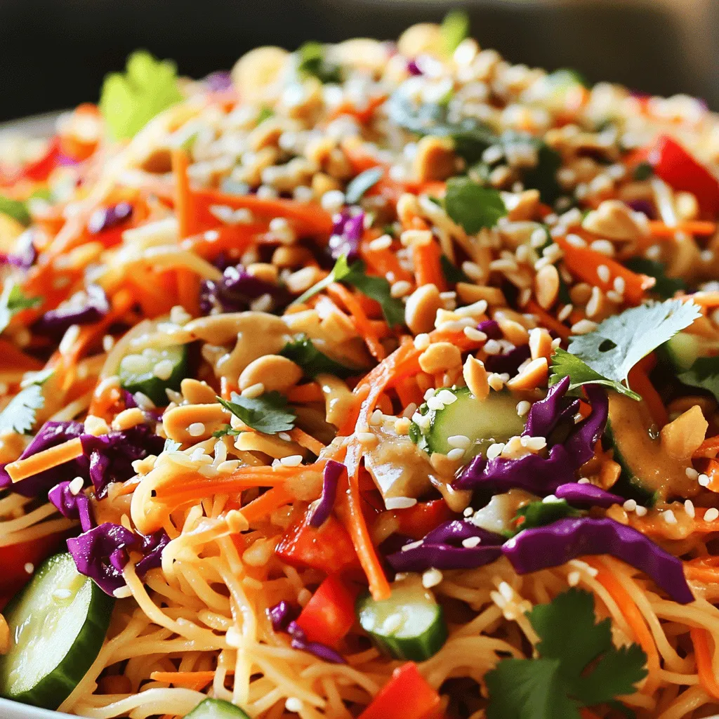 To make a tasty Spicy Thai Peanut Noodle Salad, gather these key ingredients: - 8 oz rice noodles - 1 cup shredded carrots - 1 red bell pepper, thinly sliced - 1 cucumber, julienned - 1 cup red cabbage, finely shredded - 1/4 cup fresh cilantro, chopped - 1/4 cup scallions, finely chopped - 1/2 cup creamy unsweetened peanut butter - 2 tablespoons soy sauce - 2 tablespoons freshly squeezed lime juice - 1 tablespoon honey or maple syrup - 1-2 cloves garlic, minced - 1 tablespoon freshly grated ginger - 1-2 teaspoons sriracha - Salt and freshly ground black pepper to taste - Crushed peanuts and sesame seeds for garnish These ingredients create a balance of flavors and textures. The rice noodles serve as a base, while the veggies add crunch and color. Peanut butter gives the salad a creamy richness, and the sriracha brings the heat. You can enhance the dish with these garnishes: - Crushed peanuts - Sesame seeds - A lime wedge - Extra cilantro These garnishes not only add flavor but also make the salad look beautiful. The lime wedge adds a pop of freshness, and the crushed peanuts give a nice crunch. If you need alternatives, here are some options: - Use soba noodles or vermicelli instead of rice noodles. - Swap the red bell pepper with yellow or green peppers for a different taste. - Try tahini instead of peanut butter for a nut-free option. - Coconut aminos can replace soy sauce for a gluten-free version. These substitutes allow you to customize the salad based on what you have. Feel free to mix and match to create a version that suits your taste! First, fill a large pot with water and bring it to a boil. When the water bubbles, add 8 oz of rice noodles. Cook them according to the package instructions until they are al dente. This usually takes about 4-6 minutes. After cooking, drain the noodles in a colander. Rinse them under cold water. This stops the cooking and keeps the noodles from getting mushy. Set the cooled noodles aside in a large bowl. In a separate medium bowl, mix the dressing. Start with 1/2 cup of creamy peanut butter. Then, add 2 tablespoons of soy sauce and the juice from one lime. Next, add 1 tablespoon of honey or maple syrup for sweetness. Include 1-2 cloves of minced garlic and 1 tablespoon of freshly grated ginger. For a spicy kick, add 1-2 teaspoons of sriracha. Whisk these ingredients until the mixture is smooth. If it’s too thick, add water a little at a time until it reaches the right consistency. Now, it’s time to bring it all together. To the bowl with the cooled noodles, add 1 cup of shredded carrots, 1 thinly sliced red bell pepper, 1 julienned cucumber, and 1 cup of finely shredded red cabbage. Toss in 1/4 cup of chopped cilantro and 1/4 cup of finely chopped scallions. Use tongs or your hands to mix everything gently. Make sure the noodles and veggies are evenly combined without breaking the noodles. Next, drizzle your peanut dressing over the salad. Toss everything together again, ensuring that every bite is packed with flavor. Taste the salad and season it with salt and freshly ground black pepper to your liking. You can serve this salad chilled or at room temperature. For a beautiful finish, top it with crushed peanuts and sesame seeds. Enjoy! To get the best noodle texture, cook the rice noodles until they are al dente. This means they should be firm but not hard. After cooking, drain the noodles and rinse them in cold water. This stops the cooking and keeps them from sticking. Toss them gently to avoid breaking. Keep them in a large bowl to mix with the veggies later. You can adjust the heat by changing the amount of sriracha. If you like it mild, start with one teaspoon. For more heat, add up to two teaspoons. Taste the dressing as you mix. You can always add more spice later. Remember, you can balance the heat with sweetness from honey or maple syrup. Feel free to boost the flavor with extra ingredients. Some great options include: - Chopped peanuts for crunch - Slices of fresh jalapeños for heat - Avocado for creaminess - Fresh herbs like mint or basil for freshness These additions can make your salad even more exciting and delicious! {{image_4}} You can easily make this salad vegetarian or vegan. Just skip the honey and use maple syrup instead. This sweetener works great in the dressing. You can mix in more veggies too. Add ingredients like bell peppers, broccoli, or snap peas. These add color and crunch. Want to make it heartier? Add protein to the mix. Tofu is a fantastic choice for vegetarians. Just cube it and pan-fry it until golden. For meat lovers, grilled chicken adds a nice touch. Cook the chicken with some spices for extra flavor. Shrimp is another great option. Cook them quickly in a hot pan until they turn pink. Each protein gives the salad a different taste. Not a fan of peanut sauce? No problem! You can use tahini for a nut-free option. It gives a creamy texture and rich flavor. A light soy dressing works too. Mix soy sauce, lime juice, and a touch of sesame oil. This adds a nice twist to your salad. You can even try a spicy chili sauce for extra heat. To keep your Spicy Thai Peanut Noodle Salad fresh, store it in an airtight container. Make sure the container is clean to avoid any bad flavors. Place the salad in the fridge right after serving. This way, it stays cool and tasty. If you plan to eat leftovers, try to keep the dressing separate. This helps prevent soggy noodles and veggies. Reheating this salad is not always needed, but if you prefer it warm, do so gently. Use a microwave and heat it in short bursts of 20 seconds. Stir it after each burst to ensure even warming. You can also toss it in a pan over low heat. Remember, heating too much can change the salad's texture. This salad is best enjoyed fresh, but it can last in the fridge for up to three days. If you freeze it, the texture may change. I recommend eating it within one day if frozen. To freeze, place the salad in a freezer-safe bag. Remove as much air as possible before sealing. When ready to eat, thaw it in the fridge overnight. I recommend rice noodles for this salad. They have a light and chewy texture. You can find them at most grocery stores. They cook quickly, making them perfect for busy days. Avoid using egg noodles as they change the dish's flavor and texture. Yes, you can make the peanut sauce ahead. Just store it in a jar or airtight container. Keep it in the fridge for up to a week. When you're ready to use it, just stir it well. If it’s thickened, add a little water to loosen it up. To make this salad gluten-free, use gluten-free soy sauce. You can find this in most stores. Check the labels to be sure. Also, rice noodles are naturally gluten-free, so you’re already set on that front. Absolutely! You can add more veggies to boost nutrition and flavor. Try snap peas, bell peppers, or even broccoli. Just chop them into thin pieces. This will help them mix well with the noodles and dressing. Mix and match based on your favorite veggies. This blog post covered how to create a delicious noodle salad. You learned what ingredients to use, from essential ones to optional garnishes. We provided step-by-step instructions for cooking and mixing. Plus, we shared tips for texture and flavor. Explore variations to suit your taste, whether vegetarian or with protein. Finally, I gave storage advice for freshness. Now, you can enjoy this healthy and tasty dish anytime. Happy cooking!
