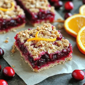 - 2 cups fresh or frozen cranberries (if frozen, ensure they are thawed) - 1 cup freshly squeezed orange juice - 1 tablespoon orange zest (preferably from an organic orange for best flavor) - ¾ cup granulated sugar - 1 teaspoon ground cinnamon - 1 teaspoon cornstarch - 1½ cups all-purpose flour - ½ cup packed brown sugar - ¾ cup rolled oats - ½ cup unsalted butter, melted and slightly cooled - ½ teaspoon baking powder - A pinch of salt You can swap fresh cranberries for dried cranberries in a pinch. Just soak them in warm water for about 15 minutes first. If you need a dairy-free option, use coconut oil instead of butter. For a gluten-free version, choose gluten-free flour blends. You can also use maple syrup instead of granulated sugar for a different flavor. Fresh cranberries give the best flavor and texture. They are tart and juicy. If you use frozen cranberries, ensure they are fully thawed. This helps keep the filling from being too watery. Drain any excess liquid before cooking. Remember, both types work well, so choose what you have on hand! First, preheat your oven to 350°F (175°C). This step warms your oven for even baking. Next, take a 9x9 inch baking dish and line it with parchment paper. The paper helps with easy removal later. Make sure the paper hangs over the edges. This makes lifting out the bars simple. In a medium saucepan, add 2 cups of cranberries. You can use fresh or frozen ones, but if using frozen, make sure they are thawed. Pour in 1 cup of freshly squeezed orange juice and add 1 tablespoon of orange zest. Then, add ¾ cup of granulated sugar and 1 teaspoon of ground cinnamon. Stir everything together. Cook over medium heat for about 5-7 minutes. You will notice the cranberries start to burst and release their juices. While that cooks, make a cornstarch slurry. Mix 1 teaspoon of cornstarch with 1 tablespoon of water in a small bowl. Once the cranberries are ready, stir in the cornstarch mixture. Cook for another 2-3 minutes until it thickens. Set this mixture aside to cool slightly. In a large mixing bowl, combine 1½ cups of all-purpose flour, ½ cup of packed brown sugar, and ¾ cup of rolled oats. Add ½ teaspoon of baking powder and a pinch of salt. Pour in ½ cup of melted unsalted butter. Mix these ingredients together until it becomes crumbly. This mixture will be both your base and topping. Now, take two-thirds of this crumble mixture and press it into the bottom of the prepared baking dish. This layer should be even and solid. Spoon the cranberry-orange filling over the pressed base. Spread it out evenly to cover the crumble layer. Then, take the remaining crumble mixture and sprinkle it on top of the cranberry filling. Cover it completely for a nice topping. Now, place the dish in the preheated oven. Bake for 30-35 minutes, until the top turns golden brown and smells great. After baking, let the dish cool in the pan for at least 30 minutes. Use the overhanging parchment paper to lift the bars out. Then, slice them into squares or bars. To make your cranberry orange bars really pop, choose fresh ingredients. Use fresh cranberries if possible. They bring a bright taste. Freshly squeezed orange juice adds a zing. Don't skip the orange zest; it gives a nice aroma. Combine these flavors as you cook the filling. Stir well and let them cook until the cranberries burst. This helps mix the flavors fully. Baking time can change based on your oven. I recommend checking the bars at 30 minutes. Look for a golden-brown top. If they are not brown enough, bake for an extra 5 minutes. Keep an eye on them to avoid burning. Every oven is different, so trust your senses. The sweet smell will guide you, too. Once the bars cool for 30 minutes, it’s time to cut. Use the parchment paper to lift the bars out. This makes cutting easier. Cut them into squares or rectangles. A sharp knife works best for clean edges. Serve them warm or at room temperature. Dust with powdered sugar for a fancy touch. These bars are perfect for snacks or dessert. Enjoy sharing this treat with friends! {{image_4}} You can make cranberry orange crumble bars even better by adding nuts or seeds. Chopped walnuts or pecans add a nice crunch. You can also use sunflower seeds or pumpkin seeds for a healthy twist. Just mix in about ½ cup of your choice into the crumble mixture. This not only adds texture but also boosts the flavor. While cranberries and oranges shine in this recipe, you can switch things up. Try using blueberries, raspberries, or even diced apples. If you want a tropical twist, mango or pineapple works well too. Just keep the same juice and zest amount to maintain the flavor balance. The key is to keep the fruit juicy to blend well with the crumble. To make these bars vegan, swap the butter for coconut oil or a plant-based butter. Use maple syrup or agave instead of granulated sugar for sweetness. For gluten-free bars, replace all-purpose flour with almond flour or a gluten-free blend. Make sure to check that your oats are certified gluten-free. These changes ensure everyone can enjoy this tasty treat! To store leftover cranberry orange crumble bars, let them cool completely. Then, place them in an airtight container. They can last in the fridge for up to five days. If you want to keep them longer, freezing is a great option. To freeze the bars, first, cut them into squares. Wrap each square tightly in plastic wrap. Then, place the wrapped bars in a freezer bag. They can last up to three months in the freezer. When you're ready to enjoy them, thaw them overnight in the fridge. To reheat the bars, preheat your oven to 350°F (175°C). Place the bars on a baking sheet. Heat them for about 10-15 minutes until warm. You can also microwave them for 15-20 seconds. Enjoy them warm for the best taste! Yes, you can use dried cranberries. However, the bars will taste different. Dried cranberries are sweeter and less tart than fresh ones. To balance this, cut the sugar in the recipe by a bit. Soak the dried cranberries in hot water for about 10 minutes. This will help them plump up and improve the texture. The bars are done when the top turns a golden brown color. You should also smell a delicious aroma filling your kitchen. A toothpick inserted in the center should come out mostly clean, with a few crumbs sticking to it. Let them cool for at least 30 minutes in the pan before slicing. Yes, you can make these bars ahead of time! They store well in an airtight container for up to five days. You can also freeze them for up to three months. Just make sure to wrap them tightly in plastic wrap before freezing. Thaw in the fridge overnight when you are ready to enjoy them. This guide showed you how to make delicious cranberry orange crumble bars. We covered the key ingredients, step-by-step instructions, and helpful tips. You learned variations to suit your taste and how to store leftovers. These bars are easy to make for any occasion. Enjoy sharing them with friends and family. Happy baking!