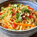 - 8 oz rice noodles - 1 cup smooth peanut butter - 2 tablespoons soy sauce - 2 tablespoons fresh lime juice - 1 tablespoon honey or agave syrup - 1 tablespoon sriracha (adjust to taste) - 1 clove garlic, minced - 1-inch piece of fresh ginger, grated - 1/4 cup water (adjust for sauce) - 1 red bell pepper, julienned - 1 cup fresh shredded carrots - 1/2 cup green onions, thinly sliced - 1/4 cup fresh cilantro, chopped - Crushed peanuts for topping If you can’t find rice noodles, use whole wheat or even zucchini noodles. For a nut-free option, substitute peanut butter with sunbutter. If you want more spice, add extra sriracha or a pinch of red pepper flakes. You can also swap honey with maple syrup for a vegan option. Each choice can give you a new twist on this dish! Start by boiling a large pot of salted water. Once it boils, add 8 oz of rice noodles. Cook them for about 5 to 7 minutes. You want them al dente, meaning slightly firm. Drain the noodles well and set them aside for later. In a medium bowl, combine these ingredients: - 1 cup smooth peanut butter - 2 tablespoons soy sauce - 2 tablespoons fresh lime juice - 1 tablespoon honey or agave syrup - 1 tablespoon sriracha (adjust to taste) - 1 clove garlic, minced - 1-inch piece of fresh ginger, grated - 1/4 cup water Whisk everything together until smooth. If it feels too thick, add a bit more water to thin it out. Heat a large skillet or wok on medium heat. Add a splash of oil once it’s hot. Toss in the julienned red bell pepper and shredded carrots. Sauté them for about 3 to 4 minutes. You want them soft but still crunchy. Add the drained rice noodles to the skillet with the vegetables. Pour the peanut sauce over the top. Gently toss everything to coat the noodles well. Cook for an extra 2 to 3 minutes until everything is warm. Use tongs to serve the spicy peanut noodles on plates. Top each plate with sliced green onions, fresh cilantro, and crushed peanuts. This adds crunch and flavor. Serve in deep bowls to catch any extra sauce. A lime wedge on the side brings a nice zest! To adjust the spice level, start with one tablespoon of sriracha. Mix it into the sauce. Taste it before adding more. If you want it hotter, add more sriracha. For a milder flavor, use less sriracha. You can also add a splash of coconut milk to cool it down. This makes your noodles tasty without overwhelming heat. The peanut sauce needs to be smooth and creamy. If it is too thick, add more water. Start with one tablespoon at a time. Whisk well after each addition. The sauce should coat the noodles nicely. If it is too thin, add more peanut butter. This will thicken it up quickly. Finding the right balance makes your dish shine. To store leftovers, let the noodles cool down first. Place them in an airtight container. They stay fresh in the fridge for up to three days. Reheat in a skillet over low heat. Add a splash of water to keep them moist. You can also microwave them for quick meals. Enjoy your tasty leftovers! {{image_4}} You can easily make this dish vegetarian or vegan. Simply use agave syrup instead of honey. All the other ingredients, like peanut butter and noodles, are already plant-based. For added flavor, toss in some extra vegetables. Broccoli, snap peas, or zucchini work well. These add color and crunch, making your dish even more delightful. If you want more protein, chicken, tofu, or shrimp are great options. For chicken, sauté strips in the skillet until they are cooked through. For tofu, use firm tofu, and pan-fry it until golden. Shrimp cooks quickly, so add them last to avoid overcooking. Each protein choice brings a different texture and flavor, enhancing your meal. You can switch up the vegetables based on what you have on hand. Bell peppers, carrots, and green onions are classic choices. Try adding mushrooms for umami or spinach for some greens. Mix and match to find your favorite combo. The goal is to keep the dish colorful and tasty, so use what you love. To store leftovers, let the spicy Thai peanut noodles cool to room temperature. Transfer them to an airtight container. Make sure to seal it well. Place the container in the fridge. These noodles stay fresh for up to three days. For longer storage, you can freeze the noodles. First, cool them completely. Then, pack them in a freezer-safe bag or container. Remove as much air as possible to avoid freezer burn. You can freeze the noodles for up to three months. To reheat, you have a few options. You can use the microwave for quick heat. Just place a portion in a bowl and cover it. Heat for one to two minutes, stirring halfway. You can also use a skillet. Add a splash of water or oil to the pan. Heat the noodles over medium heat, stirring until warm. Enjoy your meal! You can use other noodles if you don’t have rice noodles. Try using egg noodles or whole wheat noodles. Zucchini noodles or spaghetti squash are great low-carb choices. They provide a nice texture and soak up the peanut sauce well. To make the recipe gluten-free, use gluten-free soy sauce. Look for tamari, which is a gluten-free soy sauce. Ensure your rice noodles are also labeled gluten-free. This way, you can enjoy the dish without worry. Yes! You can make the peanut sauce ahead of time. Store it in an airtight container in the fridge for up to a week. Just stir it well before using. If it thickens, add a little water to thin it out. If you need a substitute for peanut butter, try almond butter or cashew butter. Sunflower seed butter is another good choice for nut-free diets. Each option gives a unique flavor and works well in the sauce. This blog post provided a clear guide on making a delicious dish. We covered key ingredients, from rice noodles to optional garnishes. I shared step-by-step cooking instructions and helpful tips to enhance your meal. You now have options for variations and easy storage advice. My final thoughts: Experiment with flavors and make this dish yours. Enjoy the process of cooking and tasting!