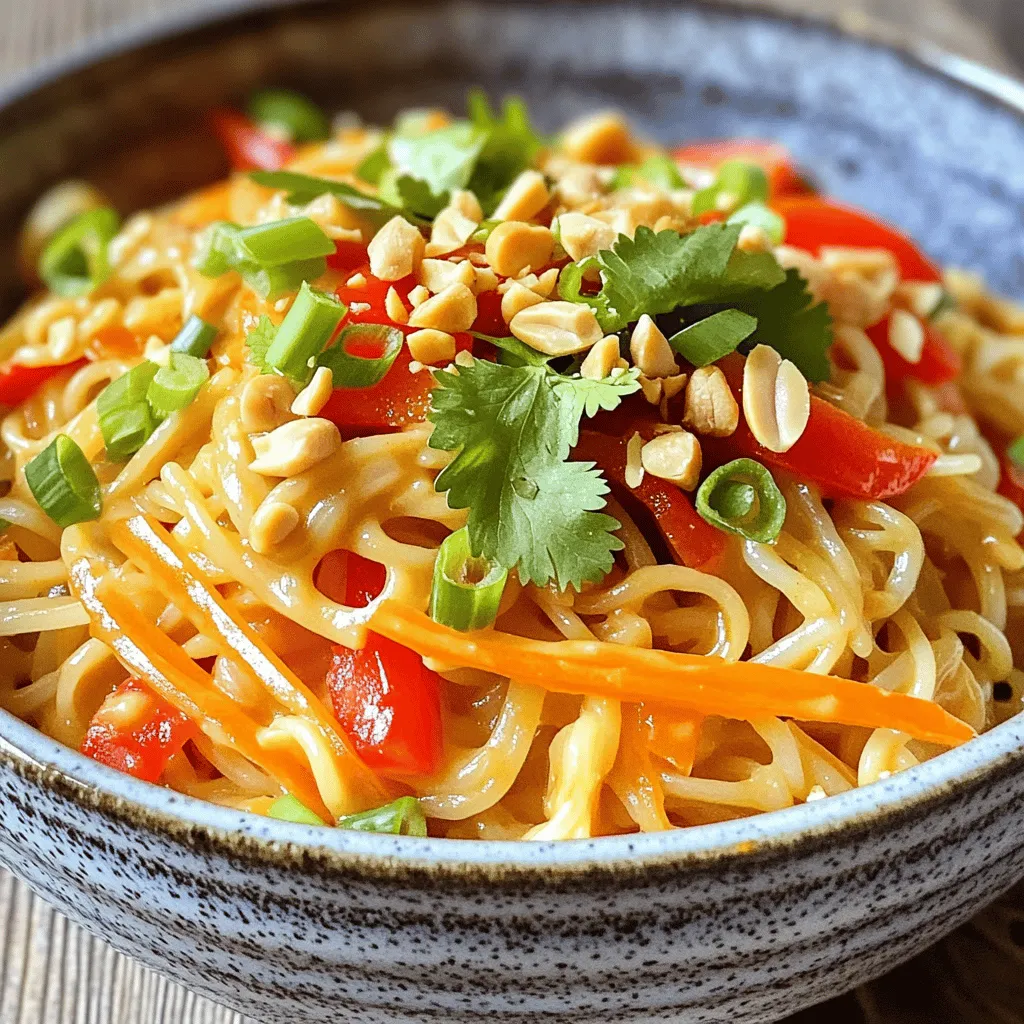 - 8 oz rice noodles - 1 cup smooth peanut butter - 2 tablespoons soy sauce - 2 tablespoons fresh lime juice - 1 tablespoon honey or agave syrup - 1 tablespoon sriracha (adjust to taste) - 1 clove garlic, minced - 1-inch piece of fresh ginger, grated - 1/4 cup water (adjust for sauce) - 1 red bell pepper, julienned - 1 cup fresh shredded carrots - 1/2 cup green onions, thinly sliced - 1/4 cup fresh cilantro, chopped - Crushed peanuts for topping If you can’t find rice noodles, use whole wheat or even zucchini noodles. For a nut-free option, substitute peanut butter with sunbutter. If you want more spice, add extra sriracha or a pinch of red pepper flakes. You can also swap honey with maple syrup for a vegan option. Each choice can give you a new twist on this dish! Start by boiling a large pot of salted water. Once it boils, add 8 oz of rice noodles. Cook them for about 5 to 7 minutes. You want them al dente, meaning slightly firm. Drain the noodles well and set them aside for later. In a medium bowl, combine these ingredients: - 1 cup smooth peanut butter - 2 tablespoons soy sauce - 2 tablespoons fresh lime juice - 1 tablespoon honey or agave syrup - 1 tablespoon sriracha (adjust to taste) - 1 clove garlic, minced - 1-inch piece of fresh ginger, grated - 1/4 cup water Whisk everything together until smooth. If it feels too thick, add a bit more water to thin it out. Heat a large skillet or wok on medium heat. Add a splash of oil once it’s hot. Toss in the julienned red bell pepper and shredded carrots. Sauté them for about 3 to 4 minutes. You want them soft but still crunchy. Add the drained rice noodles to the skillet with the vegetables. Pour the peanut sauce over the top. Gently toss everything to coat the noodles well. Cook for an extra 2 to 3 minutes until everything is warm. Use tongs to serve the spicy peanut noodles on plates. Top each plate with sliced green onions, fresh cilantro, and crushed peanuts. This adds crunch and flavor. Serve in deep bowls to catch any extra sauce. A lime wedge on the side brings a nice zest! To adjust the spice level, start with one tablespoon of sriracha. Mix it into the sauce. Taste it before adding more. If you want it hotter, add more sriracha. For a milder flavor, use less sriracha. You can also add a splash of coconut milk to cool it down. This makes your noodles tasty without overwhelming heat. The peanut sauce needs to be smooth and creamy. If it is too thick, add more water. Start with one tablespoon at a time. Whisk well after each addition. The sauce should coat the noodles nicely. If it is too thin, add more peanut butter. This will thicken it up quickly. Finding the right balance makes your dish shine. To store leftovers, let the noodles cool down first. Place them in an airtight container. They stay fresh in the fridge for up to three days. Reheat in a skillet over low heat. Add a splash of water to keep them moist. You can also microwave them for quick meals. Enjoy your tasty leftovers! {{image_4}} You can easily make this dish vegetarian or vegan. Simply use agave syrup instead of honey. All the other ingredients, like peanut butter and noodles, are already plant-based. For added flavor, toss in some extra vegetables. Broccoli, snap peas, or zucchini work well. These add color and crunch, making your dish even more delightful. If you want more protein, chicken, tofu, or shrimp are great options. For chicken, sauté strips in the skillet until they are cooked through. For tofu, use firm tofu, and pan-fry it until golden. Shrimp cooks quickly, so add them last to avoid overcooking. Each protein choice brings a different texture and flavor, enhancing your meal. You can switch up the vegetables based on what you have on hand. Bell peppers, carrots, and green onions are classic choices. Try adding mushrooms for umami or spinach for some greens. Mix and match to find your favorite combo. The goal is to keep the dish colorful and tasty, so use what you love. To store leftovers, let the spicy Thai peanut noodles cool to room temperature. Transfer them to an airtight container. Make sure to seal it well. Place the container in the fridge. These noodles stay fresh for up to three days. For longer storage, you can freeze the noodles. First, cool them completely. Then, pack them in a freezer-safe bag or container. Remove as much air as possible to avoid freezer burn. You can freeze the noodles for up to three months. To reheat, you have a few options. You can use the microwave for quick heat. Just place a portion in a bowl and cover it. Heat for one to two minutes, stirring halfway. You can also use a skillet. Add a splash of water or oil to the pan. Heat the noodles over medium heat, stirring until warm. Enjoy your meal! You can use other noodles if you don’t have rice noodles. Try using egg noodles or whole wheat noodles. Zucchini noodles or spaghetti squash are great low-carb choices. They provide a nice texture and soak up the peanut sauce well. To make the recipe gluten-free, use gluten-free soy sauce. Look for tamari, which is a gluten-free soy sauce. Ensure your rice noodles are also labeled gluten-free. This way, you can enjoy the dish without worry. Yes! You can make the peanut sauce ahead of time. Store it in an airtight container in the fridge for up to a week. Just stir it well before using. If it thickens, add a little water to thin it out. If you need a substitute for peanut butter, try almond butter or cashew butter. Sunflower seed butter is another good choice for nut-free diets. Each option gives a unique flavor and works well in the sauce. This blog post provided a clear guide on making a delicious dish. We covered key ingredients, from rice noodles to optional garnishes. I shared step-by-step cooking instructions and helpful tips to enhance your meal. You now have options for variations and easy storage advice. My final thoughts: Experiment with flavors and make this dish yours. Enjoy the process of cooking and tasting!