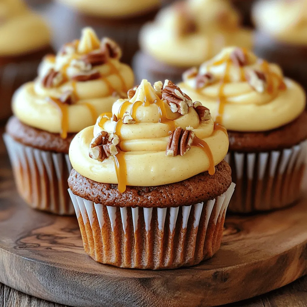 - 1 cup all-purpose flour - 1 teaspoon baking powder - 1/2 teaspoon baking soda - 1/2 teaspoon ground cinnamon - 1/2 teaspoon ground nutmeg - 1/4 teaspoon ground ginger - 1/4 teaspoon salt For pumpkin cupcakes, the dry ingredients are key. All-purpose flour forms the base. Baking powder and baking soda help the cupcakes rise. Ground spices like cinnamon, nutmeg, and ginger give them that cozy fall flavor. Salt balances the sweetness and enhances the taste. - 1/2 cup granulated sugar - 1/2 cup packed brown sugar - 1/2 cup vegetable oil - 1 cup pumpkin puree (canned or homemade) - 2 large eggs - 1 teaspoon vanilla extract Next, we move to the wet ingredients. Granulated sugar adds sweetness. Brown sugar gives a deeper flavor. Vegetable oil keeps the cupcakes moist. Pumpkin puree is the star, adding flavor and texture. Eggs bind everything together, while vanilla extract adds extra warmth. - 8 ounces cream cheese, softened - 1/4 cup unsalted butter, softened - 1 cup powdered sugar - 1/4 cup caramel sauce (plus extra for garnish) - 1/2 teaspoon vanilla extract Now for the frosting! Cream cheese and butter make a rich base. Powdered sugar sweetens it up. Caramel sauce adds that heavenly flavor. The extra caramel on top gives a lovely finish. For the full recipe, you can check the details included above. 1. Preheat your oven to 350°F (175°C). Line a 12-cup muffin tin with colorful cupcake liners. This will make them fun and festive. 2. In a medium bowl, whisk together these dry ingredients: - 1 cup all-purpose flour - 1 teaspoon baking powder - 1/2 teaspoon baking soda - 1/2 teaspoon ground cinnamon - 1/2 teaspoon ground nutmeg - 1/4 teaspoon ground ginger - 1/4 teaspoon salt 3. Set the bowl aside. Next, in a large bowl, mix together: - 1/2 cup granulated sugar - 1/2 cup packed brown sugar - 1/2 cup vegetable oil 4. Stir until the mixture is smooth. Add in two large eggs, one at a time. Mix well after each egg. Then, add 1 cup pumpkin puree and 1 teaspoon vanilla extract. Whisk until the batter is smooth. 1. Now, gently fold the dry mix into the wet mix. Be careful not to overmix. The batter should be just combined and slightly lumpy. 1. Using a spoon or scoop, fill each cupcake liner about two-thirds full. This allows room for rising. 2. Bake in your preheated oven for 18-20 minutes. Check for doneness by inserting a toothpick into the center. If it comes out clean, they are done. Let the cupcakes cool in the tin for about 5 minutes, then transfer them to a wire rack to cool completely. 1. While the cupcakes cool, prepare the frosting. In a mixing bowl, beat together 8 ounces of softened cream cheese and 1/4 cup of softened unsalted butter. Mix until creamy and smooth. 2. Gradually add in 1 cup of powdered sugar, mixing well after each addition. Once smooth, pour in 1/4 cup of caramel sauce and 1/2 teaspoon of vanilla extract. Continue mixing until the frosting is light and fluffy. 1. Once the cupcakes are cool, use a spatula or piping bag to frost each cupcake. Make sure to be generous with the frosting. 2. For an extra touch, drizzle more caramel sauce over the tops of the frosted cupcakes. This adds sweetness and makes them look beautiful. For the full recipe, check [Full Recipe]. To make your pumpkin cupcakes perfect, focus on mixing. Preventing overmixing is key. Mix the dry and wet ingredients until just combined. The batter should look a bit lumpy. This step keeps the cupcakes fluffy and light. If you mix too much, the cupcakes can turn out dense. Next, let’s talk about ensuring moist texture. Use fresh pumpkin puree, as it adds rich flavor and moisture. You can also check the baking time closely. A toothpick should come out clean but with a few crumbs. This means your cupcakes are perfectly baked and moist. Frosting can change your cupcake game. Decide between using a piping bag vs. spatula. A piping bag gives a neat, professional look. If you use a spatula, go for a rustic touch. Both methods taste amazing! For tips for decorative garnishing, think about adding a sprinkle of chopped pecans or a drizzle of caramel. These add texture and make your cupcakes look stunning. You want them to be as tasty as they are pretty. To make your cupcakes even better, consider adding spices or extracts. A pinch of clove or extra cinnamon can boost the flavor. You can also try vanilla extract for a deeper taste. Finally, think about customizing sweetness level. You can adjust the sugar in the batter or frosting. If you like it sweeter, add a bit more caramel sauce to the frosting. For a less sweet touch, cut back on the sugar. For the Full Recipe, check the recipe section. Enjoy making your delicious pumpkin cupcakes! {{image_4}} You can change the flavor of your pumpkin cupcakes to keep things exciting. One fun option is chocolate pumpkin cupcakes. To make these, simply add cocoa powder to the batter. You can use about 1/3 cup of cocoa. This will give your cupcakes a rich, chocolaty taste that pairs well with pumpkin. Another tasty idea is nutty pumpkin cupcakes with pecans. Just fold in some chopped pecans into the batter before baking. The crunchy nuts add a great texture that contrasts nicely with the soft cupcake. When it comes to frosting, you have choices. Cream cheese frosting is a classic, but you might want to try whipped cream instead. Whipped cream gives a light and fluffy texture. It can be a nice change if you want a less sweet option. You can also switch to chocolate or maple frosting. Chocolate frosting adds a deep flavor that complements the pumpkin. For a sweeter touch, use maple frosting. This will give your cupcakes a warm, cozy taste that’s perfect for fall. If you want a healthier version, there are easy swaps. Use gluten-free flour to make your cupcakes gluten-free. This way, everyone can enjoy them! You can also try lower sugar alternatives. Using applesauce or honey instead of sugar can cut down on calories. These options keep your cupcakes sweet while adding extra flavor and moisture. These variations will make your pumpkin cupcakes even more fun and delicious! Check out the Full Recipe to try these ideas at home. To keep your pumpkin cupcakes fresh, store them in an airtight container. This helps keep out air and moisture. You can choose to refrigerate them or keep them at room temperature. If you live in a warm climate, it's best to refrigerate. Otherwise, room temperature works fine for a day or two. If you want to save your cupcakes for later, freezing is a great option. To freeze them, wrap each cupcake tightly in plastic wrap. Then, place them in a freezer bag. This keeps the flavor and texture intact. When you are ready to enjoy them, just take them out and let them thaw. Leave them at room temperature for about an hour. These pumpkin cupcakes are best enjoyed fresh. They last about 3 to 5 days in the fridge. If frozen, they can last up to 3 months. Look for signs that your cupcakes may have gone bad. If they smell off or have mold, it's time to toss them. Enjoy your pumpkin spice wonders while they are still fresh! For the full recipe, check here. Yes, you can use homemade pumpkin puree. To make it, roast a small pumpkin until soft, then scoop out the flesh and blend until smooth. Homemade puree often has a fresher taste but may be thinner than canned. If it's too watery, strain it using a cheesecloth. This helps keep your batter thick and rich. To check if your cupcakes are done, use the toothpick test. Insert a toothpick into the center of a cupcake. If it comes out clean or with just a few crumbs, your cupcakes are ready. If the toothpick has wet batter on it, bake a few more minutes and test again. Yes, you can make the frosting ahead of time. Store it in an airtight container in the fridge for up to three days. When ready to use, bring it to room temperature and whip it again for a smooth texture. Frosting can also be frozen for up to three months. Just thaw it in the fridge before using. If your cupcakes turn out too dry, you can fix them. Try brushing them with a simple syrup made from equal parts sugar and water. Also, ensure you're not overbaking them. Keep an eye on the time and use the toothpick test. Adding applesauce or yogurt in the batter can help add moisture next time. To boost the flavor, consider adding spices or extracts. A pinch of cloves or allspice adds warmth. For a richer taste, add a teaspoon of maple syrup or vanilla extract. You can even mix in some chocolate chips for a fun twist. Experiment to find your favorite flavor combinations. For the complete recipe, see the [Full Recipe]. In this article, we explored the key ingredients and steps to bake perfect pumpkin cupcakes. We covered everything from mixing dry and wet ingredients to crafting a delicious frosting. I shared tips for moist texture and flavorful variations to keep your cupcakes exciting. Remember, baking is all about experimenting and having fun. Enjoy the process and unleash your creativity with these recipes!