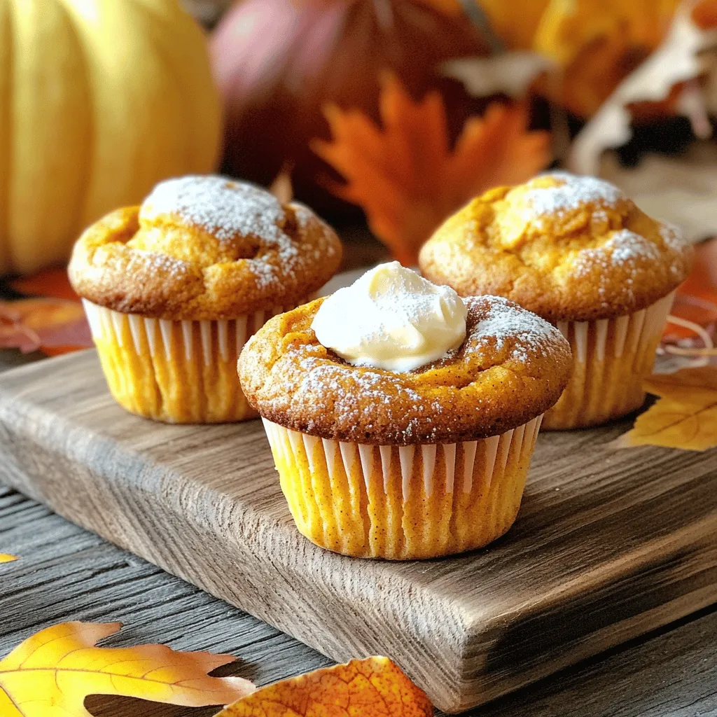 - 1 ½ cups all-purpose flour - 1 teaspoon baking soda - ½ teaspoon baking powder - 1 teaspoon ground cinnamon - ½ teaspoon ground nutmeg - ¼ teaspoon ground ginger - ½ teaspoon salt - ½ cup granulated sugar - ½ cup packed brown sugar - 1 cup canned pumpkin puree - ½ cup vegetable oil - 2 large eggs - 1 teaspoon vanilla extract - 4 oz cream cheese, softened - 2 tablespoons powdered sugar - 1 tablespoon lemon juice (optional) You can switch some ingredients if needed. For gluten-free muffins, use a gluten-free flour mix. If you want a dairy-free option, try a dairy-free cream cheese. You can also cut the sugar if you prefer less sweetness. - Muffin tin - Mixing bowls - Whisk and spatula Having the right tools makes the process easier. A good muffin tin helps your muffins bake evenly. Mixing bowls in different sizes keep things organized. A whisk blends your wet ingredients well. A spatula helps mix everything gently to avoid lumps. 1. Preheat the Oven: Start by preheating your oven to 350°F (175°C). This step is key for even baking. 2. Prepare the Muffin Tin: Line your muffin tin with paper liners or grease it lightly with oil. This keeps the muffins from sticking. 1. Combining Flour and Spices: In a medium bowl, whisk together these dry ingredients: - 1 ½ cups all-purpose flour - 1 teaspoon baking soda - ½ teaspoon baking powder - 1 teaspoon ground cinnamon - ½ teaspoon ground nutmeg - ¼ teaspoon ground ginger - ½ teaspoon salt Mix until all the dry ingredients blend well. Set this bowl aside. 1. Blending Pumpkin Puree and Sugars: In a large bowl, mix these wet ingredients: - ½ cup granulated sugar - ½ cup packed brown sugar - 1 cup canned pumpkin puree - ½ cup vegetable oil - 2 large eggs - 1 teaspoon vanilla extract Use a whisk or an electric mixer. Blend until smooth. 1. Folding Dry Ingredients into Wet: Slowly add the dry mixture to the wet bowl. Stir gently with a spatula. Mix just enough until combined; some lumps are fine. 1. Preparing the Cream Cheese Mixture: In a small bowl, beat together: - 4 oz cream cheese, softened - 2 tablespoons powdered sugar - 1 tablespoon lemon juice (optional) Mix until creamy and smooth. 1. Filling the Muffin Cups: Spoon the pumpkin batter into each muffin cup until halfway full. 2. Add Cream Cheese: Place a teaspoon of the cream cheese mixture in the center. Cover with more pumpkin batter, filling each cup to about ¾ full. 3. Bake the Muffins: Put the muffin tin in the oven. Bake for 18-20 minutes. Check for doneness with a toothpick; it should come out clean. Follow the [Full Recipe] for more details on prep time and yields. To ensure your muffins are fluffy and moist, follow these steps: - Use room temperature ingredients: Let your eggs and cream cheese sit out for about 30 minutes. - Don’t overmix: When combining the dry and wet ingredients, mix until just combined. A few lumps are okay. - Use fresh leavening agents: Make sure your baking soda and baking powder are fresh. This helps the muffins rise well. Proper cooling is key for great muffins. Here’s how: - Cool in the pan: After baking, let your muffins cool in the pan for about 5 minutes. This helps them set. - Transfer to a wire rack: Move them to a wire rack to cool completely. This prevents sogginess. - Serve warm: Muffins taste best warm. You can reheat them slightly in the microwave if needed. Make your muffins look as good as they taste: - Dust with powdered sugar: A light dusting on top adds a beautiful touch. - Serve on a rustic board: This adds charm and brings out the fall vibe. - Garnish with leaves: A few colorful autumn leaves can make your muffins pop on the table. For the full recipe, check out the detailed instructions above. Enjoy your tasty Pumpkin Cream Cheese Muffins! {{image_4}} You can easily change up the flavors in these muffins. Adding nuts gives a nice crunch. Try walnuts or pecans for a warm taste. Chocolate chips also make a sweet addition. They add a rich flavor that complements the pumpkin well. If you need a gluten-free version, use a gluten-free flour mix. This keeps the muffins tasty while fitting your needs. For a dairy-free option, swap the cream cheese with a vegan cream cheese. This makes the muffins friendly for more diets. You can spice things up with seasonal flavors. Add a pinch of cloves or allspice for a warmer taste. You could also mix in some orange zest for a bright citrus note. This gives your muffins a fresh twist, perfect for fall. For the full recipe, check the details above. Enjoy making your muffins! To store your pumpkin cream cheese muffins at room temperature, place them in an airtight container. This keeps them fresh for up to three days. Make sure they cool completely before sealing them. You can also use plastic wrap for individual muffins. This way, you can grab a treat anytime. For long-term storage, freezing is your best option. Wrap each muffin tightly in plastic wrap, then place them in a freezer bag. They can last up to three months in the freezer. When you’re ready to enjoy them, pull them out and let them thaw at room temperature. You can also warm them in the oven for a few minutes. This brings back their soft and fluffy texture. If you want more details on making these muffins, check out the Full Recipe. Now you have all you need to bake delicious pumpkin cream cheese muffins. We covered ingredients, equipment, and step-by-step instructions. You learned tips for perfect muffins, flavor variations, and how to store them. Remember, baking is about trying new things. Use the tips to make these muffins your own. Enjoy your baking journey! Happy snacking!