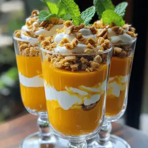 - 1 cup pumpkin puree - 1 cup heavy cream - 1/2 cup powdered sugar These three ingredients form the base of the Pumpkin Delight dessert. The pumpkin puree gives a rich flavor and smooth texture. The heavy cream adds a creamy touch that makes every bite melt in your mouth. Powdered sugar sweetens the mixture without making it grainy. - 1 teaspoon vanilla extract - 1 teaspoon ground cinnamon - 1/2 teaspoon ground nutmeg - 1/4 teaspoon ground ginger These spices enhance the dessert's flavor. The vanilla extract adds warmth, while cinnamon, nutmeg, and ginger bring a cozy aroma. Together, they create a perfect fall vibe that makes this dessert special. - 1 cup crushed gingersnap cookies - 1/2 cup chopped pecans (optional) - Fresh mint leaves for garnish Garnishes take the dessert to another level. Crushed gingersnap cookies add a sweet crunch. Chopped pecans give a nutty flavor, while fresh mint leaves make the dish look beautiful. These touches make the Pumpkin Delight not just tasty, but also a feast for the eyes. For the full recipe, check the detailed steps outlined above. To start, take a large mixing bowl. Add 1 cup of pumpkin puree. Next, gently whisk in 1 cup of heavy cream. Then, add 1/2 cup of powdered sugar. Mix until smooth. You want no lumps in your pumpkin mixture. It should feel creamy. Now, enhance the flavor! Stir in 1 teaspoon of vanilla extract. Next, add 1 teaspoon of ground cinnamon, 1/2 teaspoon of ground nutmeg, and 1/4 teaspoon of ground ginger. Mix until all spices blend well. The aroma will fill your kitchen! In a separate bowl, combine 1 cup of crushed gingersnap cookies. If you like nuts, add 1/2 cup of chopped pecans. Mix well. Reserve about two tablespoons of this mixture for later. Now, grab your serving glasses. Start with a layer of the pumpkin mixture. Spoon it in generously. Then, add a layer of the gingersnap mixture. Alternate layers until you reach the top. Aim to finish with the creamy pumpkin layer on top for a lovely look. Now, cover the glasses with plastic wrap. It’s time to chill! Refrigeration is key. This helps the flavors meld together. I recommend chilling for at least 2 hours. This waiting time is crucial for the best taste. Before you serve, sprinkle the reserved gingersnap and pecan mixture on top. This adds a nice crunch. Garnish with fresh mint leaves for a pop of color. Enjoy your Pumpkin Delight Dessert! You can find the complete steps in the Full Recipe. To avoid lumps in the pumpkin mixture, start with a smooth pumpkin puree. Use a whisk to mix the pumpkin puree and heavy cream well. This step is key for a creamy texture. If you notice lumps, keep whisking until it’s smooth. For the right consistency, you want it creamy but not too thick. If it feels too thick, add a bit more heavy cream. Mix until you achieve a light and fluffy texture. Use clear glassware for serving. It shows off the pretty layers of your dessert. A parfait glass or small mason jars work well. The clear sides let everyone see the colorful layers. For garnishing, get creative! Sprinkle crushed gingersnap cookies on top for crunch. You can also add chopped pecans for a nutty flavor. A sprig of fresh mint adds a pop of color and freshness. Store the dessert in the fridge for up to two days. This keeps it fresh and tasty. Cover each glass with plastic wrap to prevent drying. To maintain flavor and texture, do not freeze this dessert. Chilling it helps the flavors meld. Just remember to let it chill for at least two hours before serving. For the best experience, serve it cold. For the full recipe and more tips, check out the Full Recipe. {{image_4}} You can change the cookie base for this dessert. Try using chocolate cookies for a rich taste. You can also use vanilla wafers for a lighter flavor. If you need a gluten-free option, use gluten-free gingersnap cookies. These work well and keep the same great taste. Want to mix it up? Add some chocolate or caramel to the layers. A drizzle of chocolate sauce can bring a new twist to the dessert. You can also try adding different spices like cardamom or allspice. These spices will give your Pumpkin Delight a unique flavor. If you follow a vegan diet, you can replace heavy cream with coconut cream. This keeps it creamy and rich. Use maple syrup instead of powdered sugar for a low-sugar option. These swaps make the dessert healthier without losing taste. For the full recipe, check out the complete guide and get cooking! Keep your Pumpkin Delight Dessert in the fridge. Use a tight lid to cover it. A glass container works best. This keeps the dessert fresh and tasty. Your dessert stays good for up to four days in the fridge. Look for changes in color or smell. If it looks watery or has a sour scent, throw it away. You can freeze this dessert for up to two months. Use an airtight container to avoid freezer burn. Before you serve it, move it to the fridge for a few hours. Let it thaw slowly to keep it creamy and rich. For the best taste, enjoy it fresh, but freezing works well in a pinch. For the full recipe, check the section above. Yes, you can use fresh pumpkin. Fresh pumpkin gives a bright taste. However, it takes more time to prepare. You need to cook and mash it. Canned pumpkin is easy and quick. It is already cooked and pureed. Just open the can, and you are ready to go! Benefits of fresh pumpkin: - It has a fresher taste. - You control the quality. Drawbacks of fresh pumpkin: - It takes more time to prep. - It may not be as smooth as canned. To make this dessert gluten-free, you can swap out some ingredients. Use gluten-free gingersnap cookies instead of regular ones. These cookies add the same sweet and spicy taste. You should check the label to ensure they are gluten-free. Gluten-free options: - Use gluten-free gingersnap cookies. - Ensure all other ingredients are gluten-free. This dessert pairs well with warm drinks. A cup of spiced chai or hot apple cider works great. You can also serve it with whipped cream on top for extra creaminess. Side dish ideas: - Warm apple pie - Cinnamon rolls Drink pairings: - Spiced chai - Hot apple cider In this post, we explored how to make a delicious Pumpkin Delight Dessert. We covered key ingredients like pumpkin puree and spices that make it special. You learned step-by-step instructions for preparing and assembling the dish. I shared tips for perfect texture and serving ideas, alongside variations to fit your needs. Remember, this dessert shines when chilled and can surprise your guests. Enjoy this sweet treat and feel free to make it your own!
