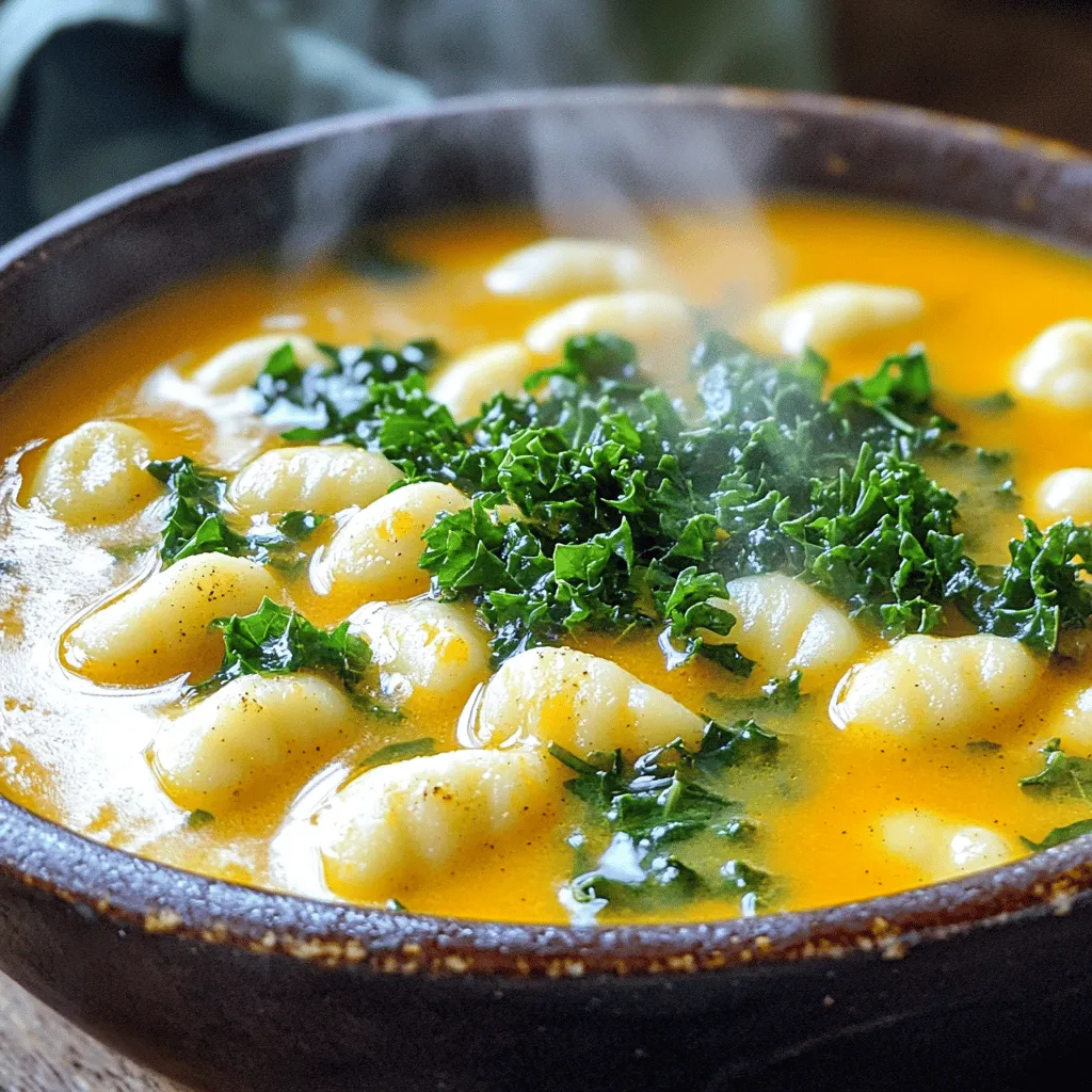 To create the perfect savory butternut squash gnocchi soup, gather these ingredients: - 1 medium butternut squash, peeled and cut into 1-inch cubes - 2 tablespoons olive oil, divided - 1 small onion, finely diced - 2 garlic cloves, minced - 4 cups vegetable broth - 1 teaspoon dried thyme - 1 teaspoon dried sage - 1/2 teaspoon ground nutmeg - Salt and freshly ground black pepper to taste - 1 package (16 oz) potato gnocchi - 1 cup kale, chopped into bite-sized pieces - 1/2 cup heavy cream (optional for a creamier soup) - Fresh parsley, chopped, for garnish You can easily customize this recipe. Here are some substitutions: - Instead of butternut squash, use pumpkin or sweet potato for a different flavor. - Swap olive oil with coconut oil for a hint of sweetness. - Use chicken broth instead of vegetable broth for a richer taste. - If you lack fresh herbs, dried herbs work well too. Just reduce the amount slightly. - For a dairy-free option, skip the heavy cream or use coconut cream. Choosing fresh ingredients makes a big difference. Here’s how to pick the best: - Butternut Squash: Look for a firm squash with a smooth skin. It should feel heavy for its size. - Onion: Select onions that feel heavy and firm with dry, papery skin. - Garlic: Fresh garlic should have tight skin and no sprouting. - Kale: Choose vibrant green leaves. Avoid any that are wilted or yellow. - Gnocchi: Check the expiration date and choose packages that are sealed tightly. These tips will help you make a delicious soup that everyone will love. For the complete recipe, refer to the full recipe section. To start, gather all your ingredients. You'll need butternut squash, olive oil, onion, garlic, vegetable broth, thyme, sage, nutmeg, salt, pepper, gnocchi, kale, and optionally, heavy cream. Having everything ready makes cooking smoother. 1. Roast the Squash: Preheat your oven to 400°F (200°C). Take the butternut squash, peel it, and cut it into 1-inch cubes. In a bowl, mix the squash with 1 tablespoon of olive oil, salt, and pepper. Toss it well to coat. Spread the cubes on a baking sheet and roast for 25-30 minutes. They should be tender and slightly caramelized. 2. Prepare the Soup Base: In a large pot, heat the remaining tablespoon of olive oil over medium heat. Add the diced onion and cook it for about 5 minutes. The onion should turn translucent. Then, add minced garlic and stir for about a minute. You want to release its lovely aroma. 3. Add Broth and Spices: Carefully pour in the vegetable broth. Then, add the roasted butternut squash. Sprinkle in thyme, sage, nutmeg, salt, and pepper. Increase the heat and bring it to a gentle simmer. Let it cook for 10 minutes, mixing the flavors. 4. Blend the Soup: Use an immersion blender to purée the soup until it’s smooth. If you lack one, carefully transfer batches to a countertop blender. For texture, blend only half the soup, leaving some squash pieces. 5. Cook the Gnocchi: Pour the blended soup back into the pot and bring it to a simmer. Gently add the gnocchi and cook according to the package instructions, usually 2-3 minutes. They will float when done. 6. Add Kale and Cream: Stir in the chopped kale. If you want it creamier, add heavy cream now. Allow the soup to simmer for another 2 minutes. The kale should be tender. 7. Serve and Garnish: Ladle the warm soup into bowls. Garnish with fresh parsley for color. Enjoy this cozy dish hot! For the full recipe, check the details above. To boost the taste of your soup, try these simple tips: - Use fresh herbs. They add a bright touch to the dish. - Toast the spices in the pot before adding broth. This brings out their best flavors. - Add a splash of lemon juice. It brightens the soup and balances the sweetness of the squash. - Top with a sprinkle of cheese for a rich finish. Parmesan or feta works well. Avoid these common errors to ensure your soup shines: - Don’t rush the roasting. Roasting the squash enhances its natural sweetness. - Skip the blending step at your own risk. Blending creates a smooth texture that elevates the soup. - Forgetting to season properly can dull the flavors. Always taste as you go. - Overcooking the gnocchi can turn them mushy. Watch them closely; they cook fast. Cooking gnocchi is easy with these best practices: - Use plenty of water for boiling. This keeps the gnocchi from sticking together. - Add salt to the water. It enhances the gnocchi's flavor. - Wait for them to float. This means they are ready to eat. - Always check the package for specific cooking times. Different brands may vary. For a delicious experience, follow this advice as you make your Savory Butternut Squash Gnocchi Soup. For the complete process, refer to the Full Recipe. {{image_4}} You can easily make this soup vegan. Simply skip the heavy cream. Use coconut milk instead for a creamy texture. It adds a nice sweetness that pairs well with the squash. If you want to add protein, consider cooked chicken or sausage. Cook the protein separately, then add it to the soup before serving. This adds flavor and makes the soup heartier. You can also use plant-based sausage for a meatless option. To spice things up, add red pepper flakes or diced jalapeños. You can mix these in while cooking the soup. This adds a nice kick and balances the sweetness of the squash. Adjust the amount based on your heat preference. For the full recipe, check the details above. To store leftovers, let the soup cool down first. Then, pour it into an airtight container. You can keep it in the fridge for about three days. Make sure to seal it well to keep the flavors fresh. If you want to save some for later, freezing is a great option. To freeze the soup, let it cool completely before transferring it to freezer-safe containers. You can also use freezer bags to save space. When freezing, leave some room at the top of the container. This allows for expansion as the soup freezes. You can store it for up to three months. Just label the container with the date for easy tracking. When you’re ready to enjoy your soup again, thaw it in the fridge overnight. For quick reheating, you can microwave it. Stir it every minute to heat evenly. If you prefer, heat it on the stove over low heat. Add a splash of vegetable broth or water if it seems too thick. That will help restore the creamy texture. Enjoy your warm and delicious soup just like the first time! You can pair the soup with warm bread. A crusty baguette or soft rolls work well. A light salad also complements the dish nicely. Try a simple arugula salad with lemon vinaigrette for a fresh touch. For a heartier meal, serve it alongside roasted vegetables or a cheese platter. Yes, you can! Acorn squash or pumpkin can work as great substitutes. Both will add unique flavors. Just prepare them in the same way as butternut squash. Keep in mind that the taste may change slightly. Experiment with different squashes to find your favorite combo. To thicken the soup, you have a few options. You can blend more of the soup until smooth. Adding a small amount of cornstarch mixed with water can also help. Alternatively, include more roasted squash to enhance the thickness. If you like a creamy texture, consider adding more heavy cream. Make sure to taste and adjust the seasonings as you go. In this blog post, we explored the key ingredients and step-by-step instructions for making savory butternut squash gnocchi soup. I shared tips for selecting fresh ingredients and advice on flavor enhancement. We also discussed variations like vegan options and protein additions. Remember, cooking is about fun and trial. Avoiding common mistakes can make a big difference. Enjoy trying this recipe, and don’t hesitate to customize it to fit your taste. Ultimately, cooking brings joy to the table.