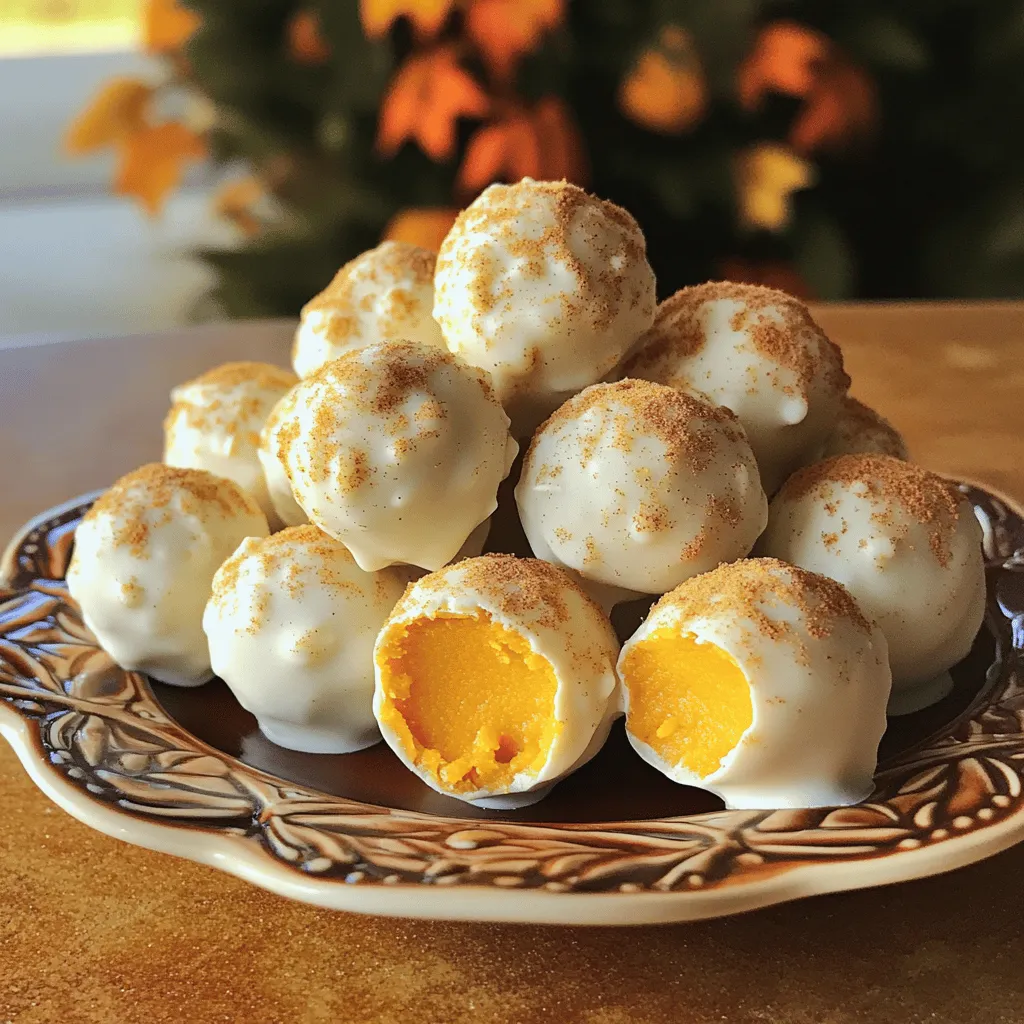 To make Easy Pumpkin Pie Truffles, you need a few simple ingredients. Each one adds a special touch to this delightful fall treat. These truffles combine the warm flavors of pumpkin and spice with the rich taste of white chocolate. - 1 cup canned pumpkin puree - 1 cup cream cheese, softened to room temperature - 1 tablespoon pure maple syrup - 1 teaspoon pure vanilla extract - 1 teaspoon pumpkin pie spice - 2 cups graham crackers, finely crushed - 1 cup white chocolate chips - Optional: additional pumpkin pie spice for garnishing These ingredients create a rich, creamy filling that captures the essence of pumpkin pie. Canned pumpkin puree offers convenience and smooth texture. Cream cheese adds creaminess and a slight tang. Maple syrup brings sweetness, while vanilla extract enhances flavor. Pumpkin pie spice gives that warm, cozy fall taste. Graham crackers provide a lovely crunch and help shape the truffles. White chocolate chips melt easily and create a sweet coating. For extra flair, you can sprinkle more pumpkin pie spice on top. This recipe is easy to follow and perfect for sharing with family and friends. 1. Mixing the pumpkin mixture Start by taking a medium mixing bowl. Add 1 cup of canned pumpkin puree, 1 cup of softened cream cheese, 1 tablespoon of pure maple syrup, 1 teaspoon of pure vanilla extract, and 1 teaspoon of pumpkin pie spice. Use a hand mixer or a spatula to blend these ingredients well until smooth. 2. Incorporating graham crackers Next, gradually fold in 2 cups of finely crushed graham crackers. Use a spatula to mix until you achieve a thick, cohesive texture. This mixture should hold its shape well when you form it into balls. 3. Rolling into truffle balls With clean hands, take small portions of this mixture, about 1 inch in diameter. Roll them into uniform balls. Place each ball on a parchment-lined baking sheet, leaving space to avoid sticking. 1. Freezing the truffles Now, transfer the baking sheet to the freezer. Chill the truffles for 30 minutes to 1 hour. This step is crucial to make them firm enough to handle. 2. Melting the chocolate While the truffles chill, melt 1 cup of white chocolate chips. Place them in a microwave-safe bowl. Heat in 30-second intervals, stirring well after each time. Keep heating until the chocolate is fully melted and smooth. 1. Dipping in chocolate Once the truffles are firm, dip each one into the melted white chocolate. Ensure each truffle is completely covered. Allow any excess chocolate to drip off before returning the coated truffles to the parchment-lined baking sheet. 2. Adding garnish For extra flair, sprinkle a light dusting of additional pumpkin pie spice on top of the chocolate-coated truffles before the chocolate sets. Then, place the truffles back in the refrigerator for another 15 minutes. This allows the chocolate to firm up completely. Now you have delicious Easy Pumpkin Pie Truffles! Enjoy this delightful fall treat, perfect for sharing or savoring alone. For the complete recipe, check out the Full Recipe section above. To get the best texture for your pumpkin pie truffles, pay attention to the ingredients. Use cream cheese at room temperature. This makes it blend smoothly with the pumpkin. Cold cream cheese can lead to lumps. Canned pumpkin puree must also be smooth. If it's too watery, drain it. You want a thick and creamy mix. The right texture helps the truffles hold their shape well. When serving, make your truffles look festive. Place them in a cute autumn-themed box or on a nice plate. This adds charm to your treat. For a decorative touch, sprinkle a little cinnamon or extra pumpkin pie spice on top. It will catch the eye and enhance flavor. These small details make your truffles stand out at gatherings. Your friends and family will love them! {{image_4}} You can switch up the flavor of your truffles easily. One option is to use chocolate instead of white chocolate. Dark chocolate adds a rich taste. It pairs nicely with the pumpkin flavor. You can also mix chocolate and white chocolate for a fun twist. Adjusting the spice level can change the flavor too. If you love warmth, add more pumpkin pie spice. For a milder taste, reduce the spice. You can even add cinnamon or nutmeg to give it a different kick. If you need gluten-free options, substitute graham crackers with crushed gluten-free cookies. This keeps the texture while making it safe for those with gluten issues. For vegan variants, swap cream cheese with a vegan cream cheese. Use maple syrup as your sweetener. Make sure to check your chocolate. Some brands offer vegan chocolate chips. This way, everyone can enjoy these tasty treats! For the full recipe, check out the section above. To keep your Easy Pumpkin Pie Truffles fresh, store them in an airtight container. Use parchment paper between layers to prevent sticking. Place the container in the refrigerator. This method helps maintain their creamy texture and flavor. The recommended shelf life is about one week in the fridge. After that, the truffles may lose their freshness. Always check for any changes in smell or texture before enjoying them. If you want to store truffles for a longer time, freezing is a great option. First, place the truffles on a baking sheet lined with parchment paper. Make sure they are not touching each other. Freeze them for about two hours until they are solid. Once frozen, transfer the truffles to a freezer-safe container or a zip-top bag. Remove as much air as possible to prevent freezer burn. They can stay frozen for up to three months. When you're ready to serve, take out the desired number of truffles. Allow them to thaw in the fridge for a few hours. This slow thawing helps keep the texture smooth and creamy. Enjoy your truffles as a tasty fall treat! Pumpkin pie truffles can last up to one week in the fridge. Store them in an airtight container to keep them fresh. If you freeze them, they can last for about three months. Just remember to thaw them in the fridge before serving. Yes! You can use dark chocolate or milk chocolate instead of white chocolate. Each type will change the flavor a bit. Dark chocolate adds a rich taste, while milk chocolate gives it a creamier touch. Feel free to experiment and find your favorite. If you are allergic to cream cheese, you can use a dairy-free cream cheese. Many brands offer great dairy-free options that work well. You can also try using a nut-based cream cheese for a tasty alternative. Absolutely! You can make these truffles one or two days ahead of time. Just store them in the fridge until you are ready to serve. This makes them a great option for busy days or gatherings. For the full recipe, check out the Easy Pumpkin Pie Truffles section. In this blog post, I shared a simple recipe for pumpkin pie truffles. We walked through the key ingredients, from pumpkin puree to white chocolate. I detailed the step-by-step process for mixing, rolling, and chilling. Tips for perfect texture and presentation ideas help enhance your truffles. You can explore variations for different tastes and find storage tips for best shelf life. These easy truffles will impress at any gathering. Enjoy making them for friends and family!