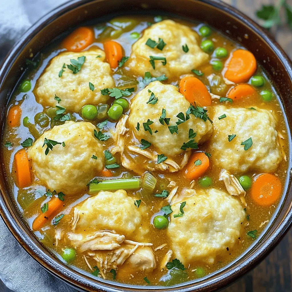 - 1.5 lbs boneless, skinless chicken thighs - 3 cups low-sodium chicken broth - 1 cup frozen peas - 1 medium onion, diced - 2 cups carrots, sliced - 2 cups celery, chopped - 3 cloves garlic, minced - 1 teaspoon dried thyme - 1 teaspoon dried rosemary - 1 teaspoon smoked paprika - 1 can (8 oz) refrigerated biscuit dough When making Instant Pot chicken and dumplings, you need fresh and tasty ingredients. Start with chicken thighs. They stay juicy and tender in the pot. Next, pick a low-sodium chicken broth. It adds flavor without being too salty. Aromatics make your dish shine. Use a medium onion, diced. Add some garlic, minced to boost the taste. Carrots and celery bring color and crunch. Slice the carrots and chop the celery well. For seasoning, dried thyme, rosemary, and smoked paprika work wonders. They bring warmth and depth. Finally, don’t forget the dumplings! A can of refrigerated biscuit dough gives a fluffy finish. Gather these items, and you are ready to cook! Keep your ingredients fresh. The quality will make a big difference in flavor. 1. Sauté the Aromatics: Set your Instant Pot to 'Sauté' mode. Add 2 tablespoons of olive oil and let it heat. Once hot, add 1 medium diced onion. Cook for about 3 minutes until it is soft and clear. 2. Add Garlic for Flavor: Stir in 3 cloves of minced garlic and cook for 1 more minute. This step will fill your kitchen with a great smell. 3. Season the Chicken: Take 1.5 lbs of boneless, skinless chicken thighs. Season them with salt, pepper, 1 teaspoon of dried thyme, 1 teaspoon of dried rosemary, and 1 teaspoon of smoked paprika. Add the chicken to the pot. Brown it on both sides for 3 to 4 minutes. This locks in the flavors. 4. Deglaze with Broth: Pour in 3 cups of low-sodium chicken broth. Use a wooden spoon to scrape the bottom of the pot. This lifts any tasty browned bits. 5. Incorporate Vegetables: Add 2 cups of sliced carrots and 2 cups of chopped celery to the pot. Stir everything well. Make sure the chicken is covered with the broth. 6. Setting Up Pressure Cooking: Close the Instant Pot lid tightly. Set the pressure release valve to sealing. Choose 'Manual' mode and set the timer for 10 minutes on high pressure. 7. Natural Pressure Release: When cooking is done, let the pot release pressure naturally for 5 minutes. After that, quickly release any remaining steam. 8. Add Peas: Carefully open the lid and stir in 1 cup of frozen peas. This adds color and a nice texture to your dish. 9. Prepare the Dumplings: Take 1 can of refrigerated biscuit dough. Cut the dough into quarters. Gently place the pieces on top of the chicken and veggies without stirring. 10. Final Cooking Step: Close the lid again and set the valve to sealing. Cook on 'Manual' high pressure for another 7 minutes. 11. Quick Release Again: After cooking, perform a quick release to let out the pressure. 12. Thicken the Broth (Optional): If you want a thicker broth, mix 2 tablespoons of cornstarch with a little cold water. Stir this into the hot mixture until it thickens. 13. Serve and Enjoy: Spoon the chicken, veggies, and dumplings into bowls. Enjoy your warm and comforting meal! To make your chicken and dumplings taste great, browning the chicken is key. This step adds depth and enhances the flavor. Set your Instant Pot to 'Sauté' and heat olive oil. Add the chicken thighs, cooking them until golden brown on both sides. Choosing the right broth also matters. I prefer low-sodium chicken broth. It lets you control the salt. You can also use homemade broth for extra flavor. For fluffy dumplings, use refrigerated biscuit dough. Cut it into quarters and drop the pieces on top of the chicken. Do not stir them in. This keeps them light and fluffy. If you want a thicker broth, cornstarch is your friend. Mix it with cold water to make a slurry. Stir it in after cooking for a rich texture. Serving is as important as cooking. Use deep bowls for your chicken and dumplings. This makes the dish look appealing and keeps it warm. For garnishing, freshly chopped parsley or chives add color and flavor. Just sprinkle some on top before serving. It makes your dish look professional and inviting. {{image_4}} You can swap chicken for turkey or beef in this recipe. Turkey works well as it has a similar flavor. Use boneless, skinless turkey thighs for best results. Beef can also shine in this dish, but it will need more cooking time. Choose tender cuts like chuck or sirloin. Cut the beef into small pieces for even cooking. Adjust the cooking time as needed. Feel free to get creative with your veggies. Use seasonal produce to add fresh flavors. For example, try zucchini in summer or sweet potatoes in fall. You can also add greens like spinach for nutrition. Simply toss in a couple of handfuls during the last few minutes of cooking. This adds color and boosts the dish's healthiness. If you need a gluten-free meal, you can still enjoy this recipe. Use gluten-free biscuit dough for the dumplings. Many brands offer tasty options. For the broth, check labels to find a gluten-free version. You can even make your own broth at home using chicken and vegetables. This way, you control all the ingredients, ensuring a delicious and safe dish. To keep your chicken and dumplings fresh, store leftovers in an airtight container. Place the container in the fridge. They will stay good for about three to four days. If you want to freeze portions, scoop servings into freezer bags. Press out the air before sealing. Label each bag with the date. You can keep them in the freezer for up to three months. When reheating chicken and dumplings, you have a few options. The best method is to use the stove. Heat the dish in a pot over low heat. Stir it often to ensure even heating. You can also use the microwave. Place a serving in a bowl, cover it, and heat in short bursts. Stir between each burst for even warmth. For the best texture, add a splash of broth or water. This will help keep the dumplings soft. Avoid overheating, as this can make them tough. Enjoy your leftovers just as much as your first serving! Making Instant Pot Chicken and Dumplings is quick. The prep time is about 15 minutes. The cook time is 17 minutes total. You spend 10 minutes cooking the chicken and 7 minutes for the dumplings. The total time is around 45 minutes. Yes, you can use frozen chicken! Just add a few extra minutes to the cook time. If your chicken is frozen solid, it may take about 12 to 15 minutes. Always check the chicken for doneness. Ensure it reaches 165°F internally for safety. Chicken and Dumplings are great alone, but sides add more flavor. Here are some ideas: - Fresh salad with greens - Steamed broccoli or green beans - Garlic bread for a comforting touch - Mashed potatoes for extra creaminess These sides will complete your meal and delight your guests! In this blog post, I shared a simple recipe for Instant Pot Chicken and Dumplings. You learned about key ingredients, flavor tips, and the cooking process. I also provided variations and storage advice to suit your preferences. This dish is tasty and comforting. Remember, the right herbs and browning make a big difference. Try this recipe for a cozy meal. Enjoy making it your own with different veggies or proteins. Your kitchen will smell great, and your family will love the results.