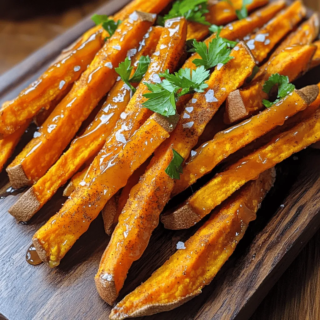 - 2 large sweet potatoes, peeled and cut into thin fries - 3 tablespoons olive oil - 1/4 cup pure maple syrup - 1 teaspoon ground cinnamon - 1/2 teaspoon sea salt - 1/4 teaspoon freshly ground black pepper - Optional: Fresh chopped parsley for garnish Sweet potatoes are the star of this dish. They provide a natural sweetness and a vibrant color. You need two large sweet potatoes, peeled and cut into thin fries. Thin fries cook better and get crispier. Next, use olive oil. You only need three tablespoons. This oil helps the fries crisp up in the oven. You will also need a quarter cup of pure maple syrup. This syrup adds a rich sweetness to the dish. For flavor, ground cinnamon works wonderfully. One teaspoon will do. It pairs perfectly with the sweetness of the potatoes and syrup. You will also need half a teaspoon of sea salt. This salt brings out the natural flavors. Add a dash of freshly ground black pepper, just a quarter teaspoon. This pepper gives a subtle kick that balances the sweetness. If you like, you can garnish with fresh chopped parsley. It adds a pop of color and freshness to your fries. Gather all these ingredients before you start. This way, you will have everything ready to make your tasty maple glazed sweet potato fries! Start by preheating your oven to 425°F (220°C). This high temperature helps the fries turn crispy. Line a baking sheet with parchment paper. This step makes cleaning easy and keeps the fries from sticking. Take two large sweet potatoes and peel them. Cut them into thin fries. Place the fries in a big bowl. Drizzle 3 tablespoons of olive oil over the fries. Toss them well so each fry gets coated with oil. This coating is key for crispness. In a small bowl, mix 1/4 cup of pure maple syrup, 1 teaspoon of ground cinnamon, 1/2 teaspoon of sea salt, and 1/4 teaspoon of freshly ground black pepper. Whisk these ingredients together until they blend well. This glaze adds a sweet and warm flavor to your fries. Drizzle the maple glaze over the sweet potato fries. Make sure all fries get some of that sweet goodness. Toss the fries gently but thoroughly. This ensures every fry gets an even coat. Arrange the fries in a single layer on the baking sheet. Avoid crowding them; this helps them bake evenly. Put the baking sheet in your preheated oven. Bake for 25-30 minutes. Flip the fries halfway through baking. This step is important for even browning. You will know they are done when they are golden brown and crisp. Carefully take them out and let them cool for a few minutes. If you like, sprinkle some fresh chopped parsley on top for extra color and taste. To make sweet potato fries crispy, keep a few things in mind. First, cut the fries thinly. Thin fries cook more evenly and get crispier. Second, coat them well in olive oil. This oil helps create a barrier against moisture. Finally, spread the fries out on the baking sheet. A single layer helps air circulate and crisps them up. Flip them halfway through baking for even cooking. Select large, firm sweet potatoes for the best fries. Look for ones that feel heavy for their size. Avoid potatoes with soft spots or blemishes. The sweeter the potato, the better the flavor. Varieties like Garnet or Jewel work great here. They have a rich color and natural sweetness that shines through the glaze. To boost flavor, try adding spices. A pinch of cayenne pepper gives a nice kick. You can also mix in garlic powder for a savory twist. Fresh herbs like rosemary can add depth. Remember to sprinkle sea salt lightly. It enhances the maple glaze and draws out the sweet potato's natural taste. For garnish, fresh chopped parsley adds color and brightness. {{image_4}} You can add spice to your sweet potato fries for extra flavor. Try a pinch of cayenne pepper or smoked paprika. These spices give a nice kick. You can also use chili powder for warmth. Mix your chosen spice in with the salt and pepper for a balanced taste. Just a little goes a long way. These fries pair well with many dips. My favorite is a creamy ranch or a tangy yogurt dip. You can also serve them with ketchup or a spicy sriracha sauce. For a fresh twist, try a garlic aioli. The sweet and spicy mix makes each bite exciting. Add a side of fresh veggies for crunch and color. If you want to swap the maple syrup, try honey or agave nectar. These sweeteners add their own unique flavor. You can also use brown sugar for a richer taste. For a tangy glaze, mix in some balsamic vinegar. It gives a nice contrast to the sweetness of the potatoes. Experiment with these options to find your favorite! To store leftover fries, let them cool first. Place them in a shallow container. Cover the container with a lid or plastic wrap. Store them in the fridge for up to three days. This keeps them fresh for your next snack. When you want to enjoy leftover fries, reheat them in the oven. Preheat your oven to 400°F (200°C). Spread the fries on a baking sheet in a single layer. Bake for about 10-15 minutes. This method makes them crispy again. You can also use an air fryer for quick reheating. If you have extra fries, freezing is a great option. First, let them cool completely. Spread the fries on a baking sheet in a single layer. Place the sheet in the freezer for about an hour. Once frozen, transfer the fries to a freezer bag. They can stay in the freezer for up to three months. Just remember to label the bag with the date for easy tracking. Yes, you can make these fries in an air fryer. Set your air fryer to 400°F (200°C). Toss the sweet potato fries with olive oil and the maple glaze just like in the oven recipe. Place them in the air fryer basket in a single layer. Cook for about 15-20 minutes. Shake the basket halfway through to help them cook evenly. If you don’t have maple syrup, you can use honey or agave nectar as a substitute. Both add sweetness but have different flavors. If you want a sugar-free option, try a sugar-free syrup. Just remember, the taste will change slightly with different sweeteners. You’ll know the fries are done when they turn golden brown and feel crispy. You can also use a fork to poke one fry. If it goes in easily, they are done. Watch them closely in the last few minutes to prevent burning. Yes, you can prepare the fries ahead of time. Cut and coat them with oil and glaze. Then, store them in an airtight container in the fridge for up to 24 hours. When ready to cook, just bake them straight from the fridge. You might need to adjust the cooking time slightly. You now have a complete guide to making tasty sweet potato fries. We covered ingredients, steps, tips, and variations. You learned how to achieve that perfect crisp and even explored storing and reheating. Experiment with flavors and customize to your liking. These fries can be a fun snack or a side dish. I hope you feel inspired to try this recipe and enjoy every bite!