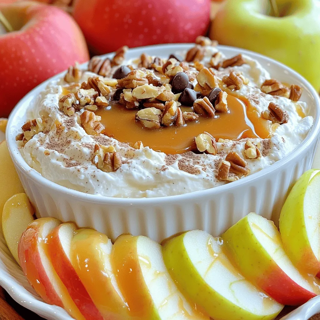 - 2 medium-sized apples (recommended varieties: Granny Smith or Honeycrisp) - 1 cup caramel sauce (store-bought or homemade) - 1/2 cup cream cheese (room temperature) - 1/2 cup powdered sugar - 1 teaspoon pure vanilla extract - 1/4 teaspoon ground cinnamon - 1/4 cup nuts (chopped pecans or walnuts) - Optional toppings (chocolate chips for garnish) You need just a few simple ingredients to make this tasty caramel apple dip. Start with two apples. I love using Granny Smith or Honeycrisp. Their crispness and tartness balance the sweet dip perfectly. Next, grab a cup of caramel sauce. You can buy it or make your own at home. I often use store-bought for ease, but homemade is a treat! You’ll also need half a cup of cream cheese. Make sure it’s at room temperature. This helps it mix well and become fluffy. Add half a cup of powdered sugar for sweetness. It gives the dip a nice, smooth texture. Then, mix in one teaspoon of pure vanilla extract. This adds great flavor. Don’t forget a pinch of ground cinnamon! Just a quarter teaspoon brightens the taste. For some crunch, use a quarter cup of chopped nuts. Pecans or walnuts work great here. Finally, if you want to make it even prettier, add some chocolate chips on top as an optional garnish. These ingredients come together to create a creamy, sweet, and nutty dip that everyone will love. 1. Beat the cream cheese until smooth Start with a medium bowl. Use an electric mixer to beat the cream cheese. Mix for about 2-3 minutes. You want it smooth and fluffy. 2. Incorporate powdered sugar Gradually add the powdered sugar. Mix on low speed. Make sure it combines well and is free of lumps. 3. Add vanilla extract and cinnamon Next, add the vanilla extract and ground cinnamon. Stir this mixture with a soft spatula until it blends nicely. 4. Heat caramel sauce In a separate bowl, heat the caramel sauce. Use the microwave for 15-20 seconds. You want it warm, not hot. This makes it easier to drizzle. 5. Layer cream cheese and caramel Spread the cream cheese mix in a serving dish. Create an even layer on the bottom. Then, drizzle the warm caramel over the cream cheese. Make pretty swirls for a nice look. 6. Top with nuts Sprinkle the chopped nuts evenly over the caramel. This adds a nice crunch to your dip. 7. Garnish with chocolate chips (optional) If you like, sprinkle some chocolate chips on top. This adds extra sweetness and a fun touch. 8. Serve with apple slices Enjoy your dip with apple slices. This gives a tasty mix of creamy and crunchy flavors! To make the best caramel apple dip, start with cream cheese. You want it soft and smooth. Leave it out for about 30 minutes before mixing. When you beat it, it should be fluffy and creamy. This makes your dip taste great. Warming your caramel sauce is key. Use a microwave-safe bowl. Heat for 15-20 seconds. Stir it gently to keep it smooth. You want it warm but not hot. This helps it drizzle nicely over the cream cheese. When layering your dip, spread the cream cheese mixture evenly in your bowl. Then, drizzle the warm caramel on top. Swirl it for a pretty look. Finally, add chopped nuts for crunch. This adds color and texture. For dipping, Granny Smith and Honeycrisp apples work best. They balance sweet and tart flavors, making them perfect. Slice them thin for easy dipping. At parties, pair your dip with other treats. Serve it with pretzels or graham crackers. This gives guests more options and keeps things fun. You can even add sliced bananas or strawberries for variety. {{image_4}} You can change this dip to fit your taste. Here are some ideas: - Toppings: Try adding sliced bananas, strawberries, or even crushed candies. These fruits add color and flavor. Sprinkling some crushed Oreos or toffee bits can give a fun crunch too. - Sweetness Levels: If you like a less sweet dip, cut back on the powdered sugar. You can also use less caramel sauce. For a richer taste, try using dark caramel or making homemade caramel sauce with less sugar. You can make this dip fit different diets with a few swaps: - Gluten-Free: This recipe is naturally gluten-free. Just ensure that the caramel sauce is gluten-free if you buy it. - Vegan Alternatives: For a vegan dip, use vegan cream cheese. You can also find vegan caramel sauce or make your own with coconut milk and brown sugar. These swaps keep the flavor while fitting a vegan diet. To store your caramel apple dip, use an airtight container. This keeps out air and moisture. Place the dip in the fridge right after your gathering. It stays fresh for about 3 days. If you want to keep the dip even longer, consider freezing it. However, the texture may change once thawed. If you have leftover caramel sauce, heat it gently. Use a microwave-safe bowl and heat it for 15-20 seconds. Stir it well to check the warmth. Avoid overheating, as it can become too thick. To revive your dip's texture, mix it again. If it seems too thick, add a splash of milk or cream. This helps restore its creamy goodness. Enjoy your dip again just like the first time! Is caramel apple dip gluten-free? Yes, caramel apple dip is gluten-free. The ingredients used, like apples and cream cheese, do not contain gluten. If you use store-bought caramel, check the label to be sure. Can I make caramel apple dip ahead of time? You can prepare the cream cheese layer ahead of time. Just mix it and store it in the fridge. Add the caramel and nuts right before serving for the best taste. What can I substitute for cream cheese in this recipe? If you need a substitute for cream cheese, try Greek yogurt or silken tofu. Both will give you a similar creamy texture while keeping it tasty. How do I store leftover caramel apple dip? To store leftover dip, place it in an airtight container. Keep it in the fridge for up to three days. When ready to eat, you can stir it again for a fresh taste. This article covered how to make a tasty caramel apple dip. You learned about ingredients, step-by-step instructions, and tips to enhance your dip. We discussed variations for different diets and how to store your creation. Remember, you can easily adjust the recipe to fit your taste or needs. Enjoy sharing this dip at your next gathering. It's sure to be a hit with friends and family!