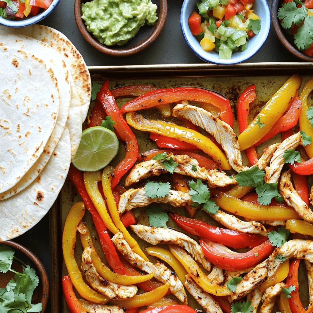 - 1.5 lbs boneless, skinless chicken breasts - 2 bell peppers (red and yellow) - 1 large red onion - 3 tablespoons extra virgin olive oil - 2 teaspoons chili powder - 1 teaspoon ground cumin - 1 teaspoon smoked paprika - 1/2 teaspoon garlic powder - Kosher salt and freshly ground black pepper, to taste - Juice of 1 lime - Fresh cilantro leaves, finely chopped, for garnish - Flour or corn tortillas, for serving Gathering these ingredients makes the magic happen. The chicken breasts offer lean protein. The bell peppers add sweet crunch. The red onion brings a slight bite. Together, they create a vibrant mix. The spices are key. Extra virgin olive oil helps everything roast well. Chili powder gives a warm flavor. Ground cumin adds depth. Smoked paprika offers a unique taste. Garlic powder enhances the mix. Salt and pepper bring it all together. Don’t forget the lime juice. It adds a bright zing. Fresh cilantro leaves give a fresh touch. Lastly, warm tortillas let you enjoy every bite. You can use flour or corn, depending on your taste. These ingredients work in harmony. They create a meal that's not just easy but full of flavor. When you gather these, you set the stage for a feast. Preheating the oven is key for great fajitas. Set your oven to 400°F (200°C). This high heat helps the chicken and veggies cook fast. It also gives them a nice roast. A hot oven means better flavor and texture. Next, you need to cut the chicken and veggies. Slice the chicken breasts into thin strips. This helps them cook evenly. For the peppers, slice them into thin strips too. The red onion should be cut into wedges. The pieces should be similar in size for even cooking. Now it’s time to add flavor. Drizzle 3 tablespoons of olive oil over the chicken and veggies. This oil helps the spices stick. Sprinkle on 2 teaspoons of chili powder, 1 teaspoon of ground cumin, 1 teaspoon of smoked paprika, and 1/2 teaspoon of garlic powder. Add salt and pepper to taste. Mix everything well with your hands or a spatula. Make sure each piece gets coated with oil and spices. Spread the seasoned mixture onto a large sheet pan. Make sure to spread it out evenly. This helps everything roast well. Place the pan in your preheated oven. Roast for 20-25 minutes. Halfway through, stir the mixture. This will help it cook evenly. The chicken should be fully cooked and the veggies should be tender with a bit of char. Once the fajitas are done, take them out of the oven. Squeeze fresh lime juice over the mixture. This adds a nice zesty flavor. Then, sprinkle chopped cilantro on top. This makes your dish look colorful and fresh. To serve, warm up your tortillas. Lay them out next to the chicken and veggies. Allow everyone to build their own fajitas. You can also add bowls of salsa, guacamole, and sour cream. This makes the meal fun and festive. Enjoy every bite! To make sure your chicken and veggies cook well, stir them halfway through. This helps the food cook evenly. When I roast my fajitas, I set a timer for 12 minutes. After that, I open the oven and give everything a good mix. This simple step helps prevent burning. The chicken will turn juicy, and the veggies will get tender and slightly charred. You have two main choices for tortillas: flour or corn. Flour tortillas are soft and chewy. They hold up well when filled. Corn tortillas are a bit firmer and have a great taste. Try both to see which you like best! To warm your tortillas, heat them in a dry skillet. Just a minute on each side is perfect. You can also wrap them in a damp paper towel and microwave them for about 20 seconds. This keeps them soft and easy to fold. Want to kick up the taste? Consider adding more spices. Some great options are cayenne pepper or onion powder. You can also try fresh lime zest for a bright twist. For toppings, think about jalapeños or avocado slices. They add extra flavor and texture. Don’t forget cheese and sour cream for creaminess! Each of these simple changes can make your sheet pan chicken fajitas even more delicious. {{image_4}} You can switch the chicken with shrimp or steak. Shrimp cooks fast and adds a nice touch. Just remember to adjust the cooking time. For steak, choose flank or skirt cuts. Slice them thin for the best texture. Both options bring a new flavor to your fajitas. Feel free to mix different bell pepper colors. Green, orange, or even purple peppers can add variety. You can also add zucchini, mushrooms, or corn. These veggies will roast well and enhance the dish's flavor and color. The more colors, the more fun! If you like heat, add jalapeños. You can slice them and toss them with chicken and veggies. Another option is using cayenne pepper or red pepper flakes. Adjust the heat to your taste. Just a little can bring a bold kick to your meal. To store leftover fajitas, let them cool down first. Place the chicken and veggies in an airtight container. This keeps them fresh for up to four days. When storing, try to separate the chicken from the tortillas. This stops the tortillas from getting soggy. You can also add a layer of parchment paper between them for extra protection. When you're ready to eat the leftovers, heat them up gently. You can use a microwave or a skillet. If using the microwave, cover the dish with a damp paper towel. This helps keep the moisture in. Heat for about one to two minutes, checking often. For the skillet, add a splash of water, cover, and heat over low for about five minutes. This keeps the chicken juicy and the veggies tender. If you want to save fajitas for later, freezing is a great choice. Place the cooled chicken and veggies in a freezer-safe bag. Squeeze out the air before sealing. This helps prevent freezer burn. You can freeze them for up to three months. When you’re ready to enjoy, defrost in the fridge overnight. Reheat using the instructions above. Enjoy your tasty meal again! To make your Sheet Pan Chicken Fajitas spicy, add more peppers and spices. Here are some great options: - Jalapeños: Slice fresh jalapeños and mix them with the chicken and veggies. - Chipotle Powder: Use chipotle powder instead of chili powder for a smoky heat. - Cayenne Pepper: A pinch of cayenne pepper can boost the spice level. - Hot Sauce: Drizzle your favorite hot sauce over the finished dish. These additions will give your fajitas a nice kick. Feel free to adjust the amount to suit your taste. Each option brings a unique flavor and heat. Yes, you can prepare this recipe ahead of time. Here are some tips to help you: - Chicken: Cut the chicken into strips and store in the fridge. - Veggies: Slice the bell peppers and onions a day before. Keep them in an airtight container. - Seasoning: Mix the spices ahead of time and store them in a small jar. When you're ready to cook, just combine everything and roast. This saves time and makes cooking easier. You can serve many tasty sides with Chicken Fajitas. Here are some ideas: - Rice: Fluffy white rice or cilantro-lime rice works great. - Beans: Black beans or refried beans add nice protein. - Guacamole: Creamy guacamole complements the flavors well. - Salsa: Fresh salsa adds a zesty touch. - Salad: A light salad can balance the meal. Choose one or more of these sides for a complete feast. They enhance the fajitas and make your meal even more enjoyable. In this article, I covered how to make delicious sheet pan chicken fajitas. We looked at the main ingredients, seasonings, and serving essentials that create great flavors. I shared simple steps, tips for even cooking, and variations to mix things up. Finally, I discussed storage and reheating to keep your meals fresh. Cook these fajitas any time, and enjoy a tasty dish that'll impress friends and family. With these tips, you're ready to create a great meal. Happy cooking!