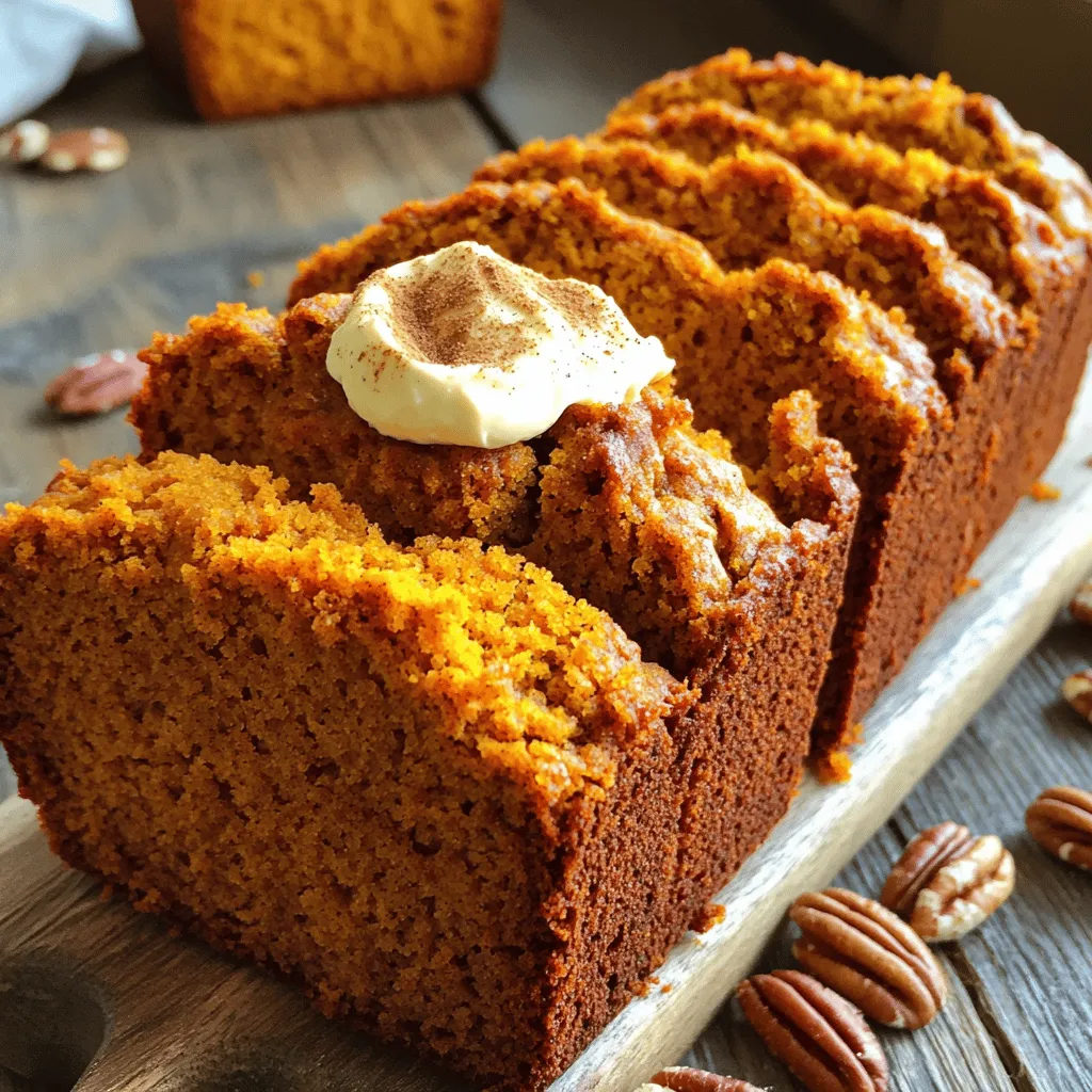 To make perfectly moist pumpkin bread, you'll need the following main ingredients: - 1 cup of pumpkin puree (canned or fresh) - 1/2 cup vegetable oil - 1 cup packed brown sugar - 1/2 cup granulated sugar - 3 large eggs - 1 teaspoon pure vanilla extract - 2 cups all-purpose flour - 1 teaspoon baking soda - 1/2 teaspoon baking powder - 1/2 teaspoon salt - 1 teaspoon ground cinnamon - 1/2 teaspoon ground nutmeg - 1/4 teaspoon ground ginger These ingredients work together to create a rich and flavorful bread. The pumpkin puree adds moisture, while the sugars provide sweetness. The oil keeps the bread tender, and the eggs help bind everything. Want to take your pumpkin bread to the next level? Consider these optional add-ins: - 1/2 cup chopped walnuts or pecans - 1/2 cup chocolate chips These add-ins bring texture and extra flavor. Nuts add a nice crunch, while chocolate chips offer a sweet surprise in each bite. You can customize this recipe to fit your needs. Here are some ideas: - Use applesauce instead of vegetable oil for a lower-fat option. - Substitute whole wheat flour for a healthier twist. - Try using almond or coconut flour for a gluten-free option. Feel free to mix and match based on what you have at home. The main goal is to make a delicious loaf that you and your loved ones will enjoy. For the complete recipe, check out the Full Recipe. First, preheat your oven to 350°F (175°C). This step ensures even baking. Next, grab a 9x5 inch loaf pan. Lightly grease it with butter or cooking spray. Then, dust it with flour to stop the bread from sticking. This simple step helps your bread come out perfectly. In a large bowl, add the pumpkin puree, vegetable oil, brown sugar, granulated sugar, eggs, and vanilla extract. Use a whisk to mix these until they blend well. The mixture should look smooth and creamy. This step adds moisture and flavor to your pumpkin bread. In another bowl, sift together the flour, baking soda, baking powder, salt, cinnamon, nutmeg, and ginger. This helps mix the dry ingredients and adds air for a light texture. Gradually add this dry mix to the wet ingredients. Use a spatula to fold them together gently. A few lumps are okay. If you want, fold in the chopped nuts or chocolate chips now for extra flavor. Pour the batter into your prepared loaf pan. Smooth the top with a spatula. Place it in the oven and bake for 60 to 70 minutes. Check if it’s done by inserting a toothpick into the center. It should come out clean or have a few moist crumbs. Once done, take it out and let it cool in the pan for about 10 minutes. Then, move the bread to a wire rack to cool completely. Enjoy your Perfectly Moist Pumpkin Bread! To make your pumpkin bread moist, use enough pumpkin puree. I recommend 1 cup. The oil also plays a key role; 1/2 cup of vegetable oil keeps it tender. Mixing wet and dry ingredients should be gentle. Overmixing can make the bread tough. Aim for a few lumps in the batter. Also, adding eggs helps with moisture. Three large eggs work best for this recipe. One common mistake is not measuring ingredients correctly. Use measuring cups and spoons for accuracy. Another pitfall is baking too long. Keep an eye on your bread after 60 minutes. If you open the oven too often, the temperature drops. Don't open the door until the last 10 minutes. Lastly, avoid using old spices. Fresh spices enhance flavor and aroma. To check if your pumpkin bread is done, insert a toothpick into the center. If it comes out clean or with a few moist crumbs, it’s ready. If the toothpick has wet batter on it, bake for a few more minutes. Make sure to let the bread cool in the pan for 10 minutes. This helps it set before transferring to a wire rack. For the best flavor, let it cool completely before slicing. {{image_4}} You can make pumpkin bread gluten-free. Use a gluten-free all-purpose flour blend. Check the blend has xanthan gum for better texture. Replace the regular flour with this blend in the recipe. This swap keeps your bread moist and tasty. If you want a vegan version, swap the eggs for flaxseed meal. Mix 1 tablespoon of flaxseed meal with 2.5 tablespoons of water. Let it sit for five minutes to thicken. For the oil, you can use unsweetened applesauce instead. This change keeps the bread moist while adding natural sweetness. You can spice up your pumpkin bread in many ways. Try adding a pinch of cloves or allspice for extra warmth. You can also mix in dried fruit like cranberries or raisins for a chewy texture. If you love nuts, add pecans or walnuts for crunch. Chocolate chips are always a hit, making every slice a sweet treat. Check the Full Recipe for more ideas! To keep your pumpkin bread fresh, store it in an airtight container. This helps seal in moisture. You can also wrap it in plastic wrap or foil. Make sure to let the bread cool completely before you store it. If you leave it warm, it can become soggy. For best taste, enjoy your bread within five days. Freezing is a great way to keep your pumpkin bread for longer. First, slice the bread if you want single servings. Wrap each slice tightly in plastic wrap. Then, place the wrapped slices in a freezer bag. Remove as much air as possible before sealing. Pumpkin bread can stay fresh in the freezer for up to three months. Just remember to label the bag with the date. To reheat your pumpkin bread, let it thaw in the fridge overnight if frozen. For quick warming, microwave a slice for about 15 to 20 seconds. If you prefer a crisp crust, toast it in a toaster or oven. Preheat your oven to 350°F (175°C) and warm the bread for about 10 minutes. Enjoy it warm for the best flavor! For more detailed instructions, check the Full Recipe. Yes, you can use fresh pumpkin. Just cook and puree it first. This gives your bread a fresh taste. Choose sugar pumpkins for the best flavor. They are sweeter and smoother than other types. Homemade pumpkin bread lasts about 3 to 4 days at room temperature. Keep it in an airtight container. For longer storage, you can freeze it. It stays fresh for up to 3 months in the freezer. You can serve pumpkin bread with cream cheese spread or butter. Warm it up for a cozy treat. Pair it with a cup of coffee or tea for a perfect snack. You can also add a sprinkle of cinnamon for extra flavor. To boost flavor, add spices like allspice or cloves. You can also mix in chocolate chips or nuts. Experiment with different extracts, like almond or maple. Each addition gives your bread a unique twist. Use a serrated knife for clean slices. Make sure the bread is cool before slicing. This prevents it from crumbling. Cut evenly to keep the slices uniform and nice-looking. Enjoy your perfectly moist pumpkin bread! For the full recipe, check out the recipe section above. You learned how to make moist pumpkin bread using simple steps and tips. Remember, the right ingredients and careful baking make all the difference. Don’t be afraid to experiment with flavors and substitutions. Store your bread properly to keep it fresh longer. Enjoy every slice with your favorite spreads or drinks. Keep these ideas in mind for a tasty treat that delights!