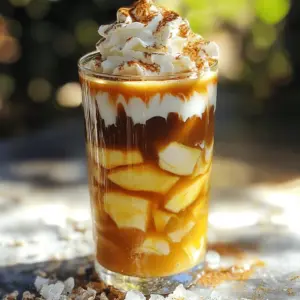 To make the Iced Apple Crisp Macchiato, gather these items: - 1 cup freshly brewed coffee or espresso (cooled) - 1/2 cup milk (or your choice of milk alternative) - 1 tablespoon caramel syrup - 1 tablespoon apple pie spice - 1/4 cup apple cider - 1/2 teaspoon vanilla extract - Crushed ice - Whipped cream (optional) - Extra caramel drizzle (optional) - Ground cinnamon for garnish You can switch out some ingredients if needed. Here are my tips: - Use oat milk or almond milk instead of regular milk. - Try maple syrup in place of caramel syrup for a different flavor. - If you do not have apple pie spice, mix cinnamon and nutmeg for a similar taste. - Use a strong brewed tea if you want a caffeine-free option. For the best taste, I recommend these brands: - Coffee: Look for freshly roasted beans from local roasters for maximum flavor. - Milk Alternatives: For oat milk, try Oatly; for almond milk, go with Califia Farms. - Caramel Syrup: Torani makes a great caramel syrup that adds rich sweetness. - Apple Cider: Choose a fresh local cider for the best flavor in your drink. These ingredients will help you create a delicious Iced Apple Crisp Macchiato. Enjoy the mix of flavors and the fun of making it! To start, we need to make the spiced apple cider. Grab a small saucepan. In it, combine 1/4 cup of apple cider with 1 tablespoon of apple pie spice. Heat this mixture over medium heat. Be careful not to let it boil. You want it warm, not hot enough to bubble. Stir it a bit as it heats. Once it’s warm, take it off the heat and set it aside. Next, we’ll mix the coffee base. Take a separate glass and pour in 1 cup of chilled brewed coffee or espresso. Add 1/2 teaspoon of vanilla extract and 1 tablespoon of caramel syrup. Mix it well with a spoon. Make sure the syrup blends fully into the coffee. This step adds sweetness and depth to your drink. Now it’s time to assemble your drink! Get a tall glass and fill it with crushed ice. Slowly pour the warm apple cider mixture over the ice. The ice will cool it down a bit. Next, carefully layer the coffee mixture over the apple cider. Take your time to keep the layers separate. This makes your drink look beautiful. For the next layer, froth 1/2 cup of milk until it’s light and airy. Then, gently pour this frothy milk over the coffee layer. Aim for a layered look again as you pour. If you want to make it special, top your drink with whipped cream. Drizzle caramel sauce over the whipped cream and sprinkle ground cinnamon on top. Enjoy this delicious drink right away! To create layers in your Iced Apple Crisp Macchiato, you need to pour carefully. Start with the warm apple cider over crushed ice. This cools it down quickly. Next, slowly pour the coffee mixture on top. Hold the glass at an angle for better control. This way, the coffee floats instead of mixing in. Take your time, and you will see beautiful layers. To boost the flavors, try adding a pinch more apple pie spice. This gives a stronger apple taste. If you prefer sweeter drinks, add more caramel syrup. You can also switch the vanilla extract for almond extract. This change adds a nutty flavor that works well with apple. Remember to taste as you go. Adjust flavors to match your personal preference. You don't need fancy tools for this drink. Here are the basics: - A small saucepan for warming the apple cider - A frother or whisk for the milk - Measuring spoons for precision - A tall glass to showcase the layers - A spoon for mixing These simple items help you make a great Iced Apple Crisp Macchiato at home. {{image_4}} If you want a dairy-free Iced Apple Crisp Macchiato, you can easily swap the milk. Almond milk, oat milk, or coconut milk work well. These choices add their own flavors, making your drink unique. Oat milk gives a creamy texture, while almond milk is lighter. Choose what you like best! You can change the sweetness to fit your taste. If you want it sweeter, add more caramel syrup. For a less sweet drink, cut back on the syrup. You can also use maple syrup or honey for a different flavor. Try adjusting it to find your perfect balance! You can change ingredients based on the season. In fall, use fresh apple slices or cinnamon sticks for garnish. In winter, add a splash of peppermint syrup for a fresh twist. During spring or summer, consider using a splash of lemon juice for brightness. These swaps keep your drink fresh and fun! To keep your drink fresh, store any leftover apple cider in the fridge. Use an airtight container. It will stay good for about three days. If you have extra caramel syrup, keep it in a cool, dark place. It lasts a long time. Milk can spoil quickly, so check the date before using it. If you have leftover spiced apple cider, you can heat it again. Pour it into a saucepan and warm it over low heat. Stir it gently until it’s hot. Avoid boiling. You can add more apple pie spice if you want a stronger flavor. This can make a great warm drink too! For iced drinks, keep them cold. Store your Iced Apple Crisp Macchiato in the fridge if you don’t drink it all. Use a sealed container to keep it fresh. If you notice the ice melting, it may dilute the flavors. You can add fresh ice when you are ready to enjoy it again. An Iced Apple Crisp Macchiato is a layered drink that mixes coffee, apple cider, and spices. It has a sweet and spicy flavor, perfect for any season. You start with warm spiced apple cider, then add chilled coffee, and finally, frothy milk. The drink looks pretty with its distinct layers, and it tastes like autumn in a cup. Yes, you can use brewed coffee instead of espresso. Just make sure the coffee is strong enough. Brew a cup and let it cool. This way, you can still enjoy the same great taste without needing an espresso machine. To make this drink sugar-free, swap the caramel syrup for a sugar-free version. You can also use a sugar substitute in the milk or apple cider. This will keep the flavor without adding sugar, making it a healthier option. Apple pairs well with many flavors. You can try cinnamon, nutmeg, or even vanilla. For a twist, add a hint of ginger or a splash of lemon juice. These flavors can enhance the apple and add depth to your drink. You can prep some parts ahead. Make the spiced apple cider and chill it. Brew your coffee and cool it as well. When you're ready to enjoy your drink, just layer the ingredients with ice and milk. It's best to assemble it fresh for the best taste and look. This blog post guides you through making an Iced Apple Crisp Macchiato. We covered key ingredients, showed you easy step-by-step instructions, and shared tips for a perfect drink. We also discussed fun variations and storage tips for leftovers. Now you can create your own tasty, seasonal drink at home. Remember to experiment with flavors and adjust sweetness to fit your taste. Enjoy this delightful drink anytime and impress your friends with your skills!