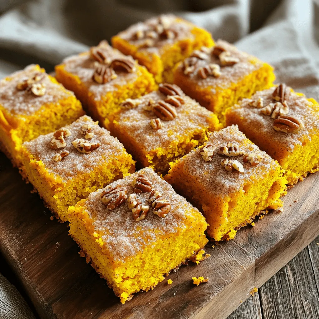 To make a tasty Pumpkin Snickerdoodle Snack Cake, you need these simple ingredients: - 1 cup pumpkin puree - 3/4 cup granulated sugar - 1/2 cup brown sugar, packed - 1/2 cup vegetable oil - 2 large eggs - 1 teaspoon vanilla extract - 2 cups all-purpose flour - 1 teaspoon baking powder - 1 teaspoon baking soda - 1 teaspoon ground cinnamon - 1/2 teaspoon ground nutmeg - 1/4 teaspoon ground ginger - 1/4 teaspoon salt - 1 tablespoon cinnamon sugar (for topping: mix 1 tablespoon sugar with 1 teaspoon cinnamon) When measuring ingredients, use the right tools. For dry ingredients, use dry measuring cups. Fill the cup and level it off with a knife. For liquids, use a liquid measuring cup. Pour until you reach the desired line. This helps your cake rise and taste great. If you don't have all the ingredients, don't worry! Here are some swaps you can try: - Use applesauce instead of pumpkin for a different flavor. - Swap vegetable oil with melted coconut oil for a richer taste. - Replace eggs with flax eggs (1 tablespoon ground flaxseed + 2.5 tablespoons water) for a vegan option. - Use whole wheat flour in place of all-purpose flour for a healthier version. These swaps keep your cake delicious while fitting your needs. You can find the full recipe for the Pumpkin Snickerdoodle Snack Cake in this article. First, preheat your oven to 350°F (175°C). This step warms the oven, helping your cake bake evenly. Next, take a 9x13 inch baking pan. Grease it with some butter or oil, then add flour. This helps the cake come out easily. If you prefer, you can line the pan with parchment paper instead. In a large bowl, add 1 cup of pumpkin puree, 3/4 cup of granulated sugar, and 1/2 cup of brown sugar. Pour in 1/2 cup of vegetable oil, then mix it all together. You can use a whisk or an electric mixer to blend well until the mix is smooth. Now, crack in 2 large eggs and add 1 teaspoon of vanilla extract. Mix again until everything combines perfectly. In another bowl, add 2 cups of all-purpose flour, 1 teaspoon of baking powder, and 1 teaspoon of baking soda. Also, include 1 teaspoon of ground cinnamon, 1/2 teaspoon of ground nutmeg, 1/4 teaspoon of ground ginger, and 1/4 teaspoon of salt. Whisk this dry mix well. Next, slowly add this to your wet mix. Stir gently with a spatula until just combined. Don't overmix; the batter should be a bit lumpy. Now, pour the batter into your prepared pan. Spread it evenly. Then, sprinkle 1 tablespoon of cinnamon sugar on top of the batter. Bake for 25-30 minutes. Use a toothpick to check; it should come out clean when the cake is done. Let it cool in the pan for about 10 minutes. After that, move it to a wire rack to cool completely. For the full recipe, refer to the ingredients section. To keep your Pumpkin Snickerdoodle Snack Cake moist, use fresh pumpkin puree. Canned pumpkin will work, but fresh gives a deeper flavor. Always measure your ingredients carefully. Too much flour can make the cake dry. Mix well, but don’t overdo it. A few lumps in the batter are fine. They help keep the cake soft. One big mistake is not prepping the baking pan well. Grease and flour it, or use parchment paper. This step helps you lift the cake out easily. Avoid adding too much cinnamon sugar. Too much can burn while baking. Lastly, always test for doneness with a toothpick. If it comes out clean, your cake is ready. The topping is what makes this cake special. Mix one tablespoon of sugar with one teaspoon of cinnamon for the perfect blend. Sprinkle it evenly over the batter before baking. This adds a sweet crunch on top. You can also add a little extra cinnamon for a stronger flavor. This simple step makes your cake shine. For the full recipe, check the complete guide! {{image_4}} You can easily make this cake gluten-free. Use a gluten-free flour blend instead of all-purpose flour. It works well in most recipes. Just make sure to pick a blend that has xanthan gum. This helps your cake hold together. Follow the same steps in the Full Recipe. The taste will be just as good. For a fun twist, add chocolate chips or nuts to the batter. I love using semi-sweet chocolate chips. They add a sweet touch. If you prefer nuts, walnuts or pecans work great. Add about one cup to the batter before baking. This makes the cake richer and gives it a nice crunch. You can change the spices for new flavors. Try adding cardamom or allspice for a different taste. You could also use pumpkin pie spice if you want a quick option. These spices bring out the pumpkin flavor even more. Remember, small changes can make a big difference in your cake. To keep your Pumpkin Snickerdoodle Snack Cake fresh, store it in an airtight container. Make sure it cools completely before sealing it. This helps prevent sogginess. You can keep it at room temperature for up to three days. If you want to keep it longer, refrigerate it. It can last up to a week in the fridge. Just remember to cover it well! Freezing is a great option for this cake. First, let it cool completely. Then, cut the cake into individual squares. Wrap each piece tightly in plastic wrap. For extra protection, place the wrapped pieces in a freezer bag. This method helps avoid freezer burn. You can freeze the cake for up to three months. When you're ready to eat, simply thaw it in the fridge overnight. To enjoy the cake warm, you can reheat it easily. Preheat your oven to 350°F (175°C). Place the pieces on a baking sheet. Heat them for about 10–15 minutes, or until warm. You can also use a microwave. Heat one piece at a time for 15–20 seconds. Be careful not to overheat it, or it may dry out. Enjoy your delicious cake just like it was fresh! Yes, you can use canned pumpkin. It saves time and works well. Just make sure you choose pure pumpkin puree, not pumpkin pie filling. This helps keep your flavors balanced. Canned pumpkin gives you consistent results, which is great for every cook. The cake lasts about three days at room temperature. Store it in an airtight container to keep it fresh. If you want it to last longer, you can refrigerate it. In the fridge, it will stay good for about a week. Just remember to let it warm up a bit before serving. You can make this recipe vegan! Replace the eggs with flax eggs. Mix one tablespoon of ground flaxseed with three tablespoons of water. Let it sit for five minutes to thicken. Use this mix in place of the eggs. Also, ensure that the sugar you use is vegan-friendly. Enjoy your vegan treat! For the full recipe, check out the details above. You now have all you need to bake a delicious pumpkin snickerdoodle snack cake. We covered the key ingredients, tips for perfect mixing, and how to avoid common mistakes. You can even customize your cake with fun variations. Remember to store leftovers properly and enjoy them later. Baking is fun and rewarding. I hope you feel ready to start your own baking adventure!