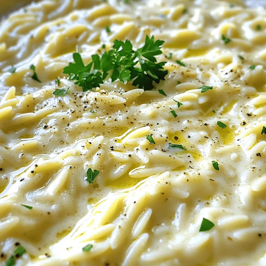To make creamy garlic Parmesan orzo, you need: - 1 cup orzo pasta - 1 cup heavy cream - 1 cup freshly grated Parmesan cheese Orzo is a small pasta that cooks quickly. It absorbs flavors well. Heavy cream adds richness, making the dish creamy. Fresh Parmesan gives a cheesy and nutty taste. For flavor, gather these herbs and seasonings: - 3-4 cloves garlic, finely minced - 1/2 teaspoon freshly ground black pepper - 1/4 teaspoon sea salt - 1 tablespoon fresh parsley, finely chopped (for garnish) - 1 tablespoon freshly squeezed lemon juice Garlic brings a strong, savory taste. Black pepper adds a bit of heat. Sea salt enhances all the flavors. Fresh parsley gives a pop of color and freshness. Lemon juice adds brightness to the dish. You will also need: - 2 tablespoons high-quality olive oil - 2 cups vegetable broth (low-sodium preferred) Olive oil is great for sautéing and adds a fruity flavor. Vegetable broth provides a tasty base for cooking the orzo. Choosing low-sodium broth helps control the saltiness of your meal. Having these ingredients ready makes cooking smooth and fun! Prepare to enjoy a delightful comfort meal that warms your heart. Start by heating a medium saucepan over medium heat. Pour in the olive oil and let it warm. Then, add the minced garlic. Sauté the garlic for about 30 seconds. Stir it often until it smells great and turns a light golden color. This step builds the rich base flavors for your dish. Next, add the orzo pasta to the pan. Stir it well to coat it with oil. Toast the orzo for about two minutes, stirring occasionally until it turns a light golden hue. This adds a nice crunch and depth to the pasta. After that, pour in the vegetable broth. Stir the mixture and raise the heat until it starts to boil. Once boiling, lower the heat to let it simmer. Cover the pan and cook the orzo for 10 to 12 minutes. Stir it occasionally to stop it from sticking. You want the orzo to be tender yet firm to the bite. When the orzo is cooked, stir in the heavy cream and grated Parmesan cheese. Add the black pepper and salt next. Mix everything until the cheese melts and the orzo is creamy. Off the heat, drizzle in the lemon juice. This brightens up the flavors. Serve the dish hot, garnished with chopped parsley for a fresh touch. Enjoy your creamy garlic Parmesan orzo! To get the creamiest texture in your orzo, use heavy cream. It makes a rich sauce that coats the pasta well. Stir in the cheese over low heat. This helps it melt smoothly. Adding a splash of lemon juice at the end brightens the dish. It balances the richness and adds flavor. Sauté garlic carefully. Too much heat can burn it. I recommend medium heat for about 30 seconds. Stir it often until it turns light golden. This step builds a strong flavor base. The smell of garlic will fill your kitchen. It’s a sign you’re on the right track! Always choose fresh ingredients when you can. Fresh garlic offers a better taste than jarred. Use high-quality olive oil for depth. Fresh parsley adds color and flavor as a garnish. When you use fresh items, your dish shines. It makes your creamy garlic Parmesan orzo even better! {{image_4}} You can boost the flavor and nutrition of your orzo by adding vegetables. Consider using spinach, peas, or cherry tomatoes. These veggies cook fast and add color. You can add them in the last few minutes of cooking. This way, they stay fresh and vibrant. You can also use roasted vegetables like zucchini or bell peppers. They add a nice depth of flavor. If you want to make your orzo a complete meal, add protein. Grilled chicken, shrimp, or sausage work well. You can cook the protein separately and mix it in at the end. For a vegetarian option, try chickpeas or white beans. They add a creamy texture and extra protein. You can also sprinkle some crispy bacon on top for added crunch and flavor. You can change the flavor profile of your orzo with simple substitutions. Instead of garlic, try shallots for a milder taste. Swap Parmesan for feta cheese for a tangy twist. You can also add different herbs, like basil or thyme, for freshness. A splash of white wine can add depth too. Just remember to let it cook off before adding the cream. You can store leftover creamy garlic Parmesan orzo in an airtight container. Keep it in the fridge for up to three days. Make sure to let it cool first. This helps avoid excess moisture, which can affect texture. When ready to eat, check for any signs of spoilage before reheating. If you want to save orzo for later, freezing is a great option. Place it in a freezer-safe container or bag. It’s best to freeze it within one day of cooking for quality. You can keep it frozen for up to two months. When you’re ready to use it, let it thaw in the fridge overnight. To reheat, add the orzo to a saucepan over low heat. This keeps it from drying out. You can add a splash of vegetable broth or cream to bring back its creamy texture. Stir often until heated through. If using a microwave, heat in short intervals, stirring in between to ensure even warming. Enjoy your meal just like it was fresh! Yes, you can use other small pasta shapes. Try using ditalini, fusilli, or even penne. Just remember to adjust the cooking time based on the pasta type. Cooking the pasta longer may lead to a softer texture. Keep an eye on it while it cooks. To make this orzo dish vegetarian, simply use vegetable broth instead of chicken broth. All other ingredients are already vegetarian. This change keeps the dish rich and creamy. You can also add fresh veggies for more flavor and nutrition. Creamy garlic Parmesan orzo pairs well with many dishes. Serve it alongside grilled chicken or fish for a complete meal. You can also enjoy it with a fresh salad to add crunch. For a comforting touch, try serving it with garlic bread or crusty rolls. This blog covered how to make creamy garlic Parmesan orzo. We started with key ingredients like orzo pasta, dairy, and fresh herbs. Next, I gave a simple step-by-step guide for cooking the dish. I shared tips for a creamy texture and how to sauté garlic well. You can also try adding veggies or protein to change it up. Finally, I went over storage and reheating methods. Remember, cooking is fun and you can always make it your own! Enjoy your orzo!