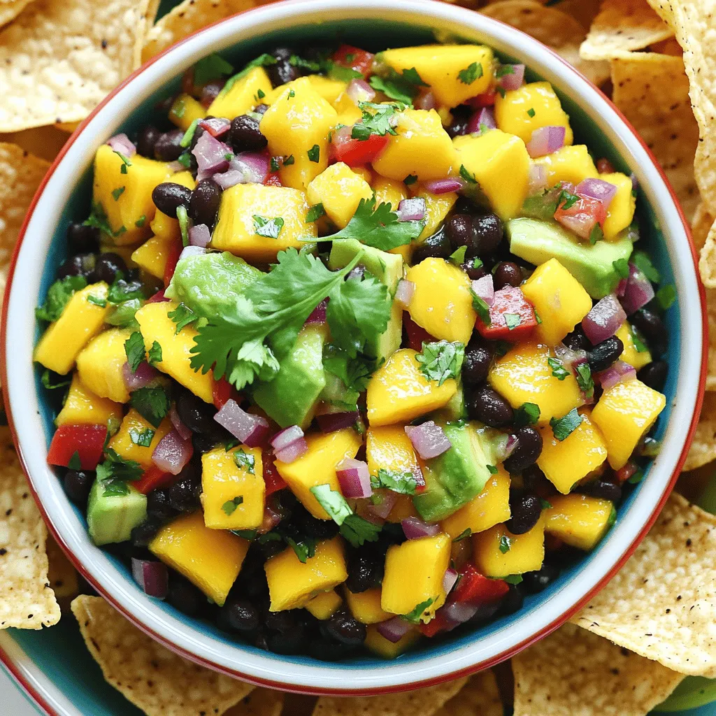 - 1 ripe mango, diced into 1/2-inch pieces - 1 ripe avocado, diced into 1/2-inch pieces - 1 small red onion, finely chopped - 1 red bell pepper, diced into 1/2-inch pieces - 1 jalapeño pepper, deseeded and minced for heat The fresh produce in this salsa brings a burst of flavor. Ripe mango adds sweetness. The avocado lends creaminess. Red onion gives a slight sharpness. Red bell pepper adds crunch. Jalapeño provides a spicy kick. Adjust the jalapeño to fit your taste. - 1 can (15 oz) black beans, thoroughly rinsed and drained - 2 tablespoons freshly squeezed lime juice - 1 tablespoon extra virgin olive oil - Salt and freshly ground black pepper, to taste Black beans are a great source of protein. They make the dip more filling. Lime juice brightens the flavors. Olive oil adds a nice richness. Use salt and pepper to enhance the taste. These pantry staples combine for a balanced mix. - 1/4 cup fresh cilantro, roughly chopped - Optional spices (if desired) Fresh cilantro adds a fresh, herbal note. You can use optional spices for extra flair. Consider cumin or chili powder for warmth. These herbs and seasonings round out the salsa's profile. The goal is to create a fresh and vibrant dip. First, gather your fresh ingredients. I love the vibrant colors of this salsa. Start by dicing the ripe mango and avocado into 1/2-inch pieces. This size gives a good bite. Next, chop the small red onion finely. The red onion adds a nice sweetness. Then, chop the red bell pepper into 1/2-inch pieces. For some heat, take a jalapeño pepper. Deseed it and mince it into tiny bits. Adjust the amount based on your spice preference. Now, grab a large mixing bowl. Combine the diced mango, avocado, black beans, chopped red onion, and diced bell pepper. This mix looks beautiful and fresh. Now, add the minced jalapeño to the mix. In a smaller bowl, whisk together the lime juice, olive oil, a pinch of salt, and black pepper. This dressing brightens the salsa. It’s quick and easy to make. Drizzle the dressing over the salsa ingredients. Gently toss everything together with a spatula. Be careful not to mash the avocado. You want it to keep its shape. Next, fold in the chopped cilantro. This adds a fresh flavor. Taste the salsa and adjust the seasoning. Add more salt, pepper, or lime juice to fit your taste. Let the salsa sit at room temperature for about 10 minutes. This helps the flavors blend. Enjoy the explosion of flavors in your mango avocado black bean salsa! - Choosing ripe fruit: Pick a mango that feels slightly soft when you press it. A good avocado should give a little under gentle pressure. This ensures they both add creaminess and sweetness to the salsa. - Adjusting spice levels: If you want more heat, add more jalapeño. Start with a little and taste as you go. For a milder salsa, skip the jalapeño or remove the seeds before adding. - Serving in bowls with tortilla chips: Use a bright bowl to show off the colors. Arrange tortilla chips around it for easy dipping. This makes for a fun and inviting appetizer. - Using as topping for grilled meats: This salsa adds freshness to grilled chicken or fish. Just spoon it on top right before serving. It gives a burst of flavor and color to your dish. - Recommended additional ingredients: You can add corn for sweetness or tomatoes for juiciness. Both bring new textures and flavors. Try adding diced cucumber for crunch too. - Marinating for optimal taste: Let the salsa sit for about 10 minutes before serving. This helps the flavors blend. If you have time, marinate it for an hour in the fridge to deepen the taste. {{image_4}} You can swap out black beans for other beans. Try kidney beans or pinto beans for a new taste. If you want a sweeter bite, add corn or diced tomatoes. Corn gives a nice crunch, and tomatoes add juiciness. Both can brighten the flavors in your salsa. This salsa is vegan-friendly. All the ingredients come from plants. You can enjoy it without worry. If you're gluten-free, this salsa works for you, too. Just check that your tortilla chips are gluten-free. Enjoy this fresh dip without any fuss! Want to explore new flavors? Try adding orange juice instead of lime juice. This gives a sweet and tangy twist. You can also mix in fresh herbs like basil or mint. These herbs add a fresh and fragrant note to the salsa. Each variation can bring a new level of fun to your dish! To store leftovers, place your salsa in an airtight container. This keeps it fresh and tasty. Make sure to cover it tightly. If you add lime juice, it helps slow down browning. Always use a clean spoon to scoop out the salsa. This prevents germs from getting in. In the fridge, salsa lasts about 2 to 3 days. Check for signs of spoilage, like brown avocado or a sour smell. If the salsa looks off or smells bad, it’s best to toss it. Freshness is key for great flavor! Yes, you can freeze the salsa! However, the texture may change after thawing. To freeze, use a freezer-safe container or bag. Leave some space for expansion. When you want to eat it, thaw it in the fridge overnight. Stir well before serving to mix up the flavors again. To add heat, you can use more jalapeño. Keep the seeds for extra spice. You can also add diced serrano peppers or a dash of hot sauce. If you love bold flavors, try a sprinkle of cayenne pepper. Remember, always taste as you go. This way, you find your perfect level of spice. Yes, you can make this salsa ahead of time. I suggest preparing the salsa a few hours before serving. This allows the flavors to blend well. Just keep it in the fridge until you’re ready to serve. If you make it too early, the avocado may brown. To slow this down, add lime juice right before serving. This salsa pairs well with many dishes. Serve it with crunchy tortilla chips for a tasty snack. You can also use it as a topping on grilled chicken or fish. It adds a fresh twist to tacos or burritos. For a light meal, serve it over a bed of greens. You can even spoon it onto baked potatoes for a fun side dish. Yes, this salsa is quite healthy! It has fresh mango, avocado, and black beans. Mango adds vitamins A and C. Avocado gives healthy fats and fiber. Black beans are a great source of protein and minerals. This salsa is low in calories and packed with nutrients. It’s a perfect choice for a nutritious snack or meal addition. This blog post showed you how to make Mango Avocado Black Bean Salsa. We covered key ingredients, step-by-step instructions, and helpful tips. You learned how to enhance flavor and make variations too. This salsa is fresh and tasty, perfect for any meal. With practice, you can customize it to your likes. Enjoy great flavor that's healthy!