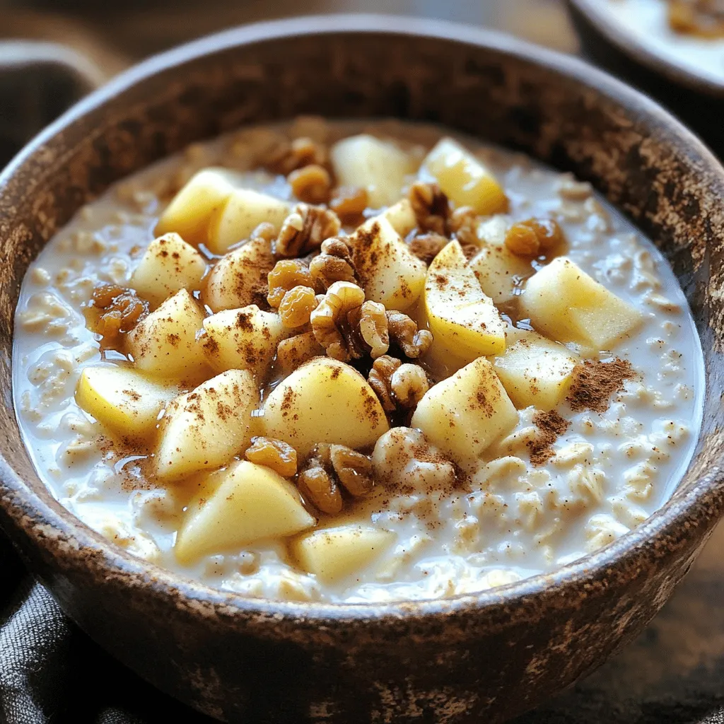 - 1 cup rolled oats - 2 cups almond milk (or any milk of your choice) - 1 medium apple, peeled and diced (preferably a sweet variety like Fuji or Honeycrisp) - 1 teaspoon ground cinnamon - 2 tablespoons maple syrup (or honey, for sweetness) - 1 tablespoon chia seeds (optional for extra nutrition) - 1/2 teaspoon vanilla extract - Pinch of salt - Optional toppings: chopped walnuts, raisins, or additional apple slices This meal is full of nutrients. Each serving offers fiber, vitamins, and healthy fats. Rolled oats provide energy and keep you full. Apples add vitamin C and antioxidants. Almond milk has fewer calories than dairy milk. Maple syrup gives natural sweetness. Chia seeds boost omega-3 fatty acids. - Rolled oats: Help with digestion and provide lasting energy. - Almond milk: A low-calorie option that is dairy-free. - Apples: Great for heart health and full of fiber. - Cinnamon: May help lower blood sugar levels and add flavor. - Maple syrup: A natural sweetener with minerals. - Chia seeds: Offer extra fiber and protein for fullness. - Vanilla extract: Adds flavor without extra calories. - Salt: Balances flavors and enhances taste. - Toppings: Add crunch and extra nutrients. To make your Apple Cinnamon Overnight Oats, start by gathering your ingredients. You will need: - 1 cup rolled oats - 2 cups almond milk (or any milk of your choice) - 1 medium apple, peeled and diced - 1 teaspoon ground cinnamon - 2 tablespoons maple syrup (or honey) - 1 tablespoon chia seeds (optional) - 1/2 teaspoon vanilla extract - Pinch of salt - Optional toppings: chopped walnuts, raisins, or extra apple slices In a large bowl, mix the oats, almond milk, diced apple, and cinnamon. Then, add the maple syrup, chia seeds, vanilla, and salt. Stir well to combine everything. Make sure the oats soak well in the liquid. Cover the bowl tightly with plastic wrap. You can also use individual containers for easy serving. Place them in the fridge. Let the oats soak overnight for the best results. If you're in a hurry, let them soak for at least 4 hours. The oats will become soft and creamy during this time. When you wake up, your oats will be ready. Give them a good stir. If you want them creamier, add a splash of almond milk. Spoon the oats into bowls and top them with your favorite ingredients. I love using chopped walnuts or some raisins for added flavor. Extra apple slices also make a great topping. Enjoy your healthy breakfast! To achieve creamier oats, add a splash of almond milk before serving. Stir it well. This extra milk helps soften the oats more. You can also mix in some yogurt for a thicker texture. I love using Greek yogurt for its rich taste and added protein. If you prefer sweeter oats, feel free to add more maple syrup or honey. Start with one extra tablespoon, then taste. You can also use mashed banana or applesauce for natural sweetness. These options not only enhance flavor but also add healthy nutrients. Store your overnight oats in airtight containers. This keeps them fresh and prevents odors from other foods. If you make a large batch, divide it into single servings. This makes breakfast easy! Remember to check for any changes in smell or texture before eating. {{image_4}} You can mix things up with flavor additions. Try adding nuts like walnuts or almonds for a crunch. Dried fruits, such as raisins or cranberries, add natural sweetness. You can also toss in a spoon of nut butter for creaminess and extra flavor. For a bit of zing, add a dash of ginger or nutmeg. If you want to switch up the milk, many options exist. Almond milk is a favorite, but try oat milk or soy milk for different tastes. Coconut milk adds a tropical flair, while cashew milk makes it extra rich. Each milk gives a unique flavor to the oats, so feel free to explore. Make your oats seasonal for a fresh twist. In fall, add pumpkin puree and spices like nutmeg. For winter, mix in cranberries or citrus zest for brightness. In spring, fresh berries like strawberries or blueberries can add color and flavor. In summer, peaches or cherries bring sweetness and juiciness to your bowl. To keep your apple cinnamon overnight oats fresh, store them in airtight containers. You can use glass jars or plastic containers. If you like, divide the oats into individual servings. This makes it easy to grab one for breakfast. Make sure to cover the containers tightly. This helps prevent the oats from drying out. Always place them in the refrigerator. The cold helps keep the oats fresh and tasty. Your overnight oats will stay good for about 3 to 5 days in the fridge. If you see any signs of spoilage, like an off smell or strange texture, it's best to throw them away. For the best taste, enjoy your oats within 2 days. The apples may brown over time, but they will still be safe to eat. To keep apples fresh longer, you can add a squeeze of lemon juice. This helps slow down browning. If you prefer warm oats, you can heat them up. Pour the oats into a bowl and microwave them for about 30 to 60 seconds. Stir them halfway through heating to ensure even warmth. You can also use a stovetop. Just add a splash of almond milk to the oats in a small pot. Heat over low heat, stirring until warm. This keeps the oats creamy. Feel free to add more toppings after reheating. Your oats can be just as delicious warm as they are cold! Yes, you can use quick oats. They will absorb liquid faster. This means your oats may be creamier but less chewy. If you prefer a softer texture, quick oats work well. Just remember, they might not hold their shape as much. You can keep overnight oats for up to five days in the fridge. This makes them great for meal prep. I recommend storing them in airtight containers. This helps keep them fresh and tasty for your busy mornings. For extra protein, you can add Greek yogurt or protein powder. Chia seeds also boost protein and fiber. You might try nuts like almonds or walnuts. These not only add protein but also a nice crunch. In this blog post, we explored the key ingredients for overnight oats, covering their nutrition and benefits. I shared clear steps for preparation and tips to enhance creaminess and flavor. We discussed variations to suit your taste and how to store your oats properly. Overall, overnight oats are easy, healthy, and versatile. They fit into any diet and help start your day right. Enjoy making your own delicious creations that keep you full and satisfied!