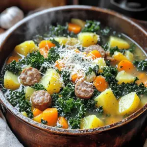 - 1 pound Italian sausage (spicy or mild) - 4 medium Yukon Gold potatoes, diced - 1 large onion, finely chopped - 3 cloves garlic, minced - 4 cups vegetable broth - 1 cup milk (or dairy-free alternative) - 1 bunch fresh kale, chopped - 2 carrots, sliced - Salt, pepper, thyme, and smoked paprika - Olive oil and grated Parmesan cheese (optional) For this sausage potato kale soup, you need a mix of fresh and hearty ingredients. Start with one pound of Italian sausage. You can pick spicy or mild based on your taste. The sausage gives the soup a rich flavor. Next, use four medium Yukon Gold potatoes. Dice them into bite-sized pieces. This makes them cook evenly. A large onion adds sweetness. Finely chop it to help it blend well. Three cloves of minced garlic bring a lovely aroma. Garlic enhances the overall taste of the soup. For the base, four cups of vegetable broth are essential. This adds depth and warmth. You’ll also need one cup of milk or a dairy-free option. This makes the soup creamy and smooth. Now, let’s not forget the greens! Chop one bunch of fresh kale. It adds color and nutrients. Two sliced carrots provide sweetness and crunch. Finally, use salt, pepper, dried thyme, and smoked paprika for flavor. These spices tie everything together. A drizzle of olive oil adds richness. If you like, top with grated Parmesan cheese for a salty finish. This blend of ingredients makes the soup a comforting bowl of goodness. - Warm 2 tablespoons of olive oil in a large pot over medium heat. - Remove the casing from 1 pound of Italian sausage. - Add the sausage to the pot and break it apart with a spatula. - Cook it until it turns brown, about 5 to 7 minutes. - Next, add 1 large finely chopped onion to the pot. - Then, add 3 cloves of minced garlic. - Sauté these until the onion is soft and clear, about 3 to 4 minutes. - Stir in 4 diced Yukon Gold potatoes, 2 sliced carrots, 1 teaspoon of dried thyme, and 1 teaspoon of smoked paprika. - Cook together for 3 minutes, stirring often to mix the flavors. - Pour in 4 cups of vegetable broth and bring it to a boil. - Once boiling, lower the heat to a gentle simmer. Cover the pot and let it cook for 15 to 20 minutes until the potatoes and carrots are tender. - When the veggies are soft, add 1 bunch of chopped kale and 1 cup of milk to the pot. - Stir gently and let it cook for another 5 minutes until the kale wilts. - Taste the soup and add salt and freshly cracked black pepper as you like. - If the soup is too thick, add more broth or water to reach the right consistency. When cooking sausage, start with a hot pot. This helps the sausage brown well. Remove the casing and crumble the sausage into pieces. Cook it until it’s nice and brown. This will add great flavor to your soup. To test for vegetable tenderness, use a fork. Gently poke a potato or carrot piece. If it slides off easily, they are done. This is key to making the soup tasty and enjoyable. Adding herbs and spices can boost the taste of your soup. I love using dried thyme and smoked paprika. They give the soup a warm, earthy flavor. You can also try adding a pinch of red pepper flakes for heat. For extra toppings, consider grated Parmesan cheese. It adds a creamy texture. You can also sprinkle fresh herbs like parsley or chives on top for color. The ideal serving temperature for this soup is hot. Ladle it into bowls straight from the pot. This makes it comforting and inviting. Pair the soup with crusty bread or a fresh salad. A simple green salad works well. The crunch of the salad balances the soup's creaminess. Enjoy every bite! {{image_4}} You can switch the Italian sausage for chicken or turkey sausage. This change makes the soup lighter but still tasty. The flavors blend well with the potatoes and kale. If you want a plant-based option, try vegetarian sausage. It adds a nice texture and flavor without meat. Feel free to add seasonal vegetables to your soup. Sweet potatoes or zucchini work great. You can even throw in some bell peppers for extra color. If you have frozen kale, use it! Just toss it in during the last few minutes of cooking. Frozen kale is already chopped, saving you time and effort. If you need a dairy-free option, use almond, oat, or coconut milk instead of regular milk. Each will change the flavor slightly but still keep the soup creamy. For a rich texture, try using cashew cream. It blends well and adds a nice depth to the soup. To store leftovers, let the soup cool first. Then, transfer it to an airtight container. This keeps the soup fresh and safe. I like to use glass containers. They do not stain and are easy to clean. You can freeze the soup for future meals. Just make sure it cools completely. Pour the soup into freezer-safe containers or bags. Leave some space at the top for expansion. To thaw, place the soup in the fridge overnight. Reheat on the stove over low heat, stirring often. You can also use the microwave for quick reheating. In the fridge, this soup lasts about 3 to 4 days. If you see any mold or a strange smell, it’s best to toss it. If the soup looks off or has a sour smell, do not eat it. Always trust your senses! Yes, you can make this soup ahead of time. Store it in the fridge for up to three days. To reheat, pour the soup into a pot over low heat. Stir often to warm it evenly. If the soup thickens, add a splash of broth or water. Absolutely! If you can't find kale, try using spinach or Swiss chard. Spinach wilts quickly, so add it just five minutes before serving. Swiss chard takes a bit longer, about eight minutes, to soften. Yes, this soup can be gluten-free. Check your sausage and broth labels. Some brands add gluten. Use gluten-free broth and sausage to keep it safe for those with gluten allergies. You can easily add beans for extra protein. Canned beans like cannellini or kidney work best. Rinse and drain them first. Add them when you add the kale, and let them heat through for about five minutes. This soup combines tasty sausage, fresh veggies, and hearty broth. You can customize it with different proteins, vegetables, or toppings. Remember to store any leftovers properly for later enjoyment. This recipe is easy to prepare and fun to make with family or friends. Enjoy every warm, delicious bite of this comfort food classic. Your options are endless, so get creative!