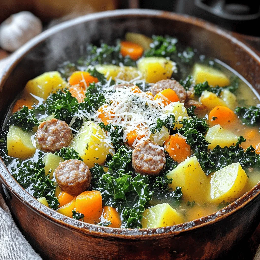 - 1 pound Italian sausage (spicy or mild) - 4 medium Yukon Gold potatoes, diced - 1 large onion, finely chopped - 3 cloves garlic, minced - 4 cups vegetable broth - 1 cup milk (or dairy-free alternative) - 1 bunch fresh kale, chopped - 2 carrots, sliced - Salt, pepper, thyme, and smoked paprika - Olive oil and grated Parmesan cheese (optional) For this sausage potato kale soup, you need a mix of fresh and hearty ingredients. Start with one pound of Italian sausage. You can pick spicy or mild based on your taste. The sausage gives the soup a rich flavor. Next, use four medium Yukon Gold potatoes. Dice them into bite-sized pieces. This makes them cook evenly. A large onion adds sweetness. Finely chop it to help it blend well. Three cloves of minced garlic bring a lovely aroma. Garlic enhances the overall taste of the soup. For the base, four cups of vegetable broth are essential. This adds depth and warmth. You’ll also need one cup of milk or a dairy-free option. This makes the soup creamy and smooth. Now, let’s not forget the greens! Chop one bunch of fresh kale. It adds color and nutrients. Two sliced carrots provide sweetness and crunch. Finally, use salt, pepper, dried thyme, and smoked paprika for flavor. These spices tie everything together. A drizzle of olive oil adds richness. If you like, top with grated Parmesan cheese for a salty finish. This blend of ingredients makes the soup a comforting bowl of goodness. - Warm 2 tablespoons of olive oil in a large pot over medium heat. - Remove the casing from 1 pound of Italian sausage. - Add the sausage to the pot and break it apart with a spatula. - Cook it until it turns brown, about 5 to 7 minutes. - Next, add 1 large finely chopped onion to the pot. - Then, add 3 cloves of minced garlic. - Sauté these until the onion is soft and clear, about 3 to 4 minutes. - Stir in 4 diced Yukon Gold potatoes, 2 sliced carrots, 1 teaspoon of dried thyme, and 1 teaspoon of smoked paprika. - Cook together for 3 minutes, stirring often to mix the flavors. - Pour in 4 cups of vegetable broth and bring it to a boil. - Once boiling, lower the heat to a gentle simmer. Cover the pot and let it cook for 15 to 20 minutes until the potatoes and carrots are tender. - When the veggies are soft, add 1 bunch of chopped kale and 1 cup of milk to the pot. - Stir gently and let it cook for another 5 minutes until the kale wilts. - Taste the soup and add salt and freshly cracked black pepper as you like. - If the soup is too thick, add more broth or water to reach the right consistency. When cooking sausage, start with a hot pot. This helps the sausage brown well. Remove the casing and crumble the sausage into pieces. Cook it until it’s nice and brown. This will add great flavor to your soup. To test for vegetable tenderness, use a fork. Gently poke a potato or carrot piece. If it slides off easily, they are done. This is key to making the soup tasty and enjoyable. Adding herbs and spices can boost the taste of your soup. I love using dried thyme and smoked paprika. They give the soup a warm, earthy flavor. You can also try adding a pinch of red pepper flakes for heat. For extra toppings, consider grated Parmesan cheese. It adds a creamy texture. You can also sprinkle fresh herbs like parsley or chives on top for color. The ideal serving temperature for this soup is hot. Ladle it into bowls straight from the pot. This makes it comforting and inviting. Pair the soup with crusty bread or a fresh salad. A simple green salad works well. The crunch of the salad balances the soup's creaminess. Enjoy every bite! {{image_4}} You can switch the Italian sausage for chicken or turkey sausage. This change makes the soup lighter but still tasty. The flavors blend well with the potatoes and kale. If you want a plant-based option, try vegetarian sausage. It adds a nice texture and flavor without meat. Feel free to add seasonal vegetables to your soup. Sweet potatoes or zucchini work great. You can even throw in some bell peppers for extra color. If you have frozen kale, use it! Just toss it in during the last few minutes of cooking. Frozen kale is already chopped, saving you time and effort. If you need a dairy-free option, use almond, oat, or coconut milk instead of regular milk. Each will change the flavor slightly but still keep the soup creamy. For a rich texture, try using cashew cream. It blends well and adds a nice depth to the soup. To store leftovers, let the soup cool first. Then, transfer it to an airtight container. This keeps the soup fresh and safe. I like to use glass containers. They do not stain and are easy to clean. You can freeze the soup for future meals. Just make sure it cools completely. Pour the soup into freezer-safe containers or bags. Leave some space at the top for expansion. To thaw, place the soup in the fridge overnight. Reheat on the stove over low heat, stirring often. You can also use the microwave for quick reheating. In the fridge, this soup lasts about 3 to 4 days. If you see any mold or a strange smell, it’s best to toss it. If the soup looks off or has a sour smell, do not eat it. Always trust your senses! Yes, you can make this soup ahead of time. Store it in the fridge for up to three days. To reheat, pour the soup into a pot over low heat. Stir often to warm it evenly. If the soup thickens, add a splash of broth or water. Absolutely! If you can't find kale, try using spinach or Swiss chard. Spinach wilts quickly, so add it just five minutes before serving. Swiss chard takes a bit longer, about eight minutes, to soften. Yes, this soup can be gluten-free. Check your sausage and broth labels. Some brands add gluten. Use gluten-free broth and sausage to keep it safe for those with gluten allergies. You can easily add beans for extra protein. Canned beans like cannellini or kidney work best. Rinse and drain them first. Add them when you add the kale, and let them heat through for about five minutes. This soup combines tasty sausage, fresh veggies, and hearty broth. You can customize it with different proteins, vegetables, or toppings. Remember to store any leftovers properly for later enjoyment. This recipe is easy to prepare and fun to make with family or friends. Enjoy every warm, delicious bite of this comfort food classic. Your options are endless, so get creative!