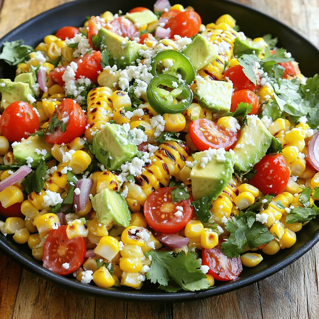 To make this tasty Mexican corn salad, you need: - 4 cups fresh corn kernels (about 6 ears of corn) - 1 cup cherry tomatoes, halved - 1/2 cup red onion, finely chopped - 1 ripe avocado, diced - 1/2 cup fresh cilantro, chopped - 1 jalapeño, finely chopped (remove seeds for less heat) - Juice of 2 limes - 1 tablespoon extra virgin olive oil - 1 teaspoon smoked paprika - Sea salt and freshly ground black pepper to taste - Crumbled cotija cheese for garnish (optional) You can change some ingredients if needed. For corn, you can use frozen corn. It’s quick and easy! Cherry tomatoes can be swapped for diced regular tomatoes. If you want heat but no jalapeño, try a dash of hot sauce. For a vegan option, skip the cotija cheese. You can add nutritional yeast for a cheesy flavor. Measuring ingredients helps keep the flavors just right. Use a measuring cup for liquids and a food scale for solids if you have one. When chopping, keep your knife sharp for safe and easy cutting. Grill the corn until it’s lightly charred. This adds a nice smoky flavor. After grilling, let the corn cool before cutting off the kernels. This will keep your fingers safe! Grilling corn is easy and fun. First, preheat your grill to medium-high heat. Place the corn on the grill and cook for about 10 minutes. Turn the corn often. You want it to be lightly charred and smell great. After grilling, let the corn cool for a few minutes. Then, carefully cut the kernels off the cob and put them in a big mixing bowl. Now, it's time to mix! In the bowl with the corn, add the halved cherry tomatoes, finely chopped red onion, diced avocado, chopped cilantro, and jalapeño. The jalapeño gives a nice kick, but you can leave it out if you want a milder taste. Gently stir everything together so each ingredient is mixed well. Next, let's make the dressing. Grab a small bowl and whisk together the juice of two limes, extra virgin olive oil, smoked paprika, and a pinch of sea salt and black pepper. This dressing adds a refreshing zing to your salad and makes it pop! Pour the dressing over the corn and veggie mix. Use a gentle folding motion to combine everything. Be careful not to mash the avocado, as you want it to stay chunky and delicious. Taste your salad. If you need more salt, pepper, or lime juice, feel free to add it. Now, transfer the salad to a nice serving platter or bowl. For a special touch, sprinkle crumbled cotija cheese on top. This adds a creamy flavor that everyone will love. To make it look extra nice, add some cilantro sprigs and lime wedges around the platter for guests to squeeze on their portions. Enjoy this flavorful delight! To grill corn well, pick fresh ears. Look for bright green husks and plump kernels. Preheat your grill to medium-high heat. Grill the corn for about 10 minutes. Turn it often to get even charring. This gives the corn a sweet, smoky flavor. Once it’s done, let it cool before cutting the kernels off. This method brings out the best taste. Taste as you go! After mixing the salad, try a bite. If it needs more flavor, add a pinch of sea salt or black pepper. Want more zing? Squeeze in extra lime juice. If you like heat, toss in more jalapeño. Each person’s taste is unique, so adjust until it’s perfect for you. Make your salad look great! Use a colorful bowl to show off the bright ingredients. Garnish it with fresh cilantro sprigs. Add lime wedges around the platter for a pop of color. If you use cotija cheese, sprinkle it on top just before serving. This adds a nice touch and extra flavor to your dish. For full details on making this salad, check out the Full Recipe. {{image_4}} You can make a vegan Mexican corn salad easily. Simply leave out the cotija cheese. Use more fresh herbs or add avocado for creaminess. You can also include ingredients like bell peppers or radishes for crunch. Adding protein makes this dish more filling. Black beans are a great choice for a plant-based option. They add fiber and nutrients. If you prefer meat, grilled chicken works well. Just chop it into bite-size pieces and mix it in. Want to spice things up? Try adding more jalapeños or a dash of hot sauce. For a fresh twist, mix in herbs like dill or basil. These flavors brighten the dish and keep it interesting. You can find the full recipe for more ideas! To store leftover Mexican corn salad, first let it cool down. Next, transfer the salad into a clean container. Cover it tightly with a lid or plastic wrap. This keeps the flavors fresh and prevents drying out. I suggest using glass or BPA-free plastic containers. These materials help maintain the salad's taste and texture. Choose a container that fits the amount of salad you have. If you have a large batch, a bigger container is better. For smaller portions, use smaller containers. Mexican corn salad lasts about 3 to 4 days in the fridge. After this time, it may lose its crunch and flavor. Always check for any strange smells or changes in color before eating. If you want to enjoy it longer, consider freezing the salad. However, some fresh ingredients, like avocado, may not freeze well. For the best taste, enjoy the salad fresh. If you need the full recipe, check [Full Recipe]. Yes, you can use frozen corn. Just thaw it first and drain excess water. Fresh corn gives the best flavor, but frozen corn works well in a pinch. The key is to ensure the corn is dry before mixing it into the salad. To spice it up, add more jalapeños or include diced serrano peppers. You can also mix in some hot sauce or cayenne pepper for an extra kick. Adjust the heat to your liking for a bold flavor. Mexican Corn Salad pairs nicely with grilled meats like chicken or steak. It also goes well with tacos, quesadillas, or burritos. For a lighter option, serve it with a simple green salad or grilled fish. Yes, you can make this salad in advance. Prepare it a few hours ahead of time and keep it in the fridge. Just wait to add the avocado until right before serving. This keeps it fresh and prevents browning. For the full recipe, check out the details above. This Mexican corn salad is easy and fun to make. You learned about ingredients, preparation tips, and serving ideas. You also saw ways to adapt the dish for your taste. Whether you go vegan or add proteins, there’s a version for everyone. Store any leftovers well to keep them fresh. With these tips, your salad will shine at any meal. Enjoy making this bright and tasty dish!