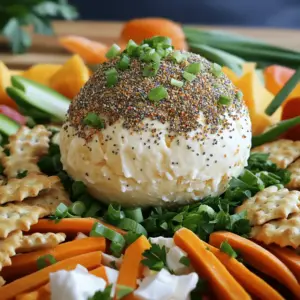 - 8 oz cream cheese - 1 cup sharp cheddar cheese - 1/2 cup feta cheese - 1/4 cup green onions - 1/4 cup fresh parsley - 2 tablespoons sour cream - 2 tablespoons Everything Bagel seasoning - 1/2 teaspoon garlic powder - Assorted fresh vegetables and crackers for serving Gather these ingredients to make a fantastic Everything Bagel Cheese Ball. Start with 8 ounces of cream cheese. It should be soft for easy mixing. Next, grab 1 cup of sharp cheddar cheese, shredded for that rich flavor. Then, add 1/2 cup of crumbled feta cheese for a nice salty kick. Next, chop up 1/4 cup of green onions and 1/4 cup of fresh parsley. These herbs add freshness and color. You will also need 2 tablespoons of sour cream. This will help keep the cheese ball creamy. Don't forget 2 tablespoons of Everything Bagel seasoning. This mix of flavors makes the cheese ball special. Lastly, use 1/2 teaspoon of garlic powder to enhance the taste. For serving, choose assorted fresh vegetables like carrot sticks, celery, and bell peppers. You can also have a variety of crackers. This mix creates a fun and festive appetizer spread. First, gather your ingredients. In a large bowl, blend together the softened cream cheese, shredded sharp cheddar cheese, and crumbled feta cheese. This mix gives the cheese ball its rich flavor. Next, add the sour cream, garlic powder, finely chopped green onions, and fresh parsley. Mix it all well until it becomes smooth and creamy. Use a spatula or a mixer for easy blending. Now, it’s time to shape your cheese mixture. Transfer the creamy mix onto a large sheet of plastic wrap. Use the wrap to mold the mixture into a tight ball shape. It helps to press firmly to make sure it holds together. Once shaped, wrap the cheese ball securely in the plastic wrap. Place it in the refrigerator to chill. Let it set for at least 2 hours. This step helps the ball firm up nicely. After the cheese ball has chilled, carefully unwrap it from the plastic wrap. Gently roll the entire cheese ball in Everything Bagel seasoning. Make sure it is fully coated for the best flavor. Once coated, transfer the cheese ball to a nice serving platter. For a final touch, you can garnish the top with extra chopped green onions or parsley. Serve your Everything Bagel Cheese Ball with a colorful selection of fresh vegetables and a variety of crackers for dipping. Enjoy this tasty appetizer with family and friends! To get a creamy cheese ball, always use softened cream cheese. Cold cream cheese will not mix well. Leave it out for about 30 minutes before you start. When you blend the cheeses, use a spatula or mixer. This helps to mix them evenly. A well-combined mixture ensures a smooth texture. You can add more flavors to your cheese ball. Try adding a bit of smoked paprika or dried dill. These will give it an extra zing. You can also switch up the cheeses. Instead of feta, use goat cheese or blue cheese for a different taste. Each cheese brings its own unique flavor. Make your cheese ball stand out when you serve it. Place it on a colorful platter with vegetables around it. You can use carrot sticks, cucumber slices, or bell pepper strips. For a fun touch, garnish with extra green onions or parsley on top. This adds color and makes it look even more appealing. {{image_4}} You can switch up the base cheese for this Everything Bagel Cheese Ball. If you want a lighter option, try using Greek yogurt cream cheese. This gives a tangy taste and cuts calories. You can also mix different cheeses. A blend of smoked gouda or pepper jack can add depth and a hint of heat. Enhancing this cheese ball with add-ins makes it even more fun. Chopped nuts like walnuts or pecans add crunch and richness. Dried fruits like cranberries or apricots bring a sweet contrast. For a spicy kick, add some diced jalapeños. They give a nice heat that pairs well with the creamy cheese. Creating your own everything bagel seasoning is simple and fun. Mix sesame seeds, poppy seeds, garlic, onion flakes, and salt. This way, you control the flavor. You can also explore other seasoning blends. Try chili lime seasoning for a zesty twist or ranch seasoning for a creamy taste. Each alternative adds a unique spin to this classic dish. To store leftovers of your Everything Bagel Cheese Ball, wrap it tightly in plastic wrap. Place it in an airtight container to keep it fresh. This way, it stays moist and tasty. I recommend using a glass container for best results. It won’t absorb any odors from your fridge. Yes, you can freeze the cheese ball! Just wrap it well in plastic wrap and place it in a freezer bag. This will help prevent freezer burn. When you're ready to eat it, move it to the fridge to thaw overnight. For best flavor, let it sit at room temperature for about 30 minutes before serving. In the fridge, your cheese ball will last up to a week. Just make sure to check for any signs of spoilage. Look for any off smells or dry spots. If it smells sour or looks discolored, it’s best to toss it. Keeping an eye on these details will help you enjoy your tasty cheese ball longer. Everything Bagel seasoning is a mix of flavors. It usually includes: - Sesame seeds - Poppy seeds - Dried garlic - Dried onion - Coarse salt You can use this seasoning for many dishes. It adds a great taste to salads, roasted veggies, or even popcorn. Yes, you can prepare this cheese ball in advance! Make it up to two days before your event. Store it in the fridge in an airtight container. This way, it stays fresh and ready to serve. You can serve this cheese ball with many tasty items. Here are some great options: - Carrot sticks - Celery sticks - Bell pepper slices - Assorted crackers For parties, try adding a platter of fresh veggies around the cheese ball. This makes it look colorful and inviting! This blog post shared a fun way to make an Everything Bagel Cheese Ball. You learned about the ingredients, mixing process, and how to shape and serve it. I also shared helpful tips on texture, flavors, and presentations. You can explore variations and find storage tips to keep your cheese ball fresh. Remember, this dish is great for parties or a tasty snack. Get creative with seasons and sides to make it your own. Enjoy making this easy and delicious appetizer for friends and family!