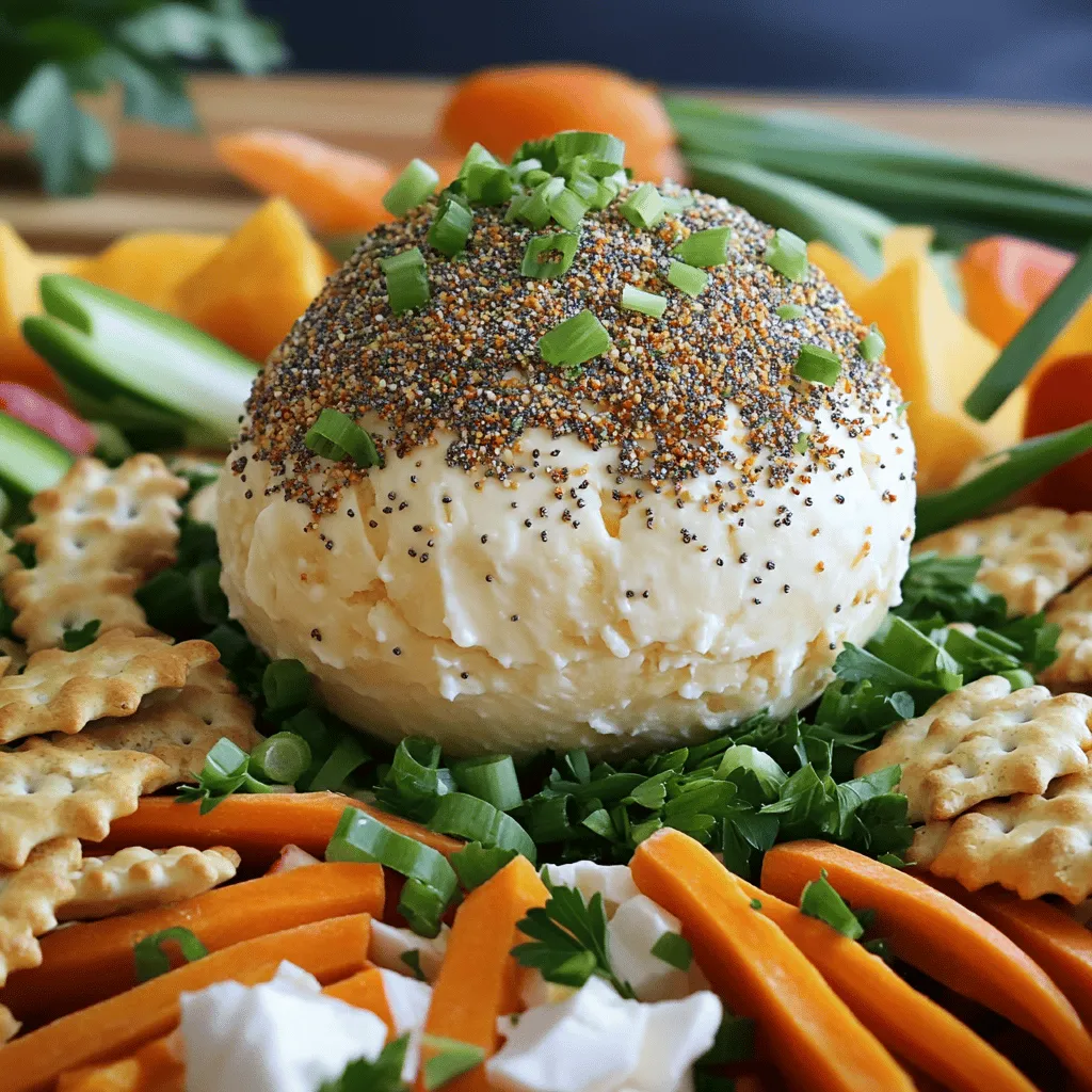 - 8 oz cream cheese - 1 cup sharp cheddar cheese - 1/2 cup feta cheese - 1/4 cup green onions - 1/4 cup fresh parsley - 2 tablespoons sour cream - 2 tablespoons Everything Bagel seasoning - 1/2 teaspoon garlic powder - Assorted fresh vegetables and crackers for serving Gather these ingredients to make a fantastic Everything Bagel Cheese Ball. Start with 8 ounces of cream cheese. It should be soft for easy mixing. Next, grab 1 cup of sharp cheddar cheese, shredded for that rich flavor. Then, add 1/2 cup of crumbled feta cheese for a nice salty kick. Next, chop up 1/4 cup of green onions and 1/4 cup of fresh parsley. These herbs add freshness and color. You will also need 2 tablespoons of sour cream. This will help keep the cheese ball creamy. Don't forget 2 tablespoons of Everything Bagel seasoning. This mix of flavors makes the cheese ball special. Lastly, use 1/2 teaspoon of garlic powder to enhance the taste. For serving, choose assorted fresh vegetables like carrot sticks, celery, and bell peppers. You can also have a variety of crackers. This mix creates a fun and festive appetizer spread. First, gather your ingredients. In a large bowl, blend together the softened cream cheese, shredded sharp cheddar cheese, and crumbled feta cheese. This mix gives the cheese ball its rich flavor. Next, add the sour cream, garlic powder, finely chopped green onions, and fresh parsley. Mix it all well until it becomes smooth and creamy. Use a spatula or a mixer for easy blending. Now, it’s time to shape your cheese mixture. Transfer the creamy mix onto a large sheet of plastic wrap. Use the wrap to mold the mixture into a tight ball shape. It helps to press firmly to make sure it holds together. Once shaped, wrap the cheese ball securely in the plastic wrap. Place it in the refrigerator to chill. Let it set for at least 2 hours. This step helps the ball firm up nicely. After the cheese ball has chilled, carefully unwrap it from the plastic wrap. Gently roll the entire cheese ball in Everything Bagel seasoning. Make sure it is fully coated for the best flavor. Once coated, transfer the cheese ball to a nice serving platter. For a final touch, you can garnish the top with extra chopped green onions or parsley. Serve your Everything Bagel Cheese Ball with a colorful selection of fresh vegetables and a variety of crackers for dipping. Enjoy this tasty appetizer with family and friends! To get a creamy cheese ball, always use softened cream cheese. Cold cream cheese will not mix well. Leave it out for about 30 minutes before you start. When you blend the cheeses, use a spatula or mixer. This helps to mix them evenly. A well-combined mixture ensures a smooth texture. You can add more flavors to your cheese ball. Try adding a bit of smoked paprika or dried dill. These will give it an extra zing. You can also switch up the cheeses. Instead of feta, use goat cheese or blue cheese for a different taste. Each cheese brings its own unique flavor. Make your cheese ball stand out when you serve it. Place it on a colorful platter with vegetables around it. You can use carrot sticks, cucumber slices, or bell pepper strips. For a fun touch, garnish with extra green onions or parsley on top. This adds color and makes it look even more appealing. {{image_4}} You can switch up the base cheese for this Everything Bagel Cheese Ball. If you want a lighter option, try using Greek yogurt cream cheese. This gives a tangy taste and cuts calories. You can also mix different cheeses. A blend of smoked gouda or pepper jack can add depth and a hint of heat. Enhancing this cheese ball with add-ins makes it even more fun. Chopped nuts like walnuts or pecans add crunch and richness. Dried fruits like cranberries or apricots bring a sweet contrast. For a spicy kick, add some diced jalapeños. They give a nice heat that pairs well with the creamy cheese. Creating your own everything bagel seasoning is simple and fun. Mix sesame seeds, poppy seeds, garlic, onion flakes, and salt. This way, you control the flavor. You can also explore other seasoning blends. Try chili lime seasoning for a zesty twist or ranch seasoning for a creamy taste. Each alternative adds a unique spin to this classic dish. To store leftovers of your Everything Bagel Cheese Ball, wrap it tightly in plastic wrap. Place it in an airtight container to keep it fresh. This way, it stays moist and tasty. I recommend using a glass container for best results. It won’t absorb any odors from your fridge. Yes, you can freeze the cheese ball! Just wrap it well in plastic wrap and place it in a freezer bag. This will help prevent freezer burn. When you're ready to eat it, move it to the fridge to thaw overnight. For best flavor, let it sit at room temperature for about 30 minutes before serving. In the fridge, your cheese ball will last up to a week. Just make sure to check for any signs of spoilage. Look for any off smells or dry spots. If it smells sour or looks discolored, it’s best to toss it. Keeping an eye on these details will help you enjoy your tasty cheese ball longer. Everything Bagel seasoning is a mix of flavors. It usually includes: - Sesame seeds - Poppy seeds - Dried garlic - Dried onion - Coarse salt You can use this seasoning for many dishes. It adds a great taste to salads, roasted veggies, or even popcorn. Yes, you can prepare this cheese ball in advance! Make it up to two days before your event. Store it in the fridge in an airtight container. This way, it stays fresh and ready to serve. You can serve this cheese ball with many tasty items. Here are some great options: - Carrot sticks - Celery sticks - Bell pepper slices - Assorted crackers For parties, try adding a platter of fresh veggies around the cheese ball. This makes it look colorful and inviting! This blog post shared a fun way to make an Everything Bagel Cheese Ball. You learned about the ingredients, mixing process, and how to shape and serve it. I also shared helpful tips on texture, flavors, and presentations. You can explore variations and find storage tips to keep your cheese ball fresh. Remember, this dish is great for parties or a tasty snack. Get creative with seasons and sides to make it your own. Enjoy making this easy and delicious appetizer for friends and family!
