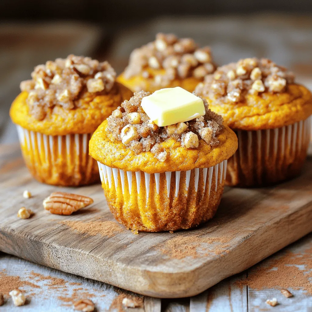 - 1 cup canned pumpkin puree - 1/2 cup vegetable oil - 1/2 cup packed brown sugar - 1/2 cup granulated sugar - 2 large eggs, at room temperature - 1 teaspoon pure vanilla extract - 1 1/2 cups all-purpose flour - 1 teaspoon baking powder - 1 teaspoon baking soda - 1 teaspoon ground cinnamon - 1/2 teaspoon ground nutmeg - 1/4 teaspoon salt You need a few key items to make pumpkin streusel muffins. First, the main star is canned pumpkin puree. It gives the muffins rich flavor and moisture. Next, vegetable oil helps keep them light and fluffy. For sweetness, you will use both brown and granulated sugars. Brown sugar adds depth, while granulated sugar balances it out. You also need eggs for binding and vanilla extract to enhance taste. The base of the muffins is all-purpose flour, along with baking powder and baking soda for leavening. The spices, ground cinnamon and nutmeg, bring warmth and a cozy feel to every bite. Finally, a pinch of salt brings all the flavors together. - 1/2 cup all-purpose flour - 1/4 cup packed brown sugar - 1/4 teaspoon ground cinnamon - 1/4 cup cold unsalted butter, cubed - 1/4 cup pecans, chopped (optional) The streusel topping makes these muffins even better. You start with more all-purpose flour, brown sugar, and ground cinnamon. This mix adds sweetness and crunch. The cold unsalted butter gives the streusel its crumbly texture. You can add chopped pecans for extra flavor and crunch, but they are optional. The streusel creates a delicious contrast to the soft muffins. First, preheat your oven to 350°F (175°C). This heat will help your muffins rise perfectly. Next, prepare your muffin tin. You can use paper liners or spray the cups with a bit of non-stick spray. This step keeps the muffins from sticking, making it easier to enjoy them later. In a large bowl, combine the canned pumpkin puree, vegetable oil, packed brown sugar, granulated sugar, eggs, and pure vanilla extract. Use a whisk to mix these ingredients until smooth. This creates the base for your muffins and adds great flavor. In a different bowl, sift together the all-purpose flour, baking powder, baking soda, ground cinnamon, ground nutmeg, and salt. Mixing these dry ingredients helps distribute the leavening agents evenly. Gradually add this mixture to the wet ingredients. Stir gently until just combined. Over-mixing can make the muffins dense, so be careful. For the streusel topping, mix the remaining all-purpose flour, packed brown sugar, and ground cinnamon in a small bowl. Then, add the cold butter cubes. Use a fork or your fingers to blend until it looks like coarse crumbs. If you want a crunchy texture, fold in the chopped pecans. This topping adds a delightful crunch. Using a spoon or a scoop, fill each muffin cup about two-thirds full with the pumpkin batter. This allows room for the muffins to rise. Next, generously sprinkle the streusel topping over each muffin. Make sure every muffin has a good amount of topping for that delicious crunch. Bake the muffins in your preheated oven for 18-20 minutes. To check if they are done, insert a toothpick into the center of a muffin. If it comes out clean, they are ready. Keep an eye on them to avoid over-baking. Once baked, cool the muffins in the pan for about 5 minutes. Then, carefully transfer them to a wire rack to cool completely. This helps them stay soft and fluffy. To make perfect muffins, avoid over-mixing. When you mix too much, the muffins become dense. Just stir until the dry ingredients blend with the wet ones. This keeps the muffins light and fluffy. Using oil helps make muffins moist. I prefer vegetable oil for this recipe. It keeps the muffins tender and adds a nice texture. You can also try other oils like canola or melted coconut oil for a twist. Warm muffins taste best. Serve them fresh from the oven. Add a pat of butter on top for richness. You can also sprinkle a dash of cinnamon over the butter for extra flavor. Pair these muffins with warm drinks. Coffee, tea, or hot chocolate work well. The flavors of pumpkin and spices blend nicely with these beverages. Store your muffins in an airtight container. This keeps them fresh for longer. You can also use plastic wrap or a zip-top bag. If you want to reheat muffins, use an oven or microwave. In the oven, warm them at 350°F for about 5-10 minutes. This keeps the muffins fluffy and restores their warmth. If using a microwave, heat for 10-15 seconds. Enjoy your fluffy and flavorful pumpkin streusel muffins! {{image_4}} You can easily swap ingredients in pumpkin streusel muffins to fit your needs. - Alternative oils or sweeteners: Instead of vegetable oil, try coconut oil or applesauce for a lighter option. For sweeteners, maple syrup or honey can add a unique twist. - Gluten-free flour options: If you prefer gluten-free muffins, use a gluten-free flour blend. Just make sure it contains xanthan gum for better texture. Adding new flavors can make your muffins even more exciting. - Suggestions for spices or flavor extracts: Mix in a pinch of ginger or cloves for extra warmth. You can also add a splash of almond or orange extract for a fresh taste. - Other mix-ins like chocolate chips or dried fruit: Fold in dark chocolate chips, cranberries, or raisins for added sweetness and texture. Seasonal changes can inspire fun twists on this classic recipe. - Ideas for holiday ingredients or toppings: For a festive touch, add crushed candy canes or sprinkle with holiday-themed sprinkles. - Using different types of pumpkin or squash: Experiment with butternut squash or sweet potato puree for a different flavor profile. Each offers a lovely sweetness that complements the spices. To store muffins in the refrigerator, place them in an airtight container. This keeps them fresh for up to a week. Make sure to cool the muffins completely before sealing them. If you want to freeze muffins, wrap each one in plastic wrap. Then, place them in a freezer-safe bag. Label the bag with the date. Frozen muffins can last up to three months. When you're ready to eat, thaw them in the fridge overnight. The best containers for storage are glass or plastic airtight containers. These help keep moisture in while keeping air out. Use a container that fits the muffins snugly. This prevents them from moving around and getting squished. To prevent moisture loss, avoid using paper bags. They allow air to dry out your muffins quickly. In the refrigerator, muffins last about one week. In the freezer, they stay good for three months. When muffins spoil, they may look dry or moldy. A change in smell is also a sign. If they smell off, it’s best to toss them. Always check muffins before eating, especially if they've been stored for a while. Yes, you can use fresh pumpkin. Just cook and puree it first. Fresh pumpkin has a different texture and flavor than canned. You may need to adjust the moisture in your batter. If it's too wet, add a bit more flour. To check if your muffins are done, use a toothpick. Insert it into the center of a muffin. If it comes out clean, the muffins are ready. If it has batter on it, bake a few more minutes. Keep an eye on them to avoid over-baking. Yes, you can make the batter ahead of time! Simply mix all the wet and dry ingredients. Store the batter in the fridge for up to 24 hours. When you're ready to bake, just scoop it into the muffin tin and add the streusel topping. If you want a nut-free option, try sunflower seeds or pumpkin seeds. You can also use walnuts or almonds if you prefer other nuts. These will still add a nice crunch to your muffins. To keep your muffins moist, store them in an airtight container. You can also place a slice of bread in the container. The bread will help keep the muffins soft. If you want to freeze them, wrap each muffin well to prevent freezer burn. This blog outlined how to make delicious pumpkin muffins. We covered key ingredients, step-by-step instructions, and helpful tips. You’ve learned about the best methods for mixing and baking. Don't forget the fun variations you can try! Using this guide, you can create moist muffins that impress everyone. Enjoy baking and sharing your tasty treats. You have great options to explore for flavor and storage. Your pumpkin muffins will be a hit at any gathering!