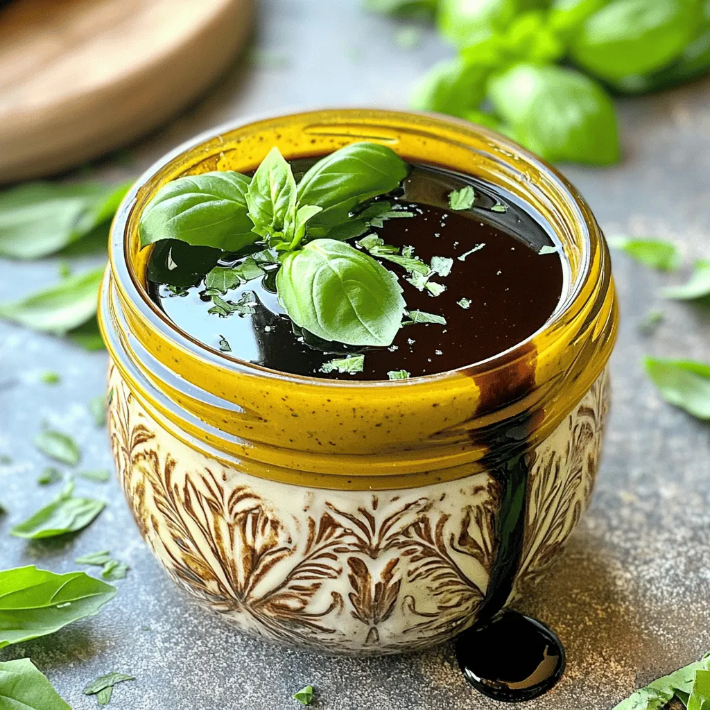 To make a creamy balsamic vinaigrette, you need a few key items. Here’s the list: - 1/2 cup mayonnaise - 1/4 cup balsamic vinegar - 1 tablespoon Dijon mustard - 1 tablespoon honey or maple syrup - 1 garlic clove, minced - 1/2 teaspoon salt - 1/4 teaspoon black pepper - 1/4 cup extra-virgin olive oil - 1 tablespoon fresh herbs (like basil or parsley), finely chopped These ingredients work together to create a rich, tangy dressing that enhances any salad. You can make this vinaigrette special with a few optional ingredients. Consider adding: - A squeeze of lemon juice for extra brightness - A pinch of red pepper flakes for heat - Grated Parmesan cheese for depth - A dash of Worcestershire sauce for umami Feel free to mix and match based on your taste. Don’t worry if you lack some ingredients. Here are some easy swaps: - Use Greek yogurt instead of mayonnaise for a lighter option. - Apple cider vinegar can replace balsamic vinegar for a different flavor. - Maple syrup can be swapped with agave nectar if you prefer. - Any fresh herb can work if you don’t have basil or parsley. These substitutions keep the essence of the dressing while adding your unique touch. For the complete recipe, check out the Full Recipe. To make your creamy balsamic vinaigrette, gather the ingredients first. You will need mayonnaise, balsamic vinegar, Dijon mustard, honey or maple syrup, garlic, salt, black pepper, olive oil, and fresh herbs. 1. Start by placing the mayonnaise, balsamic vinegar, Dijon mustard, honey, minced garlic, salt, and black pepper in a medium bowl. 2. Use a whisk to mix these ingredients until smooth. Make sure there are no lumps from the mayonnaise. Whisking is key for a creamy vinaigrette. Hold the bowl steady with one hand. With the other hand, whisk in a circular motion. This helps combine the ingredients well. Whisk until the mixture is thick and creamy. To make it even smoother, you can whisk faster. If you find it hard to whisk, try using a fork. It will also work to mix the dressing without lumps. Emulsifying is what makes your vinaigrette creamy. After mixing the first ingredients, it’s time for the olive oil. 1. Slowly drizzle the olive oil into the mixture while whisking quickly. This is very important. It helps the oil blend with the other ingredients. 2. Keep whisking until all the oil is fully mixed in. You will see the dressing turn thick and shiny. If you want extra flavor, fold in your chopped fresh herbs last. This gives the vinaigrette a fresh taste. You can pour the finished vinaigrette into a jar for storage. For more details, check the Full Recipe. Enjoy your delicious dressing! To get the right thickness for your dressing, start with mayonnaise. This gives a rich base. If you want it thinner, add more balsamic vinegar. Just a little at a time helps. Whisk well after each addition. This way, you control the creaminess. Taste your vinaigrette as you mix. If you like it sweeter, add more honey or maple syrup. For a stronger kick, add more garlic or mustard. You can also play with the salt and pepper. Just a pinch can change the flavor a lot. Always taste before serving to ensure it’s just right for you. For a lovely presentation, use a nice jar or bottle. A clear glass jar shows off the creamy color. You can also garnish with fresh herbs on top. This adds a pop of color. Serve it alongside a salad or a veggie platter. It makes a simple meal look fancy. You can find the Full Recipe for more details. {{image_4}} You can change the flavor of your creamy balsamic vinaigrette easily. Try adding fresh herbs like dill, cilantro, or chives. Each herb will give a unique taste. Spices like paprika or cayenne can add warmth. Start with a small amount, then taste and adjust. Mixing in herbs and spices makes your dressing special and fun. If you want a different sweetness, try other options. Maple syrup is great, but agave nectar or coconut sugar works too. You can even use a bit of fruit puree for a natural sweet taste. This change can make your vinaigrette more unique and add a fruity twist. Just remember to keep the sweetener balanced for the best flavor. For a lighter dressing, swap mayonnaise with yogurt. Greek yogurt adds creaminess while cutting calories. This version still tastes rich and delicious. Use plain yogurt to avoid extra sweetness. The tanginess of yogurt pairs nicely with balsamic vinegar. You can still add herbs and spices to enhance the flavor. This lighter option is perfect for those watching their diet. For the full recipe, check out the complete guide. Store your creamy balsamic vinaigrette in a clean jar with a tight lid. This keeps it fresh and flavorful. Make sure it is cool before sealing. In the fridge, this vinaigrette lasts about one week. The flavors actually improve as it sits. Always give it a good shake before using. You can freeze this dressing for up to three months. Use an ice cube tray for easy portions. To thaw, place the cubes in the fridge overnight, then stir before serving. This keeps the taste and texture intact. For the full recipe, check the details above. Creamy balsamic vinaigrette lasts about one week in the fridge. Store it in an airtight jar. Always keep it cold. If it separates, simply shake it before use. Yes, you can make this dressing ahead of time. It tastes even better after sitting for a bit. Just let the flavors mix in the fridge for at least 30 minutes before serving. This vinaigrette works well with many dishes. Here are some great pairings: - Fresh green salads - Grilled vegetables - Roasted chicken - Quinoa bowls - Wraps and sandwiches You can even use it as a dip for fresh veggies. Its creamy texture adds a nice touch! Yes, you can use creamy balsamic vinaigrette as a marinade. It adds great flavor to meats and veggies. Just let them marinate for at least an hour before cooking. If you prefer a thinner dressing, add a bit of water. Start with one tablespoon at a time. Mix well until you reach your desired consistency. Absolutely! You can adjust the sweetness by adding more honey or maple syrup. For a spicy kick, add a pinch of red pepper flakes. You can also mix in your favorite herbs. Creamy balsamic vinaigrette can be a healthy choice. It contains healthy fats from olive oil. You can use low-fat mayo or yogurt for a lighter option. Always check the ingredients for added sugars. For the full recipe and to get started, check out the [Full Recipe]. Enjoy making this delicious dressing! In this blog post, we explored the essential ingredients for creamy balsamic vinaigrette and how to customize it to fit your taste. I shared tips on making it smooth and flavorful. We also looked at variations and how to store your dressing for later use. Remember, making your dressing allows for creativity. Don't hesitate to adjust flavors and try new herbs. Enjoy crafting your own balsamic vinaigrette!