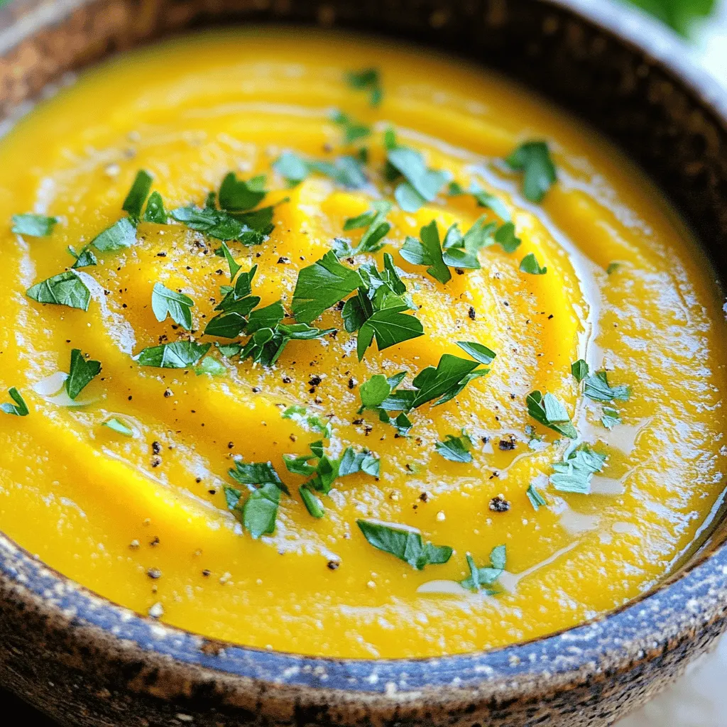 - 1 medium butternut squash, peeled and cubed into 1-inch pieces - 1 medium onion, finely chopped - 2 medium carrots, peeled and sliced - 2 cloves fresh garlic, minced - 4 cups vegetable broth (low sodium recommended) - 1 cup coconut milk (substitute heavy cream if preferred) - 1 tablespoon extra virgin olive oil These main ingredients create a rich and creamy soup. Butternut squash gives it a sweet base. Onions and carrots add flavor and texture. Garlic brings a savory touch. The vegetable broth keeps it light yet satisfying, while coconut milk adds creaminess. - 1 teaspoon ground ginger - 1 teaspoon ground cinnamon - 1/2 teaspoon nutmeg (freshly grated if possible) - Salt and black pepper to taste Spices make this soup stand out. Ground ginger adds warmth, while cinnamon gives it a cozy feel. Nutmeg enhances the sweetness. Salt and black pepper round out the flavors, making each bite delightful. - Fresh parsley, chopped, for garnish - Additional coconut milk or cream Garnishes add a pop of color and flavor. Fresh parsley brightens the soup. Extra coconut milk or cream creates a luxurious finish. You can get creative with your garnishes to make the dish more inviting! To start, peel and cube your butternut squash into 1-inch pieces. This helps it cook evenly. Next, chop your onion and slice the carrots. These vegetables add great flavor and texture. Now, take a mixing bowl. Combine the cubed squash, chopped onion, and sliced carrots. Drizzle in olive oil and sprinkle ground ginger, ground cinnamon, nutmeg, salt, and black pepper. Toss well. Make sure every piece is coated in oil and spices. This step is key for great taste. Next, transfer your seasoned veggie mix to the slow cooker. Add minced garlic and pour in the vegetable broth. Stir everything together to mix well. Cover the slow cooker with its lid. Set it to cook on low for 6 to 8 hours or on high for 3 to 4 hours. You want the squash to be tender. A fork should easily pierce it. Once cooking is done, it’s time to blend the soup. If you have an immersion blender, use it right in the slow cooker. It makes blending easy. If not, carefully pour the soup into a countertop blender in batches. Blend until it's silky smooth. After blending, stir in the coconut milk. Taste the soup and adjust the salt and pepper if needed. Let the soup warm on low for another 10-15 minutes. This helps the flavors come together. To boost the flavor of your soup, try adding more spices. A pinch of cayenne pepper can add heat. For a sweet touch, a splash of maple syrup works well. You might also mix in some fresh herbs like thyme or sage for extra depth. For a creamy soup, ensure you blend it well. If you want a thicker texture, add less broth. You can also use less coconut milk for a lighter feel. If you prefer a chunkier soup, blend only half of it. This gives you a mix of smooth and textured bites. Pair this soup with crusty bread or a fresh salad. A sprinkle of roasted pumpkin seeds adds a nice crunch. For presentation, drizzle coconut milk on top for a beautiful swirl. Add a few whole parsley leaves for color. This makes your soup look as good as it tastes! {{image_4}} You can easily make this soup vegan and vegetarian. The base recipe is already plant-based. Just use vegetable broth and coconut milk. For gluten-free options, this soup fits the bill! All the main ingredients are gluten-free. Check your broth to ensure it's safe. Want to change things up? Try adding different vegetables like sweet potatoes or parsnips. They add a nice twist to the soup. If you want more protein, add cooked lentils or chickpeas. Experimenting with spices can also be fun. Add a pinch of cayenne for heat or some smoked paprika for a deeper flavor. Fresh herbs like thyme or rosemary can enhance the taste as well. Using seasonal vegetables can give your soup a fresh flair. In fall, try using acorn squash or pumpkin. In spring, add peas or asparagus for a lighter touch. You can also tailor the soup for holidays. For Thanksgiving, add a touch of nutmeg or serve with a sprinkle of cinnamon. For Christmas, a hint of clove can make it festive. To keep your soup fresh, store it in the fridge. Use airtight containers. This helps lock in flavor and texture. You can keep it in the fridge for up to five days. If you want to save it for longer, freeze the soup. Use freezer-safe containers or freezer bags. Leave some space at the top of the container. Soup expands when it freezes. When you're ready to eat, you can reheat the soup on the stove or in the microwave. For the stove, pour the soup into a pot. Heat it over medium heat, stirring often. This warms it evenly. If using the microwave, place the soup in a microwave-safe bowl. Heat in short bursts, stirring in between. After refrigerating, the soup might get thick. If it does, add a little water or vegetable broth. Stir well until it reaches your desired consistency. Enjoy your warm, tasty soup! Making Slow Cooker Butternut Squash Soup is simple. You need 15 minutes to prep. After that, it cooks for 6 to 8 hours on low or 3 to 4 hours on high. The longer cook time helps the flavors mix well and makes the squash soft. Yes, you can swap coconut milk. Heavy cream works well if you want a richer taste. Almond milk is a lighter option. Each choice changes the soup's flavor a bit, so pick what you like best. Blending the soup is not a must. If you like it chunky, skip blending. Some prefer a smooth texture, which blending gives. An immersion blender makes it easy to blend right in the slow cooker. You can also use a regular blender, just be careful with hot soup! This blog post covered all you need for making slow cooker butternut squash soup. You learned about key ingredients like butternut squash, spices, and coconut milk. I shared steps for preparing, cooking, and blending the soup. Tips on flavor, texture, and dietary options add value. Lastly, I offered storage and reheating advice. Enjoy experimenting with variations and sharing this warm soup with others. Your kitchen will be full of great aromas and smiles. Cooking can be fun, and this soup makes it easy for everyone.