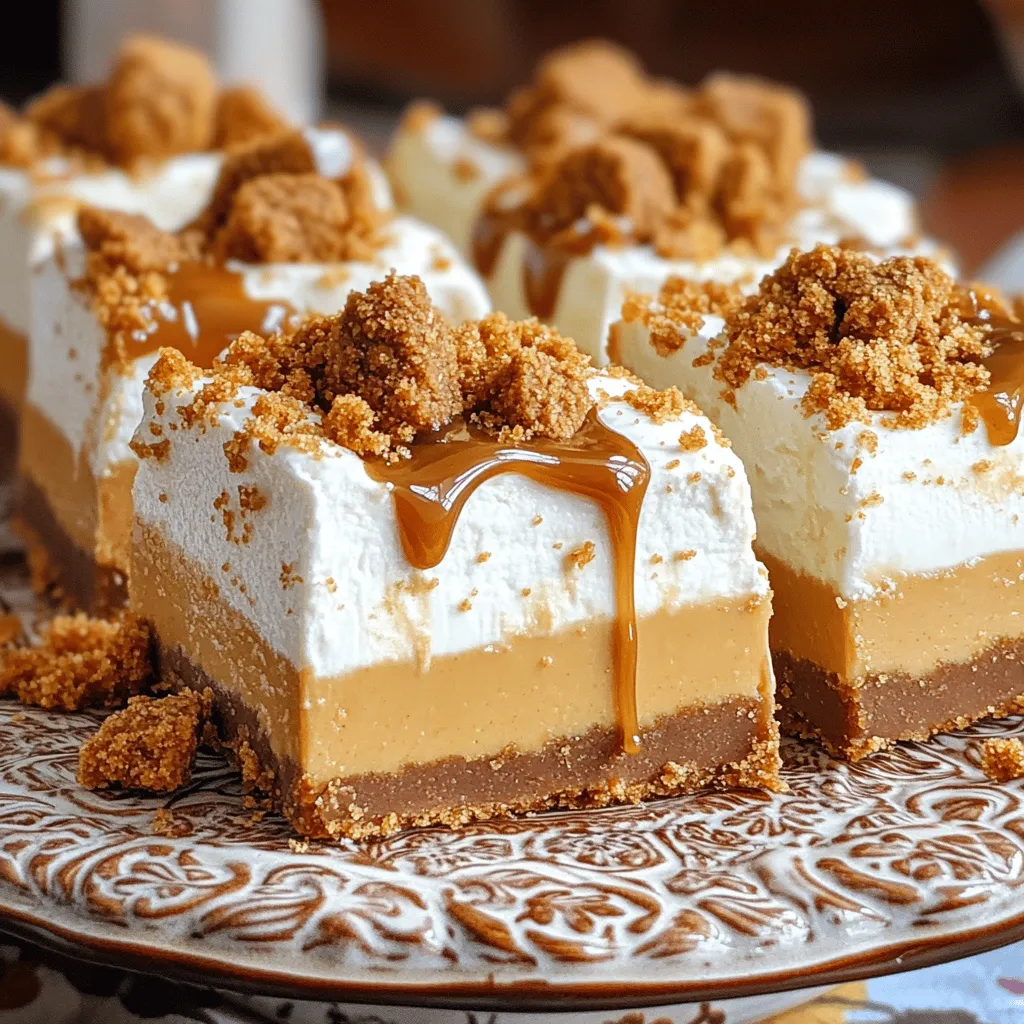 - 200g Biscoff cookies (plus extra for garnish) - 100g unsalted butter, melted - 400g cream cheese, softened to room temperature - 200ml heavy cream - 100g powdered sugar, sifted - 150g Biscoff spread - 1 teaspoon vanilla extract - A pinch of sea salt - Additional Biscoff cookies for garnish Each ingredient plays a vital role in making No-Bake Biscoff Cheesecake Bars a delight. Biscoff cookies form the base and add rich flavor. They give the bars a unique taste and a great crunch. Unsalted butter helps bind the cookie crumbs together, making a sturdy crust. Cream cheese is the heart of the cheesecake filling. It gives a rich and creamy texture that melts in your mouth. Heavy cream adds fluffiness to the filling. Whipped to stiff peaks, it makes the cheesecake light and airy. Powdered sugar sweetens the mix without adding graininess. It blends smoothly with the cream cheese. Biscoff spread enhances the flavor profile. Its caramel notes deepen the taste, making every bite a treat. Vanilla extract offers warmth and balance, rounding out the flavors beautifully. Sea salt elevates all the flavors and balances the sweetness, making the bars even more delicious. For garnishing, you can use additional Biscoff cookies. Crumbling them on top not only adds visual appeal but also extra crunch and flavor. Each ingredient contributes to making these bars smooth, creamy, and irresistible. Start by crushing the Biscoff cookies. You can use a food processor or place them in a plastic bag and crush them with a rolling pin. Aim for fine crumbs. Once crushed, pour the crumbs into a bowl. Next, add the melted butter to the crumbs. Stir until the mixture looks like wet sand. Take a 9x9-inch baking pan and line it with parchment paper. This helps with easy removal later. Pour the cookie mixture into the pan. Use the back of a measuring cup or your hands to press it down firmly. Make sure it is even and compact. Place the pan in the fridge to set while you make the filling. In a large bowl, beat the softened cream cheese with an electric mixer. Mix it until smooth and creamy. Gradually add the sifted powdered sugar and vanilla extract. Continue to beat until everything is mixed well and there are no lumps. This step is key for a smooth filling. Next, incorporate the Biscoff spread into the cream cheese mixture. Use a spatula to fold it in gently. Be careful not to overmix. We want to keep the light texture of the filling. In a separate bowl, whip the heavy cream until stiff peaks form. This adds airiness to your filling. Once whipped, carefully fold the whipped cream into the Biscoff mixture in three parts. Start with a third of the whipped cream to make it lighter. Then, gently fold in the rest until just combined. Pour the cheesecake filling over the chilled crust. Use a spatula to spread it evenly. Smooth the top for a nice finish. This step helps your bars look great when served. Cover the pan tightly with plastic wrap. Refrigerate it for at least four hours. For the best flavor, let it chill overnight. Once set, use a sharp knife to slice the cheesecake into bars. For a nice touch, crumble extra Biscoff cookies on top as a garnish. Enjoy your delicious creation! Using room temperature ingredients is key for a smooth cheesecake. Cold cream cheese mixes poorly and can lead to lumps. Let your cream cheese sit out for about 30 minutes before you start. This simple step makes a big difference. When it comes to folding whipped cream into your mixture, gently is the way to go. Use a spatula and a big bowl. Start by adding a third of the whipped cream to the cheesecake mix. This lightens it up. Then, fold in the rest in two more parts. Be careful not to stir too hard. You want to keep all that air you just whipped in. For a beautiful display, use a nice platter to serve your cheesecake bars. An attractive serving plate can really enhance your dessert. Drizzling melted Biscoff spread on top adds a lovely touch. It makes the bars look inviting and adds extra flavor. Sprinkle some crushed Biscoff cookies on top for a final flourish. This not only looks good but also gives a nice crunch with each bite. {{image_4}} You can easily change up the flavor of your No-Bake Biscoff Cheesecake Bars. Here are some fun ideas: - Adding chocolate or caramel swirls: Drizzle some melted chocolate or caramel on top of the cheesecake filling before it sets. Use a toothpick to swirl it in. This adds a rich taste and looks great. - Incorporating nuts for crunch: Try adding chopped walnuts or pecans to the crust. This gives a nice crunch and pairs well with the creamy filling. You can also sprinkle nuts on top for a finishing touch. If you have dietary needs, there are ways to adapt this recipe: - Gluten-free versions: Use gluten-free Biscoff cookies or any gluten-free cookie you like. Just check the labels to make sure they fit your needs. - Dairy-free substitutions: For a dairy-free cheesecake, swap the cream cheese for a dairy-free version. You can use coconut cream instead of heavy cream too. This keeps the creamy texture while making it suitable for dairy-free diets. To keep your No-Bake Biscoff Cheesecake Bars fresh, store them in an airtight container. This helps prevent the bars from drying out or absorbing other odors from your fridge. You can use a glass or plastic container with a tight lid. Make sure to place a layer of parchment paper between the bars and the lid. This way, they won't stick, and you can easily lift them out when serving. Stored this way, your cheesecake bars can last for up to a week in the fridge. If you want to save some bars for later, you can freeze them. First, cut the cheesecake into individual bars. Wrap each bar tightly in plastic wrap and then place them in a freezer-safe bag or container. This extra layer protects them from freezer burn. They can last in the freezer for up to three months. When you want to enjoy a bar, simply remove it from the freezer. Let it thaw in the fridge for several hours or overnight. This keeps the texture smooth and creamy. Serve chilled for the best taste. Yes, you can use other cookies. Graham crackers or Oreos work well. Just crush them fine and mix with melted butter. The taste will change, but it can still be delicious. These cheesecake bars last about five days in the fridge. Just keep them covered to stay fresh. They taste best within the first few days. Absolutely! You can prepare these bars a day or two ahead. Just let them chill well in the fridge. This waiting time helps the flavors blend beautifully. You don’t need to reheat these bars. They taste great cold. If you want them softer, take them out of the fridge for a few minutes before serving. Using heavy cream is key for a light texture. It helps make the filling fluffy. If you skip it, the cheesecake may be dense and less creamy. This blog post covered a delicious Biscoff cheesecake bar recipe. You learned about the key ingredients and each step to make the perfect bars. From mixing the crust to chilling the final product, you now know how to impress your friends and family. Consider the tips for making your cheesecake even better. Feel free to explore flavor variations and dietary options. Enjoy your sweet treat and have fun creating! These cheesecake bars are sure to delight everyone.