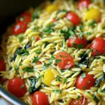 To make this dish, you need simple ingredients that blend well together. Here’s what you’ll need: - 1 cup orzo pasta - 2 tablespoons extra virgin olive oil - 1 small onion, finely chopped - 3 garlic cloves, minced - 4 cups vegetable broth - Juice and zest of 1 fresh lemon - 1 teaspoon dried oregano - 1 teaspoon dried thyme - 1 cup cherry tomatoes, halved - 1 cup fresh spinach, roughly chopped - Salt and freshly cracked pepper to taste - Fresh parsley, chopped (for garnish) With these key ingredients, you’ll create a flavorful and bright dish that shines with lemon and herbs. If you want to make your orzo even better, consider these options: - Crumbled feta cheese for a creamy touch - Grilled chicken or shrimp for added protein - Sliced olives for a salty kick - Pine nuts for a crunchy texture These add-ins can enhance the dish and suit your taste. Don’t have everything on hand? No worries! Here are some easy swaps: - Use quinoa or rice if you can’t find orzo. - Swap vegetable broth for chicken broth for a richer flavor. - Replace spinach with kale or arugula for a different green. These substitutions still keep the dish delicious while using what you have at home. Start by heating the olive oil in a large pot over medium heat. Once the oil shines, add the finely chopped onion. Cook the onion for about 3-4 minutes until it turns soft and smells great. Next, add the minced garlic and cook for another minute. Stir often until the garlic is fragrant and lightly golden. Now it's time to add the orzo pasta. Stir it into the pot and coat the grains with the oil. Toast the orzo for about 2 minutes. This step adds a nice nutty flavor to the dish. Keep stirring so the pasta doesn't stick or burn. Gradually pour in the vegetable broth. Then, add the fresh lemon juice, lemon zest, dried oregano, and dried thyme. Mix everything well until it combines nicely. Raise the heat to bring the pot to a gentle boil. Once it boils, lower the heat and cover the pot. Let it simmer for about 10 minutes. This will cook the orzo until it's just right. After 10 minutes, check if most of the liquid is absorbed and the orzo is tender. Carefully stir in the halved cherry tomatoes and chopped spinach. Cover the pot again and cook for another 2-3 minutes. This helps the spinach wilt and the tomatoes soften. Season the dish with salt and freshly cracked pepper to taste. Stir everything well to mix the flavors. Remove the pot from the heat and let it sit covered for a couple of minutes. This allows the flavors to blend beautifully. Serve warm and top with fresh parsley for a lovely finish. To get the best flavor in your One-Pot Lemon Herb Orzo, use fresh ingredients. Fresh herbs like parsley, oregano, and thyme add bright notes. Use high-quality olive oil for a rich taste. Fresh lemon juice and zest make it pop. One common mistake is overcooking the orzo. Stir it gently and keep an eye on it. If you let it sit too long, it can turn mushy. Also, don’t skip the salt. It enhances the flavors of the dish. To improve texture, fold in the spinach and tomatoes gently. This keeps the tomatoes intact and the spinach vibrant. For a pretty presentation, serve the orzo in shallow bowls. Top each bowl with whole cherry tomatoes and a sprinkle of lemon zest. A wedge of lemon on the side adds a nice touch. {{image_4}} You can easily add protein to your One-Pot Lemon Herb Orzo. Chicken works great. Use cooked, shredded chicken to mix in at the end. It adds flavor and makes it heartier. If you prefer a plant-based option, add chickpeas. Canned chickpeas are easy to use. Just rinse them and stir them in with the spinach. This keeps the meal filling and tasty. This dish can be made vegetarian or vegan with a few tweaks. The base is already vegetarian since it uses vegetable broth. For a vegan option, just ensure you use a broth without animal products. You can also swap out any cheese toppings for a sprinkle of nutritional yeast. It gives a cheesy flavor without using dairy. This keeps your meal both healthy and flavorful. Changing the herbs can give your orzo a new taste. While oregano and thyme work well, you can try different herbs too. Basil can add a sweet note, while rosemary gives it a woodsy flavor. If you want something bright, fresh dill can be a great choice. Just chop it finely and add it in at the end. Experimenting with herbs makes this dish fun and exciting every time you make it. To keep your One-Pot Lemon Herb Orzo fresh, place it in an airtight container. Make sure it cools down to room temperature first. Store it in the fridge for up to three days. When you are ready to eat, just pull it out. When reheating, I recommend using the stove. Add a little water or broth to the pot. This keeps the orzo moist. Heat it on low, stirring often until hot. You can also use the microwave, but be sure to cover it to avoid drying out. If you want to save it for later, you can freeze the orzo. Use a freezer-safe container and label it with the date. It can last up to three months in the freezer. To thaw, place it in the fridge overnight before reheating. Yes, you can use other small pastas. Try ditalini or even small shells. Keep in mind that cooking times may change. Always check the package for timing. The dish will still taste great! One-Pot Lemon Herb Orzo pairs well with many sides. You can serve it with grilled chicken or fish. A fresh salad adds a nice crunch, too. Garlic bread or crusty rolls are also great options. Any of these will complement the flavors well! This dish lasts about 3 to 4 days in the fridge. Make sure to store it in an airtight container. You can also freeze it for up to 3 months. Just thaw it overnight in the fridge before reheating. In this blog post, we explored how to make One-Pot Lemon Herb Orzo. We discussed key ingredients, cooking steps, and tips for great flavor. You can add protein or modify it for vegan diets too. Storing leftovers properly helps you enjoy it later. This dish is simple, tasty, and fun to make. I hope you feel inspired to try it in your kitchen!