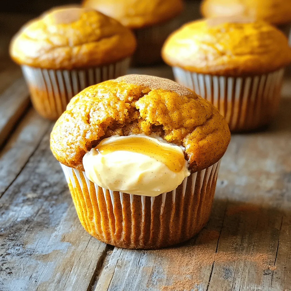 - 1 ¾ cups all-purpose flour - 1 teaspoon baking soda - ½ teaspoon baking powder - ½ teaspoon salt - 1 teaspoon ground cinnamon - 1 teaspoon ground nutmeg - ½ teaspoon ground ginger - 1 cup pumpkin puree (canned or freshly made) - ½ cup granulated sugar - ½ cup brown sugar, packed tightly - ½ cup vegetable oil - 2 large eggs - 1 teaspoon vanilla extract - 8 oz cream cheese, softened to room temperature - ¼ cup pure maple syrup - 1 teaspoon vanilla extract (for the cream cheese filling) You can swap all-purpose flour for whole wheat flour. This change adds fiber and nutrients. If you're avoiding sugar, try using honey or maple syrup. You can replace granulated sugar with coconut sugar for a healthier touch. For a dairy-free option, use vegan cream cheese. Fresh ingredients matter. They make a big difference in taste and texture. When you use fresh pumpkin, the flavor shines. Seasonal produce offers the best taste. You enjoy the rich flavors of fall in every bite. Always choose ripe and high-quality ingredients for the best results. 1. Preheat the oven and prepare the muffin tin: First, set your oven to 350°F (175°C). While it heats, get your muffin tin ready. You can line it with paper liners or spray it lightly with cooking spray. This helps prevent sticking. 2. Mixing dry and wet ingredients correctly: In one bowl, grab your medium mixing bowl. Whisk together 1 ¾ cups of all-purpose flour, 1 teaspoon of baking soda, ½ teaspoon of baking powder, ½ teaspoon of salt, 1 teaspoon of ground cinnamon, 1 teaspoon of ground nutmeg, and ½ teaspoon of ground ginger. Make sure everything is well combined. In a larger bowl, mix 1 cup of pumpkin puree, ½ cup of granulated sugar, ½ cup of brown sugar, ½ cup of vegetable oil, 2 large eggs, and 1 teaspoon of vanilla extract. Whisk until smooth. Combine the dry ingredients with the wet ingredients gently. Stir just until mixed; don’t overdo it! 1. Combining ingredients for a smooth filling: In another bowl, take 8 oz of softened cream cheese and mix it with ¼ cup of pure maple syrup and 1 teaspoon of vanilla extract. Beat the mixture until it’s creamy and smooth. This will be your delicious filling. 2. Tips for achieving the right consistency: To get the best filling, ensure your cream cheese is at room temperature. This helps it mix well. If it’s too stiff, it won’t blend easily. If needed, you can microwave it for about 10 seconds to soften it, but watch closely to avoid melting. 1. Filling the muffin tins: Start by adding a spoonful of pumpkin batter into each muffin cup, filling them about one-third full. Next, drop about one teaspoon of your cream cheese filling in the center. Finally, add more pumpkin batter until each cup is two-thirds full. 2. Baking time and checking for doneness: Place your muffin tin in the preheated oven. Bake for 18-20 minutes. To check if they’re done, insert a toothpick into the pumpkin part of a muffin. It should come out clean or have just a bit of cream cheese on it. Once baked, let the muffins cool for about 5 minutes in the pan. Then, transfer them to a wire rack to cool completely. These steps will help you make delicious pumpkin muffins with a delightful maple cream cheese filling. For the full recipe, you can refer to the earlier sections. Enjoy your baking! To get tender muffins, avoid overmixing. When you mix the batter, stir gently. You want to see some lumps. This keeps the muffins soft and light. Check if your muffins are done by using a toothpick. Insert it into the center of a muffin. If it comes out clean or has a few bits of cream cheese, they are ready. To boost flavor, try adding extra spices. Consider using allspice or cloves for a warm kick. A pinch of cardamom can also add depth. For the cream cheese filling, mix in a touch more maple syrup. This enhances the sweetness. You can also add a bit of lemon juice for a tangy twist. For a beautiful presentation, dust the tops with powdered sugar. Place the muffins on a rustic platter. Add a few small pumpkins or autumn leaves for a festive look. Another idea is to serve them in cute paper liners. This adds charm and makes for easy cleanup. Enjoy your muffins with style! For the full recipe, check out the complete instructions above. {{image_4}} You can change up the flavors of your pumpkin muffins in fun ways. Adding chocolate chips gives a sweet burst in every bite. You can also mix in chopped nuts for a crunchy texture. Pecans or walnuts work well here. For a deeper fall taste, consider adding more spices like cloves or allspice. These spices blend perfectly with pumpkin's natural sweetness. If you want a vegan version, swap the eggs with flaxseed meal and water. Use a plant-based cream cheese for the filling. For a gluten-free option, replace all-purpose flour with a gluten-free blend. You can also cut down on sugar by using applesauce or mashed bananas. These options keep the muffins moist while reducing added sugars. Change the fillings to match the season or holiday. For a festive touch, try a cranberry filling for Thanksgiving. During Christmas, peppermint cream cheese can add a fun twist. You can also play with frostings. Top with vanilla icing for a sweeter bite or a simple glaze for a light finish. Each twist offers a fresh way to enjoy your pumpkin muffins. To keep your pumpkin muffins fresh, store them in an airtight container. This helps maintain their moisture and flavor. Use a plastic or glass container with a tight lid for the best results. You can also wrap each muffin in plastic wrap. This adds an extra layer of protection from air. Avoid storing them in the fridge as this can make them dry out. Freezing your muffins is a great way to enjoy them later. To freeze, let the muffins cool completely. Place them in a freezer-safe bag or container. Make sure to remove any extra air to prevent freezer burn. These muffins can last up to three months in the freezer. When you're ready to eat, thaw them overnight in the fridge. For a warm treat, reheat them in the microwave for about 20 seconds. When stored properly, pumpkin muffins can last about four days at room temperature. Look for signs of spoilage, like mold or a sour smell. If the muffins feel dry or crumbly, it’s time to toss them. Always trust your senses; if they don’t smell or taste good, don’t eat them. Can I make pumpkin muffins without cream cheese? Yes, you can. Just skip the cream cheese filling. You can add more spices or nuts for flavor. Try adding chopped walnuts or chocolate chips for a tasty twist. How can I make these muffins more moist? You can add applesauce or yogurt to the batter. Both keep muffins soft and moist. Make sure not to overbake them, as this can dry them out. What to do if the muffins are too dense? If your muffins are too dense, check your baking powder and soda. Make sure they are fresh. Also, mix the batter gently. Overmixing can lead to a heavy texture. Can I use fresh pumpkin instead of canned? Absolutely! Fresh pumpkin is great. Just roast or steam it until soft, then puree. Make sure to measure it the same as canned pumpkin. What's the best way to serve these muffins? Serve them warm or at room temperature. You can also drizzle extra maple syrup on top for added sweetness. Pair with coffee or tea for a cozy treat. Are pumpkin muffins healthy? Pumpkin muffins can be a healthy choice. They are rich in fiber and vitamins from the pumpkin. Just watch the sugar and oil amounts to keep them lighter. This blog post covered how to make delicious pumpkin muffins. We explored key ingredients like flour, spices, and cream cheese filling. You learned about fresh ingredients' impact on flavor and how to substitute for dietary needs. We walked through step-by-step instructions for preparation and baking. You also found tips for texture and flavor, and variations to try. Lastly, we discussed storage tips and common FAQs. Enjoy baking these muffins, and don't hesitate to experiment with flavors!