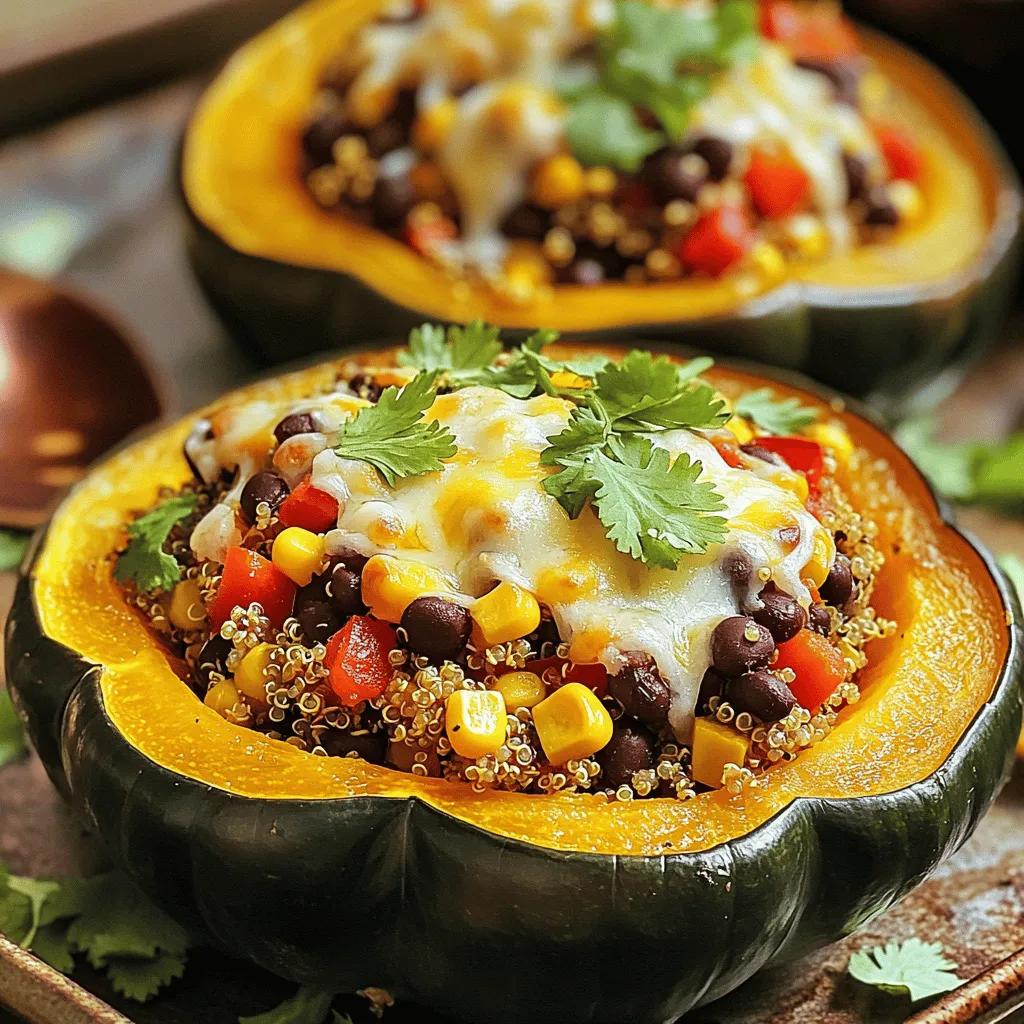 - 2 medium acorn squashes - 1 cup quinoa or couscous, cooked - 1 cup black beans, drained and rinsed - 1 red bell pepper, diced - 1 small onion, finely chopped - 2 cloves garlic, minced To make stuffed baked acorn squash, start with fresh acorn squashes. These squashes have a sweet, nutty flavor. They provide a perfect base for stuffing. I like using quinoa or couscous as the grain. They add texture and nutrients. Black beans give a nice protein boost too. Diced red bell pepper adds a pop of color and sweetness. Don't forget the onion and garlic! They bring depth to the dish. - 1 teaspoon ground cumin - 1 teaspoon smoked paprika - ½ cup shredded cheese (your choice of cheddar or pepper jack) - Fresh cilantro, chopped, for garnish Seasoning is key for flavor. Ground cumin adds warmth, while smoked paprika gives a hint of smoke. I love using cheddar or pepper jack cheese for a creamy finish. It melts wonderfully and adds richness. Fresh cilantro as a garnish not only looks good but also adds freshness and brightness to every bite. - ½ cup corn kernels (fresh or frozen) - Additional spices for enhancement - Olive oil for drizzling For extra sweetness and crunch, add corn kernels. They pair nicely with the other flavors. You can also play with more spices if you want to elevate the taste. A drizzle of olive oil adds a nice finish and makes everything richer. This recipe is all about balance and flavor. You can find the full recipe linked above. - Preheat your oven to 400°F (200°C). This helps cook the squash evenly. - Cut each acorn squash in half from top to bottom. Use a spoon to scoop out the seeds and stringy insides. Make sure to create enough space for the filling. Place the halves on a baking sheet with the cut side facing up. Drizzle a bit of olive oil on each half and sprinkle some salt and pepper. - Roast the squash for 30-35 minutes. The flesh should be tender and caramelized around the edges. You can check doneness by easily piercing the flesh with a fork. If it feels soft, it’s ready! - While the squash roasts, heat a tablespoon of olive oil in a skillet over medium heat. Add the finely chopped onion and diced red bell pepper. Sauté them for about 5 minutes. Stir often until they are soft and smell great. - Next, add minced garlic, ground cumin, and smoked paprika. Cook for 1-2 minutes more. This brings out the spices' flavors. - Now, mix in cooked quinoa (or couscous), rinsed black beans, and corn. Stir everything well. Taste and add salt and pepper if needed. Finally, stir in half of the shredded cheese until it melts slightly. - After roasting, take the squash out of the oven. Carefully fill each half with the tasty filling. Press down gently to pack it in. - Sprinkle the remaining cheese over each stuffed squash. This will create a nice, melty top when baked. - Return the stuffed squashes to the oven and bake for another 10-15 minutes. Look for the cheese to melt, bubble, and turn golden brown. - Remove them from the oven, and sprinkle fresh chopped cilantro on top for a colorful touch before serving. For the full recipe, check below. Common mistakes can happen when making stuffed baked acorn squash. One frequent error is overcooking the squash. Watch it closely while roasting. Aim for a tender texture with a bit of caramelization. If you undercook it, the squash will be tough and hard to eat. Adjusting seasoning is simple. Start with a pinch of salt and a dash of pepper. Taste the filling before you stuff the squash. If it needs more flavor, add a bit more cumin or paprika. This small step makes a big difference. To boost flavor, consider adding spices like cayenne pepper for heat. You can also mix in fresh herbs like thyme or oregano. They add an extra layer of taste that complements the dish. Garnishing with fresh cilantro adds color and freshness. You can also try sliced avocado or a drizzle of balsamic glaze. These toppings elevate the dish and add a gourmet touch. Prep is key for busy days. You can make the filling a day in advance. Store it in the fridge in an airtight container. This saves time when you want to bake your stuffed squash. For storage, keep the stuffed squash in the fridge for up to three days. Make sure to cover it well to avoid drying out. To reheat, place the squash in the oven at 350°F (175°C) for about 15-20 minutes. This keeps the squash and filling moist. Enjoy your delicious meal with ease! For the full recipe, check out the details above. {{image_4}} For stuffed baked acorn squash, you can get creative with fillings. Here are some tasty options: - Vegetarian variations: - Use cooked rice or barley instead of quinoa. - Add more veggies like spinach or mushrooms for extra flavor. - Try nuts or seeds for added crunch. - Meat-based options: - Ground turkey or beef can add a hearty touch. - Mix in cooked sausage for a rich, savory flavor. - Chicken adds protein without overpowering the dish. If you want to try different squash, here are some great options: - Other types of squash for stuffing: - Butternut squash offers a sweet, nutty flavor. - Spaghetti squash provides a fun, noodle-like texture. - Zucchini is soft and can be filled easily. - Comparison of flavor profiles: - Acorn squash has a mild, sweet taste. - Butternut is sweeter and creamier. - Zucchini is light and works well with herbs. Making this dish fit various diets is easy. Here’s how: - Gluten-free options: - Use quinoa or rice as your base. - Check that any spices or sauces are gluten-free. - Vegan adaptations: - Replace cheese with a vegan cheese or omit it entirely. - Use vegetable broth for cooking the filling. - Ensure that all ingredients are plant-based. These variations and adjustments make stuffed baked acorn squash a versatile dish. Try experimenting with different flavors and ingredients to find your favorite combination! For the full recipe, check the earlier sections. To keep your stuffed baked acorn squash fresh, store it in the fridge. Use an airtight container. Make sure to cool the squash before sealing it up. If you want to freeze it, wrap each half in plastic wrap. Place the wrapped squash in a freezer bag. This keeps them safe from freezer burn. You can keep leftovers in the fridge for about 3-5 days. For frozen stuffed squash, it lasts up to 3 months. Look for signs of spoilage, like an off smell or discoloration. If you see mold, throw it away. The best way to reheat stuffed squash is in the oven. Set it to 350°F (175°C). Bake for about 15-20 minutes until heated through. You can also microwave it, but be careful. Microwaving can make the squash soggy. To avoid this, cover it loosely and check often. You can check if the squash is done by piercing it with a fork. When the fork goes in easily, the squash is ready. It should feel soft but not mushy. Look for a nice caramelized color on the edges too. This means the natural sugars have developed, adding great flavor. Yes, you can prepare stuffed acorn squash ahead of time. Cook the squash and fill it, then store it in the fridge. Just make sure to cover it well. When you're ready to eat, you can bake it again to heat it through. This makes for an easy weeknight dinner or a tasty side dish for guests. If you want to swap quinoa, couscous works great. You can also try rice or farro. These grains give a nice texture and absorb flavors well. Just cook them according to package directions before mixing with the other filling ingredients. Absolutely! You can use any cheese you like. Feta adds a nice tang, while mozzarella gives a mild flavor. Goat cheese can add creaminess too. Just keep in mind that different cheeses melt differently, so choose one that you enjoy. This recipe yields four servings. Each acorn squash half makes a perfect portion. If you need more, just double the recipe. You can easily adjust the amounts to suit your needs. Check the [Full Recipe] for all the details! Stuffed baked acorn squash is both delicious and easy to make. We covered the key ingredients, step-by-step instructions, and tips for perfect results. You can customize your filling to match your taste and dietary needs. Proper storage helps you enjoy leftovers without losing quality. Experiment with different squashes and fillings for more variety. I hope you enjoy making this healthy dish as much as I do. Happy cooking!