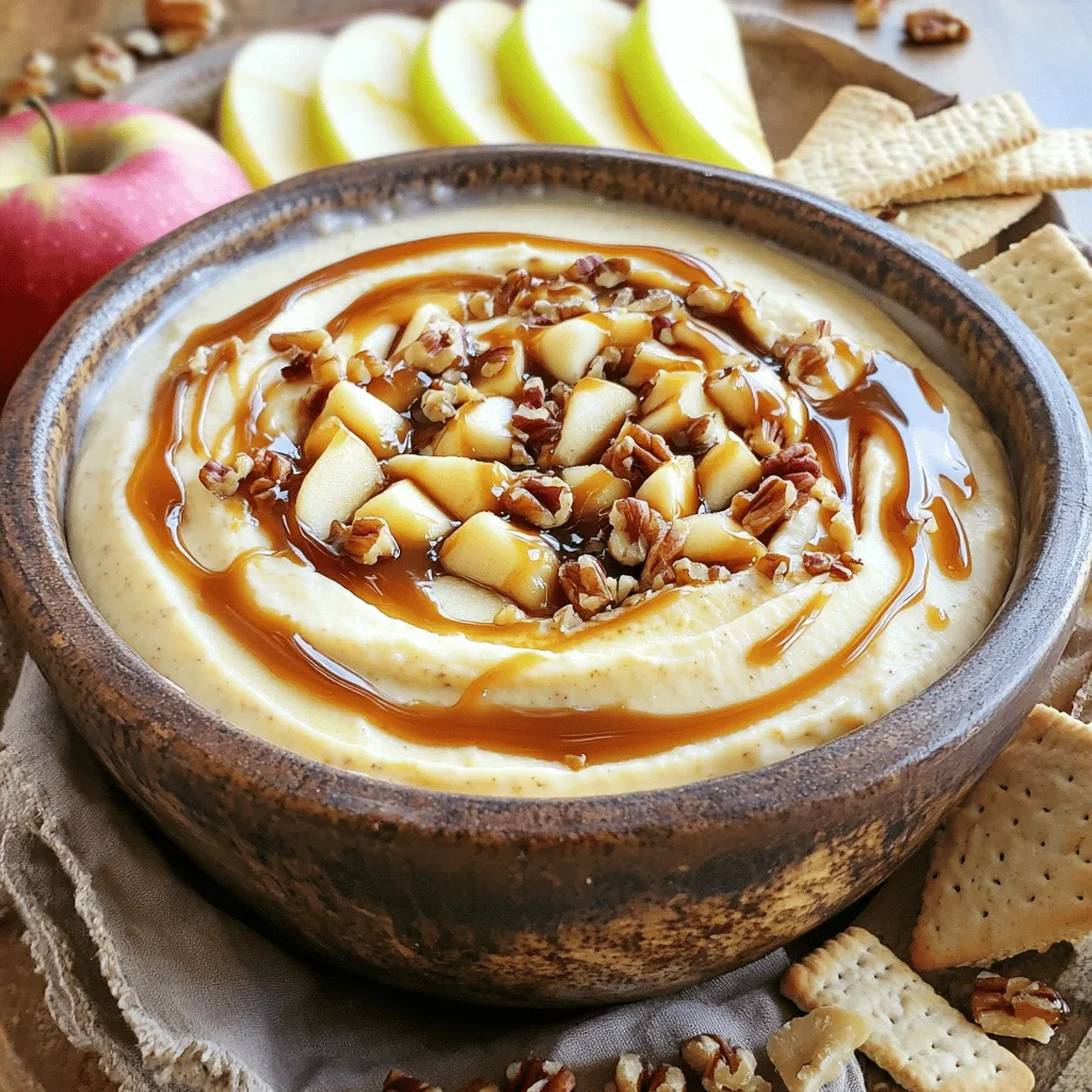 - 8 oz cream cheese - 1/2 cup powdered sugar - 1 tsp vanilla extract - 1/2 cup sour cream - 1 small apple, finely chopped - 1/2 cup caramel sauce + extra for drizzling - 1/4 tsp ground cinnamon - 1/4 cup chopped nuts (toasted pecans or walnuts) - Apple slices for serving - Graham crackers or pretzels To make the perfect Caramel Apple Cheesecake Dip, start with these key ingredients. The cream cheese gives the dip its rich and creamy base. The powdered sugar adds sweetness, while the vanilla extract gives a lovely aroma. You can choose any small apple, but I recommend Granny Smith or Honeycrisp. They add a nice tang and crunch. The caramel sauce is where the magic happens; it gives our dip that sweet, gooey touch. Ground cinnamon brings warmth and depth to the flavor. Lastly, toasted nuts add a delightful crunch. For serving, think outside the box! Use fresh apple slices for a fruity dip experience. Graham crackers or pretzels will add a fun crunch. Enjoy this dip at your next party, and watch it disappear! First, take your cream cheese and beat it in a bowl. Use an electric mixer to make it smooth. This step is key to a creamy dip. Next, gradually mix in the powdered sugar. Keep mixing until it looks fluffy and well-blended. Now, it's time to add flavor. Pour in the vanilla extract and sour cream. Blend these together until they become rich and creamy. Then, carefully fold in the finely chopped apple. Add the caramel sauce and ground cinnamon too. Mix gently to keep the dip light and fluffy. Stir in the chopped nuts for a nice crunch. This step adds texture to your dip. Then, transfer the creamy mixture to a serving bowl. Drizzle extra caramel sauce on top for a sweet finish. To make the dip even better, chill it in the fridge for about 30 minutes. Serve it with apple slices, graham crackers, or pretzels for a fun and tasty treat! To get a smooth texture, make sure the cream cheese is at room temperature. This helps it blend well with other ingredients. Use an electric mixer to beat it until it is creamy and lump-free. If you want more flavor, add spices like ground cinnamon or nutmeg. These spices bring warmth and depth to the dip. For the best dippers, try fresh apple slices, graham crackers, or pretzels. Each dipper adds its own fun taste and texture. For a great presentation, use a decorative bowl. Drizzle extra caramel sauce on top and sprinkle some chopped nuts for a pretty touch. A light dusting of cinnamon will make it look even more festive. To save time, chop your apple while the cream cheese mixes. You can also use pre-made caramel sauce instead of making your own. This will cut down on prep time. If you want to speed things up, buy pre-chopped nuts or use a food processor to chop them quickly. These tips help you enjoy your dip sooner! {{image_4}} You can change the taste of your Caramel Apple Cheesecake Dip by using different apples. I love Granny Smith for its tartness, but Honeycrisp adds a sweet crunch. Try Fuji or Gala apples for a milder flavor. Each apple brings its own unique twist. For the caramel sauce, feel free to experiment with different types. You can use homemade caramel or store-bought varieties. Dark caramel adds a rich taste, while butterscotch sauce offers a lovely twist. Consider using salted caramel for a sweet and salty combo that everyone will love. If you want to make a low-sugar version, swap the powdered sugar for a sugar substitute. Options like stevia or erythritol work well. Just remember to check the equivalent measurements on the package. You can still enjoy a sweet taste without the extra sugar. For gluten-free options, make sure your dipping items are gluten-free. Many brands offer gluten-free graham crackers or pretzels. This way, everyone can enjoy the dip without worry. In the fall, add pumpkin spice to your dip. A dash of nutmeg or ginger can take it to new heights. You can even fold in chopped dried apples for extra texture. During holidays, consider adding crushed peppermint for a festive touch. A sprinkle of cinnamon on top enhances the look and flavor. You can create themed dips based on the season, making them perfect for any gathering. To keep your Caramel Apple Cheesecake Dip fresh, store any leftovers in the fridge. Use an airtight container for best results. This will help keep the dip creamy and tasty. A glass or plastic container with a tight lid works well. You can freeze this dip, but it may change in texture after thawing. If you decide to freeze it, place the dip in a freezer-safe container. To defrost, move it to the fridge for several hours or overnight. After thawing, stir it well before serving to improve the texture. In the fridge, your dip lasts about 3-5 days. Check for signs that it has gone bad. If you notice any mold or a sour smell, it’s time to toss it out. Always trust your senses when it comes to food safety. Can I make this dip ahead of time? Yes, you can make this dip a day before your party. Just store it in the fridge. This helps the flavors blend well. What can I use instead of cream cheese? You can use Greek yogurt or mascarpone cheese. These will give you a creamy texture. Just keep in mind that the taste will change slightly. What goes well with Caramel Apple Cheesecake Dip? You can serve this dip with apple slices, graham crackers, or pretzels. Each adds a fun crunch. You could also try it with vanilla wafers for a twist. Is this dip suitable for kids? Absolutely! Kids love the sweet taste and fun texture. Just make sure to watch for any nut allergies if you add chopped nuts. How do I ensure the cream cheese is lump-free? Make sure your cream cheese is at room temperature. Beat it well with an electric mixer until smooth. This will help create a nice creamy base. Can this recipe be doubled for parties? Yes, you can easily double the ingredients. Just make sure to use a larger bowl. This dip is a crowd-pleaser, so more is always better! This blog post covered how to make a delicious Caramel Apple Cheesecake Dip. We looked at the key ingredients, step-by-step instructions, and tips for perfecting your dip. You can customize your dip with different flavors and store it safely too. In conclusion, with these easy steps, anyone can make this tasty treat. Enjoy sharing it at your next gathering! Your friends will love it.