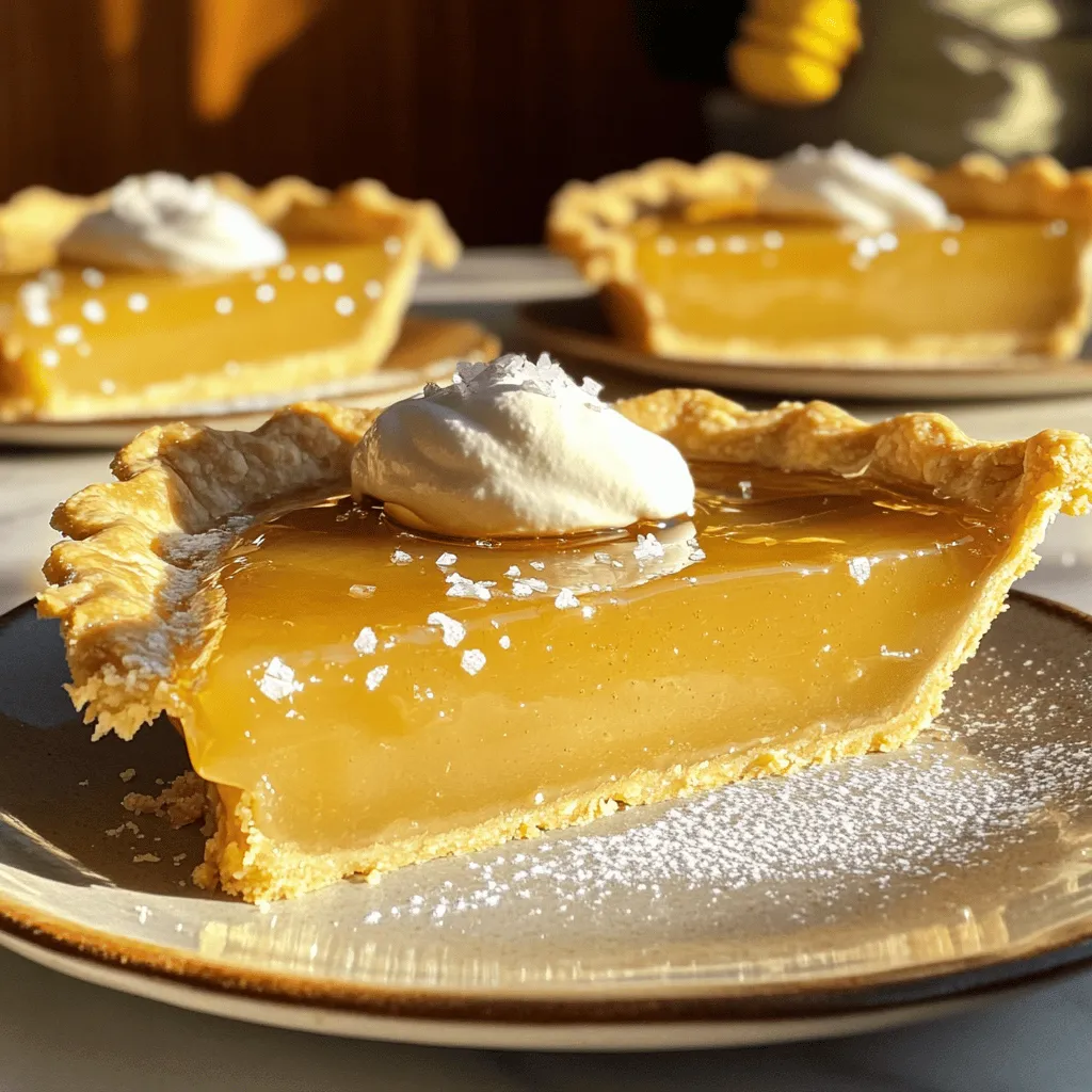 - 1 ½ cups all-purpose flour - 1/3 cup granulated sugar - 1/2 teaspoon salt - 1/2 cup unsalted butter, cold and cubed - 1 egg yolk - 2 tablespoons ice water - 1 cup clover honey - 3 large eggs - 1/2 cup heavy cream - 1 teaspoon vanilla extract - 1 teaspoon sea salt (for topping) The first step to making Salted Honey Pie is gathering the ingredients. The crust is key for a tasty pie. You need all-purpose flour, granulated sugar, a pinch of salt, and unsalted butter. The butter must be cold and cubed. This keeps the crust flaky. Next, we need an egg yolk and some ice water to bind the crust. The ice water helps keep the dough cool. Too much heat can make it tough. For the filling, you will want clover honey. This honey is sweet and floral. You also need large eggs, heavy cream, and vanilla extract. These ingredients blend well and create a rich filling. Lastly, don't forget the sea salt for topping! It adds a lovely contrast to the sweet pie. All these ingredients come together to create a dessert that is truly delightful. When you have everything ready, you are set to start making your pie! 1. Mixing dry ingredients: In a large bowl, whisk together 1 ½ cups of all-purpose flour, 1/3 cup of granulated sugar, and 1/2 teaspoon of salt. This mix sets a sweet base for our pie. 2. Incorporating the butter: Add 1/2 cup of cold, cubed unsalted butter to the dry mix. Use a pastry cutter or your fingers to blend until it looks like coarse crumbs. Leave some pea-sized bits for texture. 3. Forming and chilling the dough: In a small bowl, whisk 1 egg yolk with 2 tablespoons of ice water. Slowly add this mix into the flour and butter. Use a fork to gently combine until the dough holds together. Form it into a disc, wrap it in plastic, and chill for at least 30 minutes. This step helps the dough stay tender. 1. Whisking the honey mixture: In a mixing bowl, combine 1 cup of clover honey, 3 large eggs, 1/2 cup of heavy cream, and 1 teaspoon of vanilla extract. Whisk until smooth. The honey gives a rich sweetness, while the eggs and cream add body to the filling. 1. Rolling out the dough: On a floured surface, roll out the chilled dough into a circle. It should be large enough for a 9-inch pie pan. Carefully place it in the pan and trim any excess. Crimp the edges if you like. 2. Blind baking the crust: Preheat your oven to 350°F (175°C). Place the pie crust in the oven and bake for 15-20 minutes. It should be lightly golden and firm. Let it cool slightly on a wire rack. 3. Filling the pie and final baking: Pour the honey filling into the cooled crust, spreading it evenly. Return it to the oven and bake for 25-30 minutes. Check if it jiggles slightly in the center; that means it’s done. To avoid a tough crust, handle the dough gently. Overworking it makes it tough. Mix the butter into the flour until it looks like wet sand. You want some small bits of butter left. This helps create a flaky crust. Chilling the dough is key. After mixing, form it into a disc and wrap it. Chill it for at least 30 minutes. This relaxes the gluten and makes rolling easier. For the filling, check the consistency. It should be smooth and thick, not runny. If it seems too liquidy, give it a good whisk. This helps blend everything well. If it still looks watery, let it sit for a few minutes. The honey will thicken as it sits. When you serve the pie, think about how it looks. Cut it into neat slices. Place each slice on a pretty plate. Top it with whipped cream or some fresh fruit. A drizzle of honey makes it look fancy, too. This pie shines with simple, elegant touches. {{image_4}} You can make Salted Honey Pie your own by adding spices. A sprinkle of cinnamon or nutmeg adds warmth and depth. These spices blend well with the honey’s sweetness. You can also switch honey types. Wildflower honey gives a unique flavor twist. Each type of honey brings its own notes, so feel free to experiment! Need a gluten-free crust? You can use almond flour or a gluten-free blend. This will keep the pie tasty and safe for gluten-free eaters. If you want a dairy-free option, swap heavy cream for coconut cream or a nut milk. Both will give a rich texture without dairy. Making these changes keeps the pie delicious for everyone! You can store Salted Honey Pie at room temperature or in the refrigerator. If you choose room temperature, cover the pie loosely with foil or plastic wrap. It stays fresh for up to two days this way. If you want to keep it longer, place it in the fridge. In the fridge, the pie lasts up to five days. To enjoy leftovers, reheating is simple. Preheat your oven to 350°F (175°C). Place the pie on a baking sheet and cover it with foil. Heat for about 15 minutes. This warms it up without making the crust soggy. You can also enjoy it cold, straight from the fridge. Either way, it's a treat! Salted Honey Pie is a sweet treat made with a creamy honey filling. The flavor is a mix of sweet and salty, making it hard to resist. This pie uses clover honey, which adds a floral note. The crust is buttery and complements the rich filling. You get a smooth texture, with a hint of salt on top that enhances the sweetness. Each bite is a delightful balance of flavors. Yes, you can freeze Salted Honey Pie! To freeze, let the pie cool completely. Wrap it tightly in plastic wrap and then in foil. This keeps the pie fresh for up to three months. When you want to eat it, thaw it in the fridge overnight. After thawing, let it sit at room temperature for a bit before serving. This helps regain its fresh taste. The best honey for this pie is clover honey. It has a light, sweet flavor that works well in desserts. You can also try wildflower honey for a more complex taste. If you want a stronger flavor, go for orange blossom honey. Each type adds its unique character to the pie. Choose a honey you enjoy, as it will shine through in the final dish. Making Salted Honey Pie ahead is easy! You can prepare the crust a day before. Simply chill it in the fridge overnight. For the filling, mix it up and pour it into the crust the next day. Bake as directed. If you want to make it even earlier, bake the pie and let it cool. Store it in the fridge, and it will last for a few days. Just remember to add the sea salt topping just before serving for the best taste. This post shared how to make a delicious Salted Honey Pie from scratch. I covered ingredients for the crust and filling. I detailed step-by-step instructions, tips for a perfect pie, and variations to try. Storing and reheating tips ensure your pie stays tasty. Remember, baking is fun! Enjoy every step and make it your own. With practice, you'll impress everyone with your pie-making skills. Don't be afraid to experiment with flavors. Happy baking!