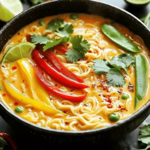 - 200g ramen noodles - 1 can (400ml) rich coconut milk - 2 tablespoons fragrant red curry paste - 1 cup mixed bell peppers, sliced - 1 cup crisp snap peas - 1 cup sliced fresh mushrooms - 2 cloves fresh garlic, minced - 1 thumb-sized piece of ginger, finely grated - 1 tablespoon soy sauce - 1 tablespoon brown sugar - Fresh cilantro leaves - Lime wedges - Chili flakes (optional) Gathering the right ingredients sets you up for success. You start with ramen noodles. They are the base of this dish and provide a comforting texture. Next, you need coconut milk. This adds creaminess and a rich flavor. The red curry paste brings warmth and spice, making the broth flavorful. For your veggies, choose a mix of colorful bell peppers. They add crunch and sweetness. Snap peas bring a fresh, crisp bite, while mushrooms give umami depth. Garlic and ginger are must-haves. They boost flavor and aroma in your curry. Soy sauce adds saltiness, and brown sugar balances the taste. The sweetness cuts through the heat, making the dish more enjoyable. Finally, garnishes make your ramen pop. Fresh cilantro adds a bright note. Lime wedges give a zesty kick, and chili flakes can be added for those who love spice. With these ingredients, you create a delicious bowl of Thai coconut curry ramen. - Boil about 4 cups of water in a large pot. - Add 200g of ramen noodles and cook them for 4–5 minutes. - Drain the noodles in a colander and set them aside. - Heat a tablespoon of oil over medium heat in the same pot. - Add 2 cloves of minced garlic and a thumb-sized piece of grated ginger. - Sauté for 1–2 minutes until fragrant. - Add 2 tablespoons of red curry paste and stir constantly for about a minute. - Pour in one can (400ml) of coconut milk and 2 cups of vegetable broth. - Mix well to blend all the ingredients. - Bring the mixture to a gentle simmer. - Add 1 cup of sliced bell peppers, 1 cup of snap peas, and 1 cup of sliced mushrooms. - Let the curry simmer for 5–7 minutes until the veggies are tender but still crisp. - Stir in 1 tablespoon of soy sauce and 1 tablespoon of brown sugar. - Taste the curry and adjust the seasoning if needed. - Add chili flakes for heat if you like spice. - Carefully add the cooked ramen noodles to the pot. - Toss them gently in the curry broth. - Heat everything together for one more minute. For the best Thai coconut curry ramen, use fresh or dried ramen noodles. Fresh noodles have great texture. Dried noodles are easy to find and cook quickly. If you need a gluten-free option, try rice noodles or soba noodles made from buckwheat. Both work well and have unique flavors. To add depth to your dish, consider spices like coriander or cumin. Fresh herbs like basil or mint can also boost flavor. Balance the sweetness from the brown sugar with heat from chili flakes. This mix keeps the dish exciting. Taste as you cook to find the right balance for you. Serve your ramen in deep bowls for a cozy feel. Stack the noodles neatly in the center. Add colorful veggies on top for a bright look. Garnish with fresh cilantro leaves, and place lime wedges on the side. A sprinkle of chili flakes adds a nice touch of color and flavor. {{image_4}} You can easily add protein to your Thai coconut curry ramen. Here are some options: - Chicken: Use cooked, shredded chicken for a heartier dish. - Shrimp: Add shrimp during the last few minutes of cooking. They cook quickly! - Tofu: For a vegetarian option, try firm tofu. Cut it into cubes and sauté before adding. If you want a vegan version, tofu is a great choice. It soaks up the flavors well and adds texture. You might want to adjust this recipe to fit your diet. Here’s how: - Gluten-Free: Use gluten-free ramen noodles. You can also check the soy sauce. Make sure it’s gluten-free. - Lower Spice Levels: To make it milder, use less red curry paste. You can also skip the chili flakes. These small changes keep the dish tasty while meeting your needs. Choosing the right vegetables can boost your ramen. Here are some tips: - Best Veggies: Seasonal vegetables like zucchini, carrots, or bok choy work well. They add color and nutrition. - Using Leftovers: If you have leftover veggies like broccoli or spinach, toss them in. They add flavor and reduce waste. Feel free to get creative with your vegetable choices! This dish is flexible and fun to customize. To keep your Thai coconut curry ramen fresh, store it correctly. Place leftovers in an airtight container. This helps prevent the dish from absorbing odors. Refrigerate immediately after serving. The dish lasts in the fridge for up to three days. Always check for freshness before eating. If you want to save some for later, freezing works well. First, let the curry cool completely. Then, transfer it to a freezer-safe container. Make sure to leave some space for expansion. This dish can last up to three months in the freezer. To enjoy it later, thaw it in the fridge overnight. Reheat in a pot over low heat, adding a splash of broth if needed. Preparing ingredients ahead saves time. Chop your vegetables and store them in the fridge. You can also cook the ramen noodles in advance. Just keep them separate to avoid sogginess. When ready to eat, assemble your ramen bowls quickly. This makes a warm meal easy on busy days. You can try several dairy-free alternatives. Almond milk, soy milk, or oat milk work well. Use unsweetened versions to keep the flavor balanced. You can also mix in some nut butter for creaminess. Adjusting flavors is key. If you use a milk alternative, add a bit of lime juice or tamari. This will help mimic the tangy notes of coconut milk. Yes, you can make this dish ahead of time. The curry flavors deepen when it sits. However, the noodles may become soft when stored. To prepare in advance, cook the curry and store it separately from the noodles. This way, you keep the noodles firm. When ready to eat, combine them just before serving. To add extra heat, consider fresh chili peppers or sriracha sauce. You can slice fresh jalapeños or add a few drops of hot sauce. Using flavored oils or spicy toppings can elevate the dish. Drizzle some chili oil on top before serving for a kick. Crushed red pepper or even a sprinkle of cayenne can also enhance the flavor. This blog covered how to make a tasty Thai coconut curry ramen. You learned about key ingredients, including noodles, coconut milk, and fresh vegetables. I shared step-by-step instructions to guide your cooking. You now have tips to enhance flavor and ideas for variations. I believe cooking can be fun and rewarding. Try different toppings and ingredients. Taste and adjust as you go. Enjoy your delicious ramen dish and make it your own!