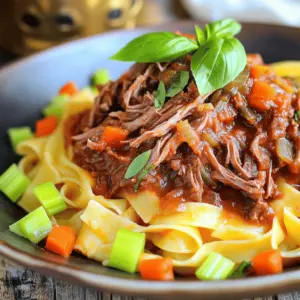 - 2 lbs bone-in beef short ribs - 1 large onion, finely chopped - 2 medium carrots, finely diced - 2 celery stalks, finely diced - 4 cloves garlic, minced - 1 can (14 oz) crushed tomatoes - 3 cups beef broth - 2 tablespoons olive oil - 1 tablespoon tomato paste - 1 teaspoon dried oregano - 1 teaspoon dried basil - Salt and pepper to taste The star of this dish is the bone-in beef short ribs. Their rich flavor makes the ragu deep and hearty. Fresh vegetables add sweetness and depth. Use a large onion, carrots, and celery for the best base. Garlic brings an aromatic touch that makes the dish sing. The crushed tomatoes and beef broth provide moisture and body. Tomato paste adds a punch of flavor, while herbs like oregano and basil enhance the taste. Don't forget to season with salt and pepper to bring out all the flavors. - Tagliatelle, pappardelle, or rigatoni pasta For a richer ragu, you might consider adding red wine. It deepens the flavor and adds complexity. You can also swap the beef broth for chicken broth if you prefer a lighter taste. Choose pasta shapes like tagliatelle, pappardelle, or rigatoni. Their textures hold the sauce well, making every bite a treat. - Fresh basil leaves - Grated Parmesan cheese Garnishing your dish is important. Fresh basil leaves add a bright touch and lovely aroma. Grated Parmesan cheese provides a salty depth that rounds out the dish. Sprinkle these over your pasta before serving for a beautiful and flavorful finish. Searing the short ribs To start, heat olive oil in a large Dutch oven. Season the short ribs with salt and pepper. Once the oil is hot, add the ribs. Sear them for about 3-4 minutes on each side. This step adds a rich flavor. Importance of seasoning Seasoning is key. It enhances the meat's taste. Don’t skip this step. Proper seasoning helps build layers of flavor in your dish. Sautéing vegetables Next, use the same pot to sauté chopped onion, diced carrots, and diced celery. Cook these for 5-7 minutes. Stir them often until they soften and turn translucent. This forms a flavorful base for the ragu. Adding garlic for flavor Now, add minced garlic to the pot. Sauté it for 1-2 minutes. Garlic brings a warm and inviting aroma. It deepens the overall flavor of the sauce. Reintroducing ribs and mixing in herbs Return the seared ribs to the pot. Stir in tomato paste, dried oregano, and basil. Mix everything well. These herbs add a fresh, aromatic touch. Ensuring even coating with tomatoes and broth Pour in crushed tomatoes and beef broth. Make sure everything is evenly coated. This gives the ragu its rich, saucy texture. Setting up for a long cook Bring the pot to a gentle simmer. Cover it with a lid and reduce the heat to low. Let it cook for 3-4 hours. This slow process allows the flavors to develop fully. Tips for turning the ribs During cooking, turn the ribs halfway through. This ensures they cook evenly. Tender meat is the goal here. Removing bones and excess fat When cooking is done, take the ribs out of the sauce. Place them on a cutting board. Let them cool a bit, then remove the bones and excess fat. Integrating shredded beef into the sauce Shred the meat using a fork. Return the shredded beef to the sauce. Stir well to combine everything. This helps the meat absorb all those delicious flavors. Cooking pasta to perfection While the ragu finishes cooking, boil your pasta. Follow the package instructions until it’s al dente. Drain it well before serving. Presentation tips for serving Serve the pasta in shallow bowls. Top it with the rich ragu. Garnish with fresh basil for color and flavor. Optionally, add grated Parmesan for a creamy finish. Enjoy this hearty dish with friends and family! To get tender short ribs, slow cooking is key. This method breaks down tough fibers in the meat. Use a heavy pot like a Dutch oven to keep heat steady. Sear each side of the ribs well for flavor. Cook them for about 3 to 4 hours on low heat. Turning the ribs halfway helps them cook evenly. Adding seasonings can boost the taste. I like using dried oregano and basil in the recipe. These herbs add great depth. For a sweet contrast, balance acidity from tomatoes with a touch of sugar. You can also add a splash of balsamic vinegar for a rich layer. A Dutch oven is the best choice for slow simmering. Its thick walls retain heat well. Don't skip the lid! Keeping it on helps maintain moisture and flavor. This way, your ragu stays rich and thick, ready to coat your pasta perfectly. {{image_4}} If you can’t find beef short ribs, you can use other meats. Try chuck roast or brisket. These cuts cook well and give great flavor. For a lighter option, consider using turkey or chicken thighs. They will still make a tasty ragu. You can also swap the vegetables. If you prefer, use bell peppers or zucchini. These choices add different flavors. If you need a vegetarian dish, try mushrooms or lentils. These will give your ragu a rich taste. To make your ragu even better, add red wine. A splash of dry red wine can deepen the flavor. It adds a nice richness that balances the meat. You can also change the herbs. Instead of oregano and basil, try thyme or rosemary. These herbs bring fresh notes that brighten the dish. Experimenting with flavors can lead to fun surprises. Your choice of pasta can change the meal. Tagliatelle is nice and wide, holding the sauce well. Pappardelle is another great choice for richness. If you want something different, try rigatoni or even gnocchi. For gluten-free options, use gluten-free pasta. Many brands offer delicious choices that taste great. You can also serve the ragu over polenta or rice. These options make for satisfying meals without gluten. To store your leftover ragu, place it in an airtight container. Let it cool to room temperature before sealing. This helps keep the ragu fresh and safe. You can store it in the fridge for up to three days. If you want it to last longer, consider freezing it. To freeze the ragu, first, let it cool completely. Then, transfer it to a freezer-safe container. Make sure to leave some space at the top as the ragu will expand when frozen. It can stay in the freezer for up to three months. To thaw, move it to the fridge overnight. You can also thaw it in the microwave if you're in a hurry. When reheating, use a pot on low heat. Stir often to keep the ragu from sticking. You can add a splash of beef broth or water to help maintain moisture. Avoid using high heat, as it can dry out the ragu. Serve it warm over your favorite pasta for a delicious meal. You should simmer the ragu for 3 to 4 hours. This time is key for the meat to soften. A long simmer helps the flavors mix well. The sauce will also thicken and become rich. Without enough time, the meat may stay tough. Simmering breaks down the collagen in the meat. This gives you that melt-in-your-mouth texture. Yes, you can use boneless short ribs. They will cook faster than bone-in ribs. However, they may not have as much flavor. Bone-in ribs add depth to the ragu. If you use boneless, adjust the cooking time. Keep an eye on them to avoid overcooking. The goal is tender meat that shreds easily. Tagliatelle, pappardelle, or rigatoni works great. These pastas hold the sauce well. Their shapes catch the ragu, giving you a full bite. Choose the pasta you enjoy most. Cook it al dente to add a nice texture. The pasta should complement the rich sauce. It’s all about balance in flavors and textures. Look for the meat to be very tender. It should pull away easily from the bone. Use a fork to test this. If it shreds easily, the ribs are ready. You can also check the sauce. It should be thick and full of flavor. The long cooking time makes all the difference here. In this post, we explored how to prepare a delicious short rib ragu. You learned about the main ingredients, optional flavors, and garnishes. We shared step-by-step instructions to help you cook tender, rich meat. Plus, we added tips to enhance flavors and recommendations for substitutes and storage. Cooking can be simple and fun. With these insights, you can create a dish that impresses everyone. Enjoy making your ragu, and don’t forget to tweak it to fit your taste!