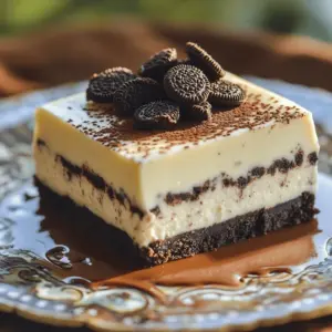 - 24 Oreo cookies - 4 tablespoons unsalted butter - 16 oz cream cheese - 1 cup powdered sugar - 1 teaspoon vanilla extract - 2 cups heavy whipping cream - Cocoa powder (for garnish) - Additional Oreo cookies (for garnish) - Pinch of salt To make these No-Bake Oreo Cheesecake Bars, gather all your main ingredients first. You need 24 Oreo cookies for the crust. Crush these into fine crumbs. Mix the crumbs with 4 tablespoons of melted unsalted butter. This will help form a strong base. Next, you need 16 ounces of cream cheese. Make sure it is softened to room temperature. This helps it blend smoothly. Add 1 cup of powdered sugar and 1 teaspoon of vanilla extract. This mixture will give your cheesecake a sweet and rich flavor. Finally, you'll need 2 cups of cold heavy whipping cream. This helps create a light and fluffy texture. For an extra touch, consider cocoa powder and more Oreo cookies for garnish. A pinch of salt can enhance the flavors too. These ingredients create a delicious treat that is easy to make and hard to resist. 1. First, place the 24 Oreo cookies in a food processor. Pulse them until they turn to fine crumbs. This is easy and quick. 2. In a mixing bowl, combine the Oreo crumbs with 4 tablespoons of melted butter. Mix well until it holds together when pressed. 3. Line an 8x8-inch baking pan with parchment paper. Leave some overhang for easy removal later. Firmly press the crumb mixture into the bottom of the pan using a flat measuring cup. 4. Put the pan in the refrigerator to chill while you prepare the cheese mixture. 1. In a large bowl, beat 16 ounces of softened cream cheese with an electric mixer. Mix until it is smooth and free of lumps. 2. Gradually add 1 cup of powdered sugar and 1 teaspoon of vanilla extract. Keep mixing until everything is fully blended and creamy. 1. Pour 2 cups of cold heavy whipping cream into a separate bowl. Use a mixer to whip it until stiff peaks form. This means the cream can hold its shape. 2. Carefully fold the whipped cream into the cream cheese mixture with a spatula. Make sure to keep it light and airy. Stop when you no longer see streaks. 1. Pour the fluffy cream cheese mixture over the chilled Oreo crust. Use a spatula to spread it evenly. 2. Smooth the top for a nice finish. Cover the pan tightly with plastic wrap. 3. Refrigerate for at least 4 hours, or until the cheesecake bars are firm to the touch. - Ensure cream cheese is at room temperature: This step helps the cream cheese blend smoothly. Cold cream cheese can make lumps in your mixture. - Achieve the right consistency for whipped cream: Whip the cream until stiff peaks form. This means it holds its shape well. If you over-whip, it can turn grainy. - Press the crust firmly: Make sure to pack the crushed Oreos tightly in the pan. This keeps the crust from crumbling when you cut the bars. - How to cut into bars: Use a sharp knife for clean cuts. Wipe the knife with a damp cloth after each cut to keep edges neat. - Presentation ideas with garnish: Sprinkle crushed Oreo cookies on top for a pop of color. Add a dusting of cocoa powder for a nice touch. - Accompaniments like chocolate sauce: Drizzle chocolate sauce over the bars before serving. It gives an extra layer of flavor and looks great. - Overmixing the cream cheese: Mix just until smooth. Overmixing can lead to a dense filling instead of light and fluffy. - Not chilling long enough: Be patient and chill for at least 4 hours. This helps the bars set properly. - Using warm ingredients: Always use cold heavy cream and room-temperature cream cheese. Warm ingredients can affect the texture of the filling. {{image_4}} You can change the flavor of your Oreo cheesecake bars easily. Add a few drops of almond or mint extract to the cheese mixture for a twist. These flavors give a fun twist to the classic taste. You can also add melted chocolate. Just mix it in when you combine the cream cheese. If you like fruit, fold in some crushed berries. Strawberries or raspberries add a fresh taste. If you want to switch things up, you can use alternatives for cream cheese. Greek yogurt gives a lighter option. You could also try mascarpone for a creamier texture. For those who need a gluten-free option, use gluten-free Oreo cookies. They taste just as good and keep the bars delicious. You can easily adjust the serving size for your needs. If you want to make more, just double the recipe. This is great for parties! If you need fewer bars, cut the ingredients in half. This way, you can enjoy a smaller batch without waste. Just remember to adjust the chilling time if you change the size. To keep your No-Bake Oreo Cheesecake Bars fresh, store them in the refrigerator. Place the bars in an airtight container. This keeps them safe from smells and moisture. If you don't have a container, use plastic wrap. Wrap the bars tightly to prevent drying out. You can freeze the cheesecake bars for later. Cut them into squares before freezing. Place the bars in a single layer on a baking sheet. Freeze them until solid. Then, transfer them to an airtight container or freezer bag. For the best texture, thaw the bars in the fridge overnight before serving. This keeps them creamy and delicious. These cheesecake bars can last up to one week in the fridge. If frozen, they stay good for about three months. Enjoy them fresh for the best taste, but they still taste great after freezing! These No-Bake Oreo Cheesecake Bars need to chill for at least 4 hours. I recommend chilling them overnight for the best results. This helps the filling set properly, making it easier to cut and serve. The longer they chill, the better the flavors meld together. Yes, you can make these cheesecake bars in advance. They store well in the fridge for up to 5 days. Just cover them tightly with plastic wrap or place them in an airtight container. This makes them a great treat for parties or special occasions. To cut the cheesecake bars, use a sharp knife. Dip the knife in hot water and wipe it clean before each cut. This technique helps create clean edges. You can also run the knife under warm water, which makes cutting easier. Yes, you can use low-fat cream cheese. However, the texture may be a bit different. The bars might not be as creamy or rich as using full-fat cream cheese. If you prefer a lighter option, this is a good choice. If your cheesecake filling is runny, try adding more cream cheese. Beat it in until smooth. You can also chill the mixture for a bit before spreading it on the crust. This helps it set better and become more stable. This article covered how to make delicious No-Bake Oreo Cheesecake Bars. We discussed key ingredients, detailed step-by-step instructions, and shared valuable tips to ensure your success. Remember to chill your dessert well and avoid common mistakes. Whether you choose to mix in flavors or stick to the classic recipe, these bars are sure to impress. Enjoy your cheesecake bars and share them with friends and family for a tasty treat!