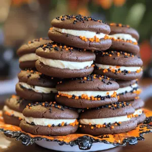 - 1 ½ cups all-purpose flour - ½ cup cocoa powder - 1 teaspoon baking soda - ½ teaspoon baking powder - ½ teaspoon salt - ½ cup unsalted butter, softened - 1 cup brown sugar, packed - 1 large egg - 1 teaspoon vanilla extract - ½ cup buttermilk (or milk mixed with a splash of vinegar) - 1 cup powdered sugar - ½ cup cream cheese, softened - 2 tablespoons unsalted butter (for filling) - 1 teaspoon vanilla extract (for filling) - 1 cup orange and black sprinkles (for decoration) These ingredients make the perfect Halloween whoopie pies. I love how the cocoa powder adds a rich flavor. The brown sugar gives a nice sweetness that balances the cocoa. You can use buttermilk for a slight tang that makes the pies moist. For the filling, cream cheese mixed with butter and powdered sugar creates a smooth, sweet layer. Don’t forget the sprinkles! They bring a festive touch that kids love. Gather these ingredients, and you are ready to create a spooky treat for your Halloween party. Check out the Full Recipe to see the steps. - Preheat the oven to 350°F (175°C). - In a bowl, whisk together the flour, cocoa powder, baking soda, baking powder, and salt. - In a separate bowl, cream the softened butter and brown sugar until fluffy. - Add the egg and vanilla to the butter mix. - Mix until smooth. - Gradually add the dry mix and buttermilk, alternating between the two. - Stir gently until just combined. - Use a spoon or cookie scoop to drop batter onto lined baking sheets. - Leave space between each dollop. - Bake for 10-12 minutes. - Let cool on the sheets for 5 minutes, then move to a wire rack. - In a clean bowl, blend the cream cheese, softened butter, powdered sugar, and vanilla. - Beat until smooth and creamy. - Take one cooled cookie and spread filling on its flat side. - Top with another cookie to make a sandwich. - Roll the edges in orange and black sprinkles for a festive touch. For the detailed recipe, check the Full Recipe. To make great whoopie pies, avoid overmixing. This keeps the cookies light and fluffy. You want a soft and tender texture. Once baked, let the cookies cool completely. If they're warm, the filling will melt and make a mess. Be creative when you decorate your whoopie pies. Use Halloween-themed decorations like spooky icing or fun shapes. Edible glitter adds a magical touch. You can also use cupcake toppers that fit the Halloween vibe. This makes your treats extra special. Many people skip the cooling step. This can ruin your pies, so don’t do it! Also, measure your ingredients accurately. If you guess, your pies might not turn out right. Use a scale or measuring cups for best results. For the full recipe, check out the detailed instructions above. {{image_4}} You can change the flavor of your whoopie pies to fit the season. Try pumpkin spice whoopie pies for a cozy treat. The warm spices will make your kitchen smell great. Just add pumpkin puree and spices like cinnamon and nutmeg to the batter. Another fun choice is chocolate mint filling. This twist gives a refreshing taste. Mix crushed mint candies into the cream cheese filling for a burst of flavor. Decorating your whoopie pies can be a lot of fun. Use different colored sprinkles for various holidays. For Halloween, orange and black sprinkles work perfectly. You can also create spooky faces with icing. Use white icing for ghostly shapes or chocolate icing for creepy eyes. This adds a playful touch that kids will love. If you need a gluten-free option, it's easy to adapt. Just substitute all-purpose flour with a gluten-free flour mix. This swap allows everyone to enjoy these festive treats without worry. To keep your whoopie pies fresh, store them in an airtight container at room temperature. This keeps them soft and tasty. If you use cream cheese filling, place them in the fridge. The cold helps keep the filling safe to eat. You can freeze assembled whoopie pies for up to 3 months. This is a great way to save some for later. When you want to enjoy them, simply thaw them in the refrigerator before serving. This method helps maintain their texture and taste. Enjoy these festive treats anytime! Halloween whoopie pies are soft, cake-like cookies. They have a rich chocolate flavor. These treats are sandwiched with creamy filling. The filling is often made with cream cheese and sugar. I love to use festive colors to make them fun. The classic whoopie pie is great, but the Halloween theme adds a spooky twist. Use orange and black sprinkles to enhance the look. These pies are perfect for parties or just for fun. Homemade whoopie pies last about 3 to 5 days. Store them in an airtight container at room temperature. If you use cream cheese in the filling, keep them in the fridge. This extends their freshness but may change the texture. I recommend enjoying them quickly for the best taste. Yes, you can make the filling ahead of time! I suggest preparing it a day before. Store it in the fridge in an airtight container. When you're ready to assemble, just give it a quick stir. This way, you can save time and enjoy the fun part of decorating. Get creative with your decorations! Use orange and black sprinkles for a classic Halloween look. You can also pipe spooky faces with icing. Consider adding edible glitter for extra flair. For a fun twist, use Halloween-themed cupcake toppers. Make them look festive for any Halloween gathering. Enjoy the process and have fun! For the full recipe, check out the details above. Halloween Whoopie Pies are fun and tasty treats. We covered the key ingredients, easy steps, and helpful tips. Remember to cool the cookies before filling and get creative with your decorations. Variations, like pumpkin spice, add seasonal flair. These pies store well and freeze nicely too. Enjoy making and sharing these delicious little pies with friends this Halloween!
