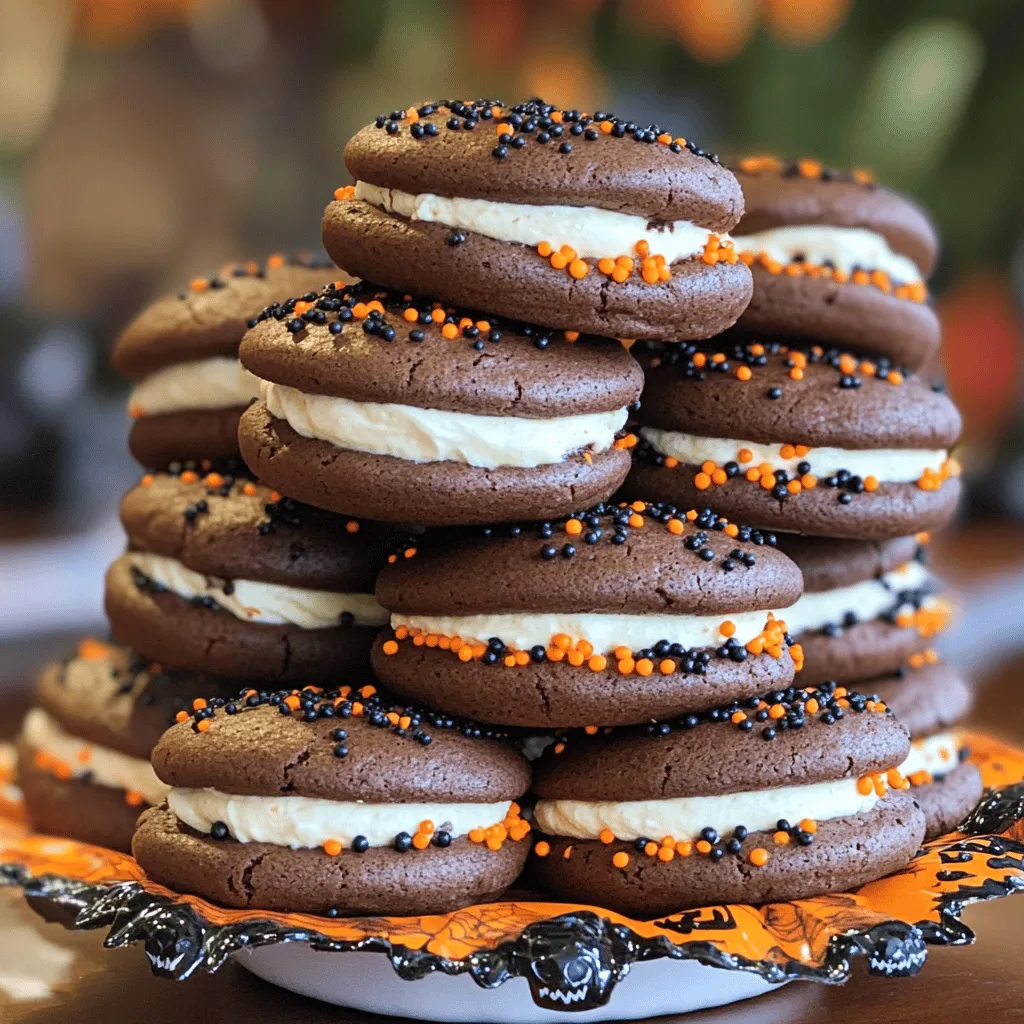 - 1 ½ cups all-purpose flour - ½ cup cocoa powder - 1 teaspoon baking soda - ½ teaspoon baking powder - ½ teaspoon salt - ½ cup unsalted butter, softened - 1 cup brown sugar, packed - 1 large egg - 1 teaspoon vanilla extract - ½ cup buttermilk (or milk mixed with a splash of vinegar) - 1 cup powdered sugar - ½ cup cream cheese, softened - 2 tablespoons unsalted butter (for filling) - 1 teaspoon vanilla extract (for filling) - 1 cup orange and black sprinkles (for decoration) These ingredients make the perfect Halloween whoopie pies. I love how the cocoa powder adds a rich flavor. The brown sugar gives a nice sweetness that balances the cocoa. You can use buttermilk for a slight tang that makes the pies moist. For the filling, cream cheese mixed with butter and powdered sugar creates a smooth, sweet layer. Don’t forget the sprinkles! They bring a festive touch that kids love. Gather these ingredients, and you are ready to create a spooky treat for your Halloween party. Check out the Full Recipe to see the steps. - Preheat the oven to 350°F (175°C). - In a bowl, whisk together the flour, cocoa powder, baking soda, baking powder, and salt. - In a separate bowl, cream the softened butter and brown sugar until fluffy. - Add the egg and vanilla to the butter mix. - Mix until smooth. - Gradually add the dry mix and buttermilk, alternating between the two. - Stir gently until just combined. - Use a spoon or cookie scoop to drop batter onto lined baking sheets. - Leave space between each dollop. - Bake for 10-12 minutes. - Let cool on the sheets for 5 minutes, then move to a wire rack. - In a clean bowl, blend the cream cheese, softened butter, powdered sugar, and vanilla. - Beat until smooth and creamy. - Take one cooled cookie and spread filling on its flat side. - Top with another cookie to make a sandwich. - Roll the edges in orange and black sprinkles for a festive touch. For the detailed recipe, check the Full Recipe. To make great whoopie pies, avoid overmixing. This keeps the cookies light and fluffy. You want a soft and tender texture. Once baked, let the cookies cool completely. If they're warm, the filling will melt and make a mess. Be creative when you decorate your whoopie pies. Use Halloween-themed decorations like spooky icing or fun shapes. Edible glitter adds a magical touch. You can also use cupcake toppers that fit the Halloween vibe. This makes your treats extra special. Many people skip the cooling step. This can ruin your pies, so don’t do it! Also, measure your ingredients accurately. If you guess, your pies might not turn out right. Use a scale or measuring cups for best results. For the full recipe, check out the detailed instructions above. {{image_4}} You can change the flavor of your whoopie pies to fit the season. Try pumpkin spice whoopie pies for a cozy treat. The warm spices will make your kitchen smell great. Just add pumpkin puree and spices like cinnamon and nutmeg to the batter. Another fun choice is chocolate mint filling. This twist gives a refreshing taste. Mix crushed mint candies into the cream cheese filling for a burst of flavor. Decorating your whoopie pies can be a lot of fun. Use different colored sprinkles for various holidays. For Halloween, orange and black sprinkles work perfectly. You can also create spooky faces with icing. Use white icing for ghostly shapes or chocolate icing for creepy eyes. This adds a playful touch that kids will love. If you need a gluten-free option, it's easy to adapt. Just substitute all-purpose flour with a gluten-free flour mix. This swap allows everyone to enjoy these festive treats without worry. To keep your whoopie pies fresh, store them in an airtight container at room temperature. This keeps them soft and tasty. If you use cream cheese filling, place them in the fridge. The cold helps keep the filling safe to eat. You can freeze assembled whoopie pies for up to 3 months. This is a great way to save some for later. When you want to enjoy them, simply thaw them in the refrigerator before serving. This method helps maintain their texture and taste. Enjoy these festive treats anytime! Halloween whoopie pies are soft, cake-like cookies. They have a rich chocolate flavor. These treats are sandwiched with creamy filling. The filling is often made with cream cheese and sugar. I love to use festive colors to make them fun. The classic whoopie pie is great, but the Halloween theme adds a spooky twist. Use orange and black sprinkles to enhance the look. These pies are perfect for parties or just for fun. Homemade whoopie pies last about 3 to 5 days. Store them in an airtight container at room temperature. If you use cream cheese in the filling, keep them in the fridge. This extends their freshness but may change the texture. I recommend enjoying them quickly for the best taste. Yes, you can make the filling ahead of time! I suggest preparing it a day before. Store it in the fridge in an airtight container. When you're ready to assemble, just give it a quick stir. This way, you can save time and enjoy the fun part of decorating. Get creative with your decorations! Use orange and black sprinkles for a classic Halloween look. You can also pipe spooky faces with icing. Consider adding edible glitter for extra flair. For a fun twist, use Halloween-themed cupcake toppers. Make them look festive for any Halloween gathering. Enjoy the process and have fun! For the full recipe, check out the details above. Halloween Whoopie Pies are fun and tasty treats. We covered the key ingredients, easy steps, and helpful tips. Remember to cool the cookies before filling and get creative with your decorations. Variations, like pumpkin spice, add seasonal flair. These pies store well and freeze nicely too. Enjoy making and sharing these delicious little pies with friends this Halloween!