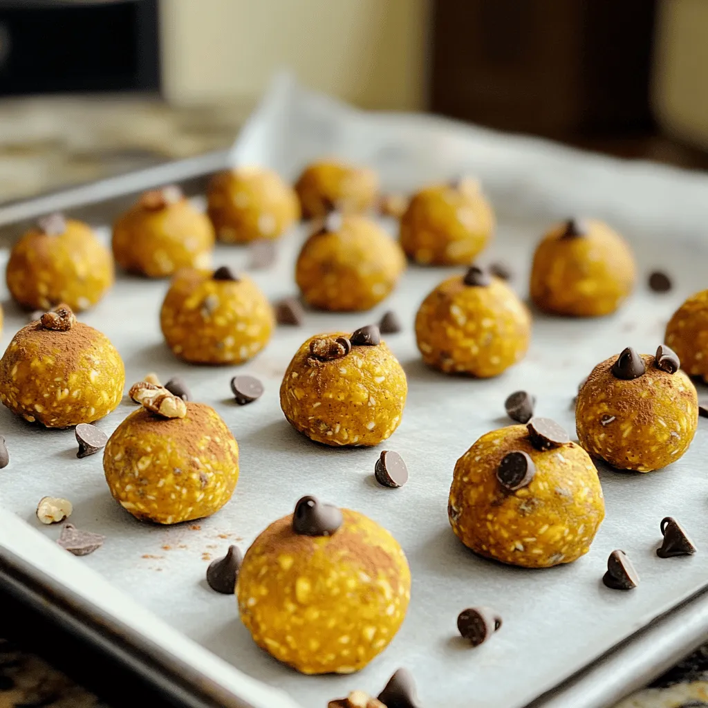 To make delicious pumpkin spice energy bites, you need a few main ingredients: - 1 cup rolled oats - 1/2 cup pumpkin puree - 1/2 cup almond butter or your preferred nut butter Rolled oats give these bites a chewy texture. They help bind the mixture too. Pumpkin puree adds moisture and a lovely flavor. Almond butter, or another nut butter, brings creaminess and healthy fats. You can sweeten your energy bites with either: - 1/4 cup honey or maple syrup - 1 teaspoon vanilla extract - 1 teaspoon pumpkin spice blend Honey is sweeter and adds a rich flavor. Maple syrup offers a unique taste. Vanilla extract enhances the overall flavor, while pumpkin spice gives that cozy fall vibe. If you want to make your energy bites special, consider these optional add-ins: - 1/4 cup finely chopped nuts (like walnuts or pecans) - 1/4 cup mini chocolate chips or dried cranberries Chopped nuts add crunch and healthy fats. Mini chocolate chips bring sweetness, while dried cranberries add a tart twist. You can mix and match to find your favorite blend! Start by mixing your dry ingredients. In a large bowl, add 1 cup of rolled oats. Then, sprinkle in 1 teaspoon of pumpkin spice. Use a spoon to mix them well. This step is key for flavor. Next, prepare the wet mixture. In another bowl, combine 1/2 cup of pumpkin puree with 1/2 cup of almond butter. Add 1/4 cup of honey or maple syrup and 1 teaspoon of vanilla extract. Stir until the mix is smooth and creamy. This creates a rich base for your bites. Now, it’s time to blend the mixtures. Pour the smooth wet mix into the bowl with the dry ingredients. Stir thoroughly. Make sure every part is well combined. To enhance your energy bites, add a pinch of sea salt. Then, fold in 1/4 cup of finely chopped nuts and 1/4 cup of optional mini chocolate chips or dried cranberries. Stir again until everything is evenly mixed. This will add crunch and sweetness. Next, shape your energy bites. Use your hands to take small portions of the mixture. Form them into balls, about 1 inch in size. Place these on a tray lined with parchment paper. Chilling is very important. Transfer the tray to the fridge and chill for at least 30 minutes. This helps the bites firm up. Once chilled, store them in an airtight container. They will stay fresh for up to one week. To get the best flavor in your energy bites, adjust the sweetness. If you like it sweeter, add more honey or maple syrup. If you prefer less sweetness, cut back on the sweetener. Next, focus on texture. The mixture should be sticky but not too wet. If it feels too dry, add a bit of almond butter or pumpkin puree. If too wet, sprinkle in more oats. When serving these bites, arrange them on a colorful plate. You can sprinkle pumpkin spice on top for a fun look. For gifts, wrap them in clear cellophane and tie with a ribbon. This adds a personal touch and makes them special. Pumpkin and oats bring many health perks. Pumpkin is rich in vitamins and minerals. It’s low in calories and high in fiber. Oats boost heart health and help keep you full longer. Almond butter adds healthy fats and protein. This combination gives you energy without the crash. It's perfect for a snack before or after workouts. {{image_4}} You can easily change the taste of your energy bites. Try adding different spices. You might use cardamom or allspice for a unique kick. These spices blend well with pumpkin flavor. You can also switch up the nut butters. Almond butter is great, but peanut butter works too. Sunflower seed butter is a tasty option for nut allergies. Each nut butter brings its own flavor and texture. If you want a vegan snack, replace honey with maple syrup. This keeps the bites sweet without using animal products. You can also use agave syrup for a similar effect. For gluten-free energy bites, ensure your oats are certified gluten-free. Many brands offer this option now. Always check the label to be sure. As seasons change, so can your energy bites. In fall, add chopped apples or cranberries. These fruits add freshness and taste. During the winter holidays, consider adding peppermint extract. This gives a festive twist that pairs with the spice flavors. You can also use dried fruit like figs or dates for a chewy texture. Each of these variations makes your pumpkin spice energy bites even more fun to make and eat! To keep your pumpkin spice energy bites fresh, use airtight containers. This helps prevent moisture and keeps them tasty. Store them in the fridge for best results. You can easily grab a bite anytime. How long do pumpkin spice energy bites last? They last up to one week in the fridge. Signs of spoilage include an off smell or mold. If you notice these, it's best to throw them away. Want to save some bites for later? You can freeze them! To freeze, place them in a single layer on a tray. Once firm, transfer them to an airtight container. They can stay frozen for up to three months. When you're ready to eat them, simply thaw in the fridge overnight. You can also let them sit at room temperature for about an hour. Enjoy your tasty snack! Can I use quick oats instead of rolled oats? Yes, you can use quick oats. They will make your bites softer. However, rolled oats give a better texture. Rolled oats help the bites hold together well. How can I make these energy bites nut-free? To make them nut-free, use sunflower seed butter. This swap keeps the flavor and texture. You can also leave out the nuts entirely if you prefer. Are these energy bites good for meal prep? Yes, these energy bites are perfect for meal prep. You can make a batch ahead of time. They stay fresh in the fridge for about a week. What are the calorie counts per energy bite? Each energy bite has about 80-100 calories. The actual count can vary based on the ingredients you use. If you add chocolate chips, it may be higher. Can I substitute pumpkin puree with pumpkin pie filling? I don’t recommend using pumpkin pie filling. It has added sugar and spices. Stick with pumpkin puree for a healthier option. What are alternatives to almond butter? You can use peanut butter, sunflower seed butter, or cashew butter. Each brings a unique flavor. Choose based on your taste and dietary needs. These pumpkin spice energy bites are easy to make and fun to enjoy. We discussed key ingredients like oats, pumpkin puree, and nut butter. We also explored sweeteners, flavor add-ins, and essential tips for the perfect texture. You learned how to shape, chill, and store your bites for freshness. Now, you have all you need to customize these tasty snacks. Enjoy making them your way, and share them with friends or family. Your healthy snack game is about to get a big boost!