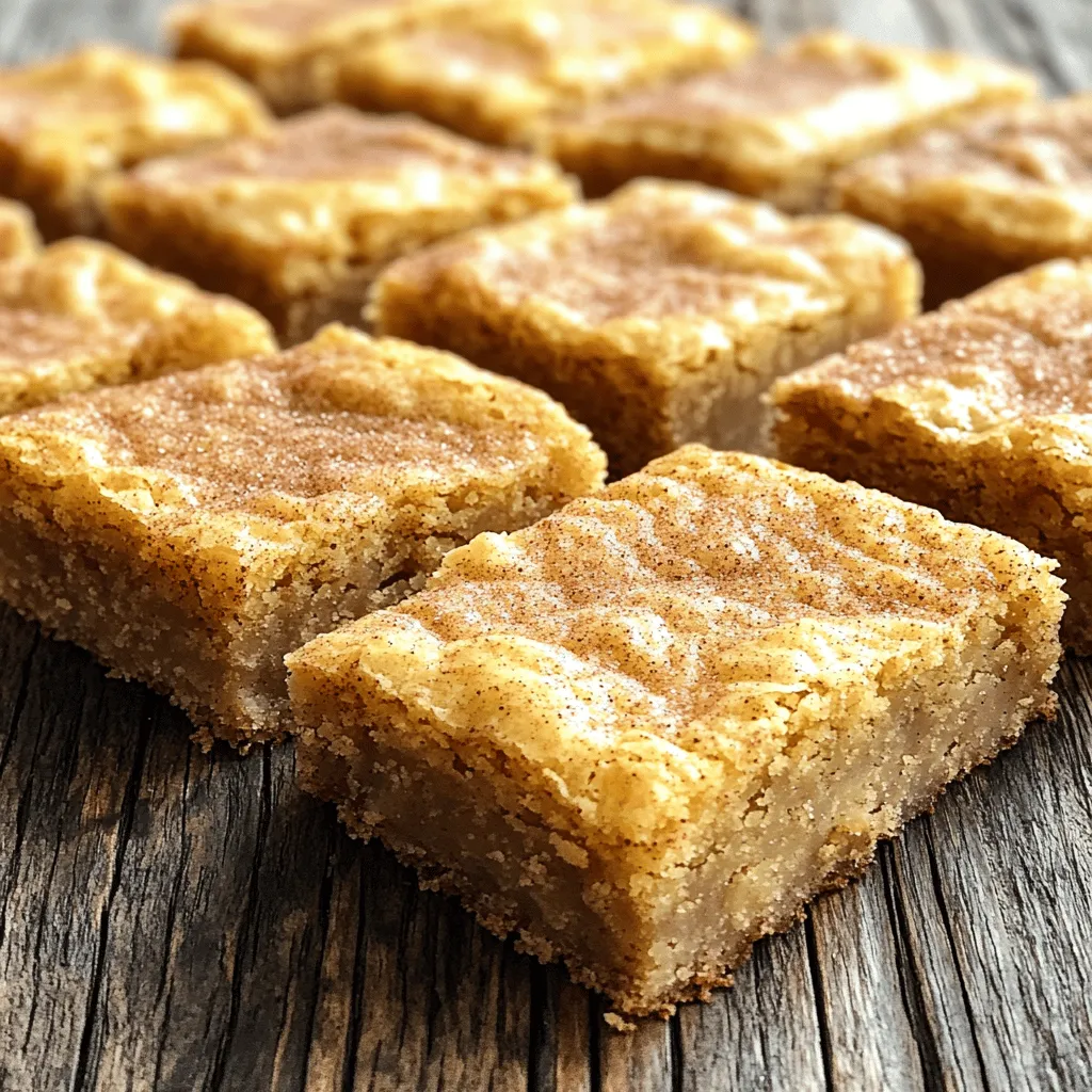 To make chewy snickerdoodle blondies, you need these simple ingredients: - 1 cup unsalted butter, melted - 2 cups packed brown sugar - 2 large eggs - 1 teaspoon pure vanilla extract - 2 cups all-purpose flour - 1 teaspoon baking powder - 1 teaspoon cream of tartar - 1/2 teaspoon salt - 1/4 cup granulated sugar (for topping) - 2 teaspoons ground cinnamon (for topping) These ingredients blend well to create a soft and chewy dessert. The butter gives richness, while brown sugar adds a deep flavor. Eggs help bind everything together and add moisture. The cream of tartar is key for that classic snickerdoodle taste. The topping of cinnamon and sugar gives a sweet crunch. Gather these items before you start. This will make your baking process smooth and fun. I always find it helpful to measure everything out first. This way, you won’t miss a thing! - Preheat your oven to 350°F (175°C). - Line a 9x13 inch baking pan with parchment paper. Start by preheating the oven. This ensures your blondies bake evenly. Next, line your pan with parchment paper. Let it hang over the edges. This helps you lift the blondies out after baking. - Mix butter and brown sugar. - Incorporate eggs and vanilla. - Combine dry ingredients separately. In a large bowl, mix the melted butter and brown sugar. Use a whisk to get a smooth mix. This takes about 1-2 minutes. Next, add the eggs one by one. Mix well after each egg. Then stir in the vanilla extract until it’s smooth. In another bowl, whisk the flour, baking powder, cream of tartar, and salt. This keeps the dry mix even. - Fold dry ingredients into wet mixture. - Spread batter in the baking pan. Now, slowly add the dry mix to the wet mix. Use a spatula to fold them together. It’s fine if the batter has some lumps. Pour the blondie batter into your prepared pan. Use a spatula to spread it out evenly. This helps with even baking. - Prepare cinnamon sugar topping. - Bake for 20-25 minutes. In a small bowl, mix the granulated sugar with the ground cinnamon. Sprinkle this topping over the batter. This gives a nice snickerdoodle flavor. Place the pan in the oven and bake for 20-25 minutes. Check with a toothpick. It should come out with a few moist crumbs, not wet batter. To get that perfect chewy texture, your baking time matters. Bake the blondies for 20-25 minutes. Check them with a toothpick. It should come out with a few moist crumbs, not wet batter. This shows they are just right. Overmixing can ruin your blondies. When you mix the wet and dry ingredients, do it gently. Fold them together until just combined. It’s okay if the batter has some lumps. This will help keep them chewy. Want to boost the flavor? Try adding a bit more cinnamon. Just a half teaspoon can make a big difference. This enhances that warm, snickerdoodle taste. Using high-quality vanilla extract is key too. It adds depth to your blondies. Look for pure vanilla extract instead of imitation for the best flavor. Serving your blondies nicely can impress anyone. A great idea is to dust them with a little cinnamon sugar. This adds a lovely touch. Pair your blondies with ice cream or whipped cream. A scoop of vanilla ice cream on top makes a delightful treat. The creaminess balances the chewy texture perfectly. Enjoy! {{image_4}} You can change the flavor and texture of your blondies with fun add-ins. Try adding chocolate chips or nuts for a tasty crunch. They will give your blondies a sweet surprise. If you want a fruity twist, add dried fruits or coconut flakes. These mix-ins enhance the flavor and create a delightful treat. Want to explore different flavors? You can add coffee or mocha for a rich taste. This gives your blondies a more grown-up flavor. For a seasonal treat, try a pumpkin spice twist in the fall. Simply add pumpkin spice to the batter, and you'll have a cozy dessert perfect for autumn. If you need to make your blondies gluten-free, choose alternative flours like almond or oat flour. These options work well and maintain the chewy texture. For vegan substitutions, use flax eggs or applesauce instead of eggs. Swap the butter for coconut oil or a vegan butter. This way, everyone can enjoy your delicious blondies! To keep your chewy snickerdoodle blondies fresh, use an airtight container. A glass or plastic container works well. Line it with parchment paper to avoid sticking. Place the blondies in a single layer. This helps keep them soft and chewy. If the blondies stack, they may get squished. Store them at room temperature for up to three days. For longer freshness, refrigerate them. Just make sure to seal the container tightly. You can freeze blondies for up to three months. Start by letting them cool completely. Then cut them into squares. Wrap each square in plastic wrap. Then place them in a freezer bag. Be sure to remove as much air as you can. This helps prevent freezer burn. When you want to enjoy them, just take out a square. Let it thaw in the fridge overnight or at room temperature for a few hours. You can also warm them up in the oven. Preheat it to 350°F (175°C) and bake for about 10 minutes. This way, they taste fresh again! Yes, you can use margarine in place of butter. It will change the taste a bit. Margarine has more water, which can make the blondies less chewy. If you do use margarine, choose a stick form, not a tub. This helps keep the texture similar. You can tell if the blondies are ready by using a toothpick. Insert it into the center of the pan. If it comes out with a few moist crumbs, they are done. If it has wet batter, they need more time. Keep a close eye on them. Absolutely! You can make these blondies a day before. Just store them in an airtight container. They taste great the next day and even improve in flavor. If you want to keep them longer, freeze them. To get that chewy texture, do not overmix the batter. Mix until just combined. Also, bake them for the right time. Check them at 20 minutes. They should feel firm but still soft. This will give you the perfect chewy bite. This blog post shared a simple recipe for blondies with helpful tips. You learned about the ingredients, step-by-step instructions, and variations. We've covered how to achieve that perfect chewy texture and flavor. Storing and freezing your blondies is easy, ensuring you keep them fresh. Experiment with add-ins and flavors to make it your own. Enjoy baking these delicious treats! They’re sure to be a hit with your friends and family.