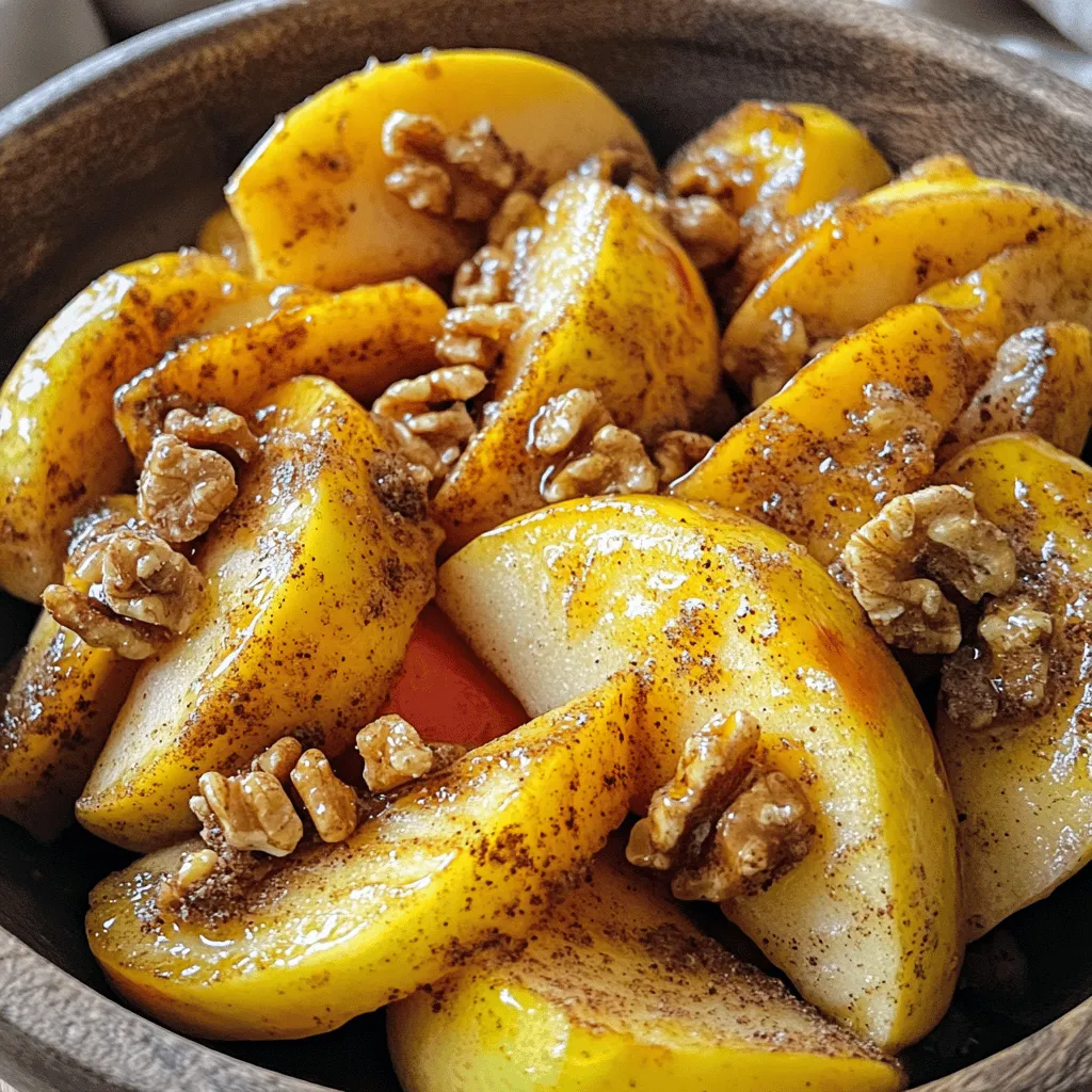 - 4 medium apples (preferably Granny Smith or Honeycrisp), cored and sliced into wedges - 2 tablespoons brown sugar - 1 teaspoon ground cinnamon - 1 tablespoon freshly squeezed lemon juice - 1 tablespoon olive oil or melted coconut oil - Optional: a pinch of ground nutmeg - Optional: chopped nuts (such as walnuts or pecans) for an added crunch To make air fryer apples, you need a few simple ingredients. Start with fresh apples. I love using Granny Smith for their tartness or Honeycrisp for sweetness. Make sure to core and slice them into wedges. This helps them cook evenly. Next, you will want to sweeten them up. Brown sugar adds a rich flavor. Ground cinnamon brings warmth, and lemon juice adds brightness. The lemon juice also keeps the apples from turning brown. You can add olive oil or coconut oil to help with cooking. It adds a touch of flavor and helps the apples get crispy. If you like a little extra spice, a pinch of nutmeg works well. For a crunchy finish, consider adding chopped nuts like walnuts or pecans. They give your snack a nice texture. This simple list of ingredients makes for a fun and tasty treat. Check out the Full Recipe to see how to put it all together! Start by picking the best apples for this recipe. I love using Granny Smith or Honeycrisp. They are crisp and sweet. Next, core the apples. Cut them into thin wedges, about 1/4 inch thick. Place all slices in a large bowl. This makes seasoning easier. Now, let's keep those apple slices nice and fresh. Squeeze some lemon juice over them. This helps stop browning. After that, sprinkle brown sugar and ground cinnamon on top. If you want a little extra warmth, add a pinch of nutmeg. Pour in olive oil or melted coconut oil. This helps the spices stick to the apples. Preheat your air fryer to 350°F (175°C). Let it warm for about 5 minutes. This step is key for getting crispy apples. Arrange the apple slices in a single layer in the basket. Avoid overcrowding. If needed, cook in batches. Air fry for 10-12 minutes. Shake the basket halfway through cooking. Your apples are done when they are tender with a crispy edge. Enjoy this simple and flavorful snack! For a detailed list of steps, check the Full Recipe. To get that perfect crunch, choose firm apples. I recommend using Granny Smith or Honeycrisp apples. They hold their shape well and have great flavor. Avoid overcrowding your air fryer. This helps the hot air flow around the apples and makes them crispier. If you pile them up, they might steam instead of fry. You can spice things up! Try adding a pinch of nutmeg or even some ginger. They add warmth and depth to the flavor. If you want a sweeter taste, use maple syrup or honey. For a fun twist, top your apples with chopped nuts like walnuts or pecans. They add a nice crunch and extra flavor. Serve air-fried apples warm. They are great on their own or as a side dish. You can also top them on pancakes for breakfast. For a sweet treat, try them with vanilla ice cream. The warm apples and cold ice cream make a perfect pair. Check out the Full Recipe for more details on how to make this delightful snack! {{image_4}} You can change up the flavor of your air fryer apples easily. Try adding vanilla extract for a sweet twist. A pinch of allspice adds warmth and depth. Both options make your apples even more delightful. Experiment with these spices until you find your perfect mix! To make your air fryer apples even richer, consider adding a homemade caramel sauce. It’s simple! Melt sugar in a pan until golden, then stir in cream. Drizzle this over your apples for a sweet finish. The warm caramel pairs perfectly with the cinnamon apples. If you have nut allergies, don’t worry! You can still enjoy these apples. Try topping your air-fried apples with seeds, like pumpkin or sunflower. You can also use shredded coconut for a different texture. These options keep your snack safe and tasty! Explore these variations to find what you love best. For the full recipe, check the earlier section. To keep your air-fried apples fresh, store them in an airtight container. Place the cooled apples in the container and seal it tight. They will stay good in the fridge for up to three days. Just be sure to let them cool down before storing. This helps keep them crisp and tasty. When you want to enjoy your leftovers, I recommend reheating them in the air fryer. Set the air fryer to 350°F (175°C). Heat the apples for about 3 to 5 minutes. This will help them regain their crispiness. Avoid using the microwave, as it can make them soggy. If you want to save some apples for later, freezing works well! First, let the apples cool completely. Then, place them in a single layer on a baking sheet. Freeze them for about 1 to 2 hours until firm. Once frozen, transfer them to a freezer-safe bag. Make sure to squeeze out the air before sealing. To thaw, leave them in the fridge overnight or let them sit at room temperature for a while. Enjoy these with your favorite toppings later! For the full recipe, check out the Crispy Cinnamon Air Fryer Apples! Air-fried apples can last about 3 to 5 days in the fridge. Store them in an airtight container. This keeps them fresh and safe to eat. If they start to look brown or mushy, it’s best to toss them. Enjoy them while they’re still tasty! Yes, you can use frozen apples! Just thaw them first and drain any excess liquid. Frozen apples may not crisp up as well as fresh ones. You might want to cook them for a few extra minutes to get a nice texture. They still taste great and make for a quick snack. Air-fried apples have several health benefits. They use less oil than traditional frying. This lowers the fat and calorie content. Apples are rich in fiber, vitamins, and antioxidants. Air-frying keeps many nutrients intact. You get a tasty treat that is sweet, healthy, and satisfying! In this post, we showed you how to make air-fried apples. You learned about the key ingredients, cooking steps, and useful tips for perfect apples. Remember, the right apples and correct cooking time are key to great results. Don't forget to try different spices or toppings to find your favorite flavor. Enjoy your sweet treat hot or cold, any way you like. Now, you can impress friends and family with this easy, tasty recipe. Enjoy your cooking adventure!