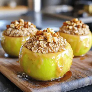 To make Cinnamon Oatmeal Stuffed Apples, gather these items: - 4 medium-sized apples (Granny Smith or Honeycrisp) - 1 cup rolled oats - 1/2 cup milk (dairy or almond) - 1/4 cup brown sugar (packed) - 1 teaspoon ground cinnamon - 1/4 teaspoon nutmeg - 1/4 cup chopped walnuts (optional) - 1/4 cup raisins or dried cranberries (optional) - 2 tablespoons butter (or coconut oil) - A pinch of salt You can swap some ingredients if needed: - Use coconut milk instead of dairy milk for a dairy-free option. - Maple syrup can replace brown sugar for a different sweetness. - Oats can be replaced with quinoa for a gluten-free option. - For nuts, try sunflower seeds or omit them entirely for nut-free. If you want to make more stuffed apples: - Double the ingredients for 8 apples. - Keep the same oven temperature and baking time. - Just make sure to have a larger baking dish to fit all the apples snugly. This recipe is easy to adjust, making it perfect for gatherings or family dinners. You can find the full recipe in this section. Start by preheating your oven to 350°F (175°C). Wash the apples gently under cold water. Use a sharp knife to core them. Make a deep well in the center of each apple. You can cut off the tops for a pretty look, but keep them intact for a lovely presentation. In a medium saucepan, mix rolled oats, milk, brown sugar, ground cinnamon, nutmeg, and a pinch of salt. Set the pan on medium heat. Stir the mixture often and cook until it thickens, which takes about 5 minutes. After it thickens, mix in chopped walnuts and raisins or cranberries if you want extra flavor. Remove the pan from the heat. Carefully stuff each apple with the warm oatmeal mixture. Pack it in gently so it fits snugly. Place the stuffed apples upright in a baking dish. Dot the tops with butter or coconut oil to add richness. Cover the dish tightly with foil and bake for 25 minutes. After that, remove the foil and bake for another 10-15 minutes until the apples are tender but still hold their shape. Once done, take the dish out of the oven and let the apples cool a bit before serving. Choose apples that suit your taste. For a tart flavor, go with Granny Smith. If you want something sweeter, Honeycrisp is perfect. Both types hold their shape well while baking. To bake apples just right, core them deeply. This creates space for the oatmeal filling. You can slice off the tops for a nice look, but keeping them whole works too. Bake at 350°F for 25 minutes covered with foil. Remove the foil and bake for another 10-15 minutes. The apples should be fork-tender but not mushy. Boost the taste with fun add-ins. Try adding a splash of vanilla extract to the oatmeal for depth. A sprinkle of citrus zest can brighten the dish. You can also mix in chopped nuts or dried fruits for added texture. For a finishing touch, drizzle honey or maple syrup on top when serving. These tweaks will make your Cinnamon Oatmeal Stuffed Apples even more delightful! {{image_4}} If you or someone you know has a nut allergy, you can still enjoy these stuffed apples. Simply leave out the walnuts. The oatmeal filling will still be tasty and satisfying. You can also add a bit more dried fruit to keep the texture interesting. Try using extra raisins or cranberries. To make this recipe vegan, swap out the dairy milk for almond or oat milk. Use coconut oil instead of butter. This change keeps the dish creamy and delicious without any animal products. The flavor will still shine through, making it a great option for everyone. Want to add a twist? You can infuse your filling with different flavors. A splash of vanilla extract brings warmth and richness. You can also add citrus zest, like lemon or orange, for a fresh taste. These small changes can elevate your oatmeal and create a unique treat. For the complete process, check out the Full Recipe! After enjoying your stuffed apples, let them cool completely. Place any leftovers in an airtight container. Store them in the fridge for up to three days. This keeps the apples fresh and helps the flavors meld together. You can also wrap each apple in plastic wrap for easier storage. To reheat your stuffed apples, take them out of the fridge. You can use the microwave or the oven. For the microwave, place an apple on a plate and heat it for about 30 seconds. Check if it’s warm enough. For the oven, preheat to 350°F (175°C). Heat the apples for about 10 minutes. Cover them with foil to prevent drying out. If you want to save your stuffed apples for later, freezing is a great option. Allow the apples to cool completely first. Wrap each apple tightly in plastic wrap. Then, place them in a freezer-safe bag or container. You can freeze them for up to three months. To enjoy later, thaw in the fridge overnight before reheating. Yes, you can! Pears and peaches also work well. These fruits have a soft texture and sweet taste. However, they may need less baking time. Keep an eye on them while baking. Stuffed apples last about 3 to 5 days in the fridge. Store them in an airtight container. Make sure they are fully cooled before placing them in the fridge. This keeps them fresh and tasty longer. Absolutely! You can prepare the oatmeal filling a day ahead. Just store it in the fridge. When you are ready to bake, stuff the apples and follow the recipe. This saves time and makes your cooking easier. For the full recipe, check out the main article. In this blog post, we explored how to make delicious stuffed apples. We covered key ingredients, step-by-step instructions, and helpful tips. You learned about ingredient swaps and how to adjust for larger batches. I shared ways to enhance flavor and options for different diets. Finally, we discussed how to store and reheat leftover treats. Enjoy your cooking and feel free to experiment. The joy of stuffed apples is in their endless creativity!