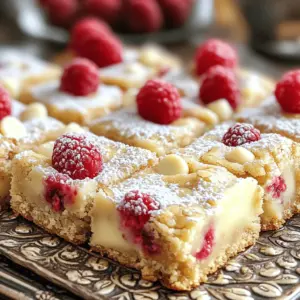 - 1 cup unsalted butter, melted - 1 cup packed brown sugar - 1/2 cup granulated sugar - 2 large eggs - 2 teaspoons vanilla extract - 2 cups all-purpose flour - 1 teaspoon baking powder - 1/2 teaspoon baking soda - 1/2 teaspoon salt - 1 cup white chocolate chips - 1 cup fresh raspberries (or substitute with frozen if fresh is unavailable) I love making these raspberry white chocolate blondies because they are simple yet delicious. Each ingredient plays a key role in the flavor and texture. Starting with unsalted butter, it gives the blondies a rich taste. I prefer melting it to mix easily with sugar. Brown sugar adds moisture and a hint of caramel flavor. Granulated sugar makes the blondies sweet and light. Next, I add two large eggs. They bind the mixture and add fluffiness. Vanilla extract gives a warm, sweet aroma that enhances the flavors. The dry mix includes all-purpose flour, baking powder, baking soda, and salt. The flour provides structure, while baking powder and soda help the blondies rise. Salt balances the sweetness and enhances the taste. White chocolate chips melt beautifully and add creaminess. I like to fold in fresh raspberries for a burst of flavor. If they are out of season, frozen raspberries work just as well. Gather these ingredients, and you will create a treat everyone will love! First, preheat your oven to 350°F (175°C). This step is key for even baking. Next, take a 9x13 inch baking pan. Grease it with butter or line it with parchment paper. Lining helps you take the blondies out easily later. In a large bowl, combine 1 cup of melted butter, 1 cup of brown sugar, and 1/2 cup of granulated sugar. Use a whisk to mix until smooth. Then, add 2 large eggs one at a time. Make sure to mix well after each egg. Stir in 2 teaspoons of vanilla extract until fully combined. In another bowl, whisk together 2 cups of all-purpose flour, 1 teaspoon of baking powder, 1/2 teaspoon of baking soda, and 1/2 teaspoon of salt. This will ensure your blondies rise well. Slowly fold this dry mix into the wet ingredients. Be gentle to keep them soft. Now, it’s time for the fun part! Carefully fold in 1 cup of white chocolate chips and 1 cup of fresh raspberries. Be gentle so you don’t crush the berries. They add great flavor and color to your blondies. Transfer the batter into your prepared baking pan. Use a spatula to spread it evenly. Bake for 25-30 minutes. Check doneness by inserting a toothpick in the center. It should come out clean or with a few moist crumbs. Once baked, let the blondies cool in the pan for about 10 minutes. After that, move them to a wire rack to cool completely. This step prevents sogginess. When they are cool, cut them into squares and enjoy! - Avoiding overmixing: This is key for soft blondies. Mix until just combined. Too much mixing makes them tough. - Ensuring even baking: Rotate your pan halfway through baking. This helps the blondies cook evenly. - Using different mix-ins: Try nuts, dried fruit, or dark chocolate chips. Each adds a unique taste. - Adjusting sweetness if desired: You can cut back on sugar slightly. This makes them less sweet, if you prefer. - Garnishing suggestions: Dust with powdered sugar for a pretty look. Add a few fresh raspberries around the edges. - Serving ideas for parties: Place blondies on a nice platter. For fun, drizzle melted white chocolate on top before serving. {{image_4}} You can change the white chocolate in your blondies. Dark chocolate or milk chocolate works well. This swap gives a richer taste. For those who prefer vegan treats, use dairy-free white chocolate. It melts nicely and keeps the blondies creamy. Raspberries are delicious, but other berries shine too. Try blueberries or blackberries for a fun twist. You can even mix in seasonal fruits like peaches or strawberries. Each fruit adds its own flavor, making every batch unique. Want extra crunch? Add chopped nuts like walnuts or pecans. They bring texture and a great taste. You can also brighten the flavor with citrus zest. Grate some lemon or orange peel into the batter for a fresh kick. These small changes can make your blondies even more special. To keep your raspberry white chocolate blondies fresh, store them at room temperature. They taste best within three days. If you want to keep them longer, refrigerate them. Use an airtight container for best results. This will help prevent them from drying out. You can freeze these blondies for up to three months. Cut them into squares first. Wrap each square tightly in plastic wrap. Then, place them in a freezer bag. When you want to enjoy them, remove a square from the freezer. Thaw it in the fridge overnight for the best texture. To keep your blondies moist, do not overbake them. Set your timer for 25 minutes. Check for doneness with a toothpick. If it comes out with a few moist crumbs, they are perfect. Also, make sure you measure your flour correctly. Too much flour can lead to dryness. Yes, you can use frozen raspberries. They add great flavor too! Just fold them in gently to avoid crushing them. If you use frozen raspberries, do not thaw them before mixing. This keeps the batter cool and helps them hold their shape. Blondies are done when the edges turn golden brown. Insert a toothpick into the center. If it comes out clean or with a few moist crumbs, they are ready. If you see wet batter, they need a bit more time in the oven. To cut blondies easily, let them cool completely. Use a sharp knife for neat squares. You can also score the top lightly before they cool. This gives you a guide for cutting. For clean cuts, wipe the knife with a damp cloth between slices. Yes, you can make these blondies ahead of time. Bake them and let them cool fully. Then, store them in an airtight container. They stay fresh for up to three days. You can also freeze them for longer storage. Just thaw them at room temperature before serving. You now have a complete guide to making delicious blondies. We covered ingredients, step-by-step instructions, and valuable tips to help you succeed. Remember to mix carefully and adjust your ingredients to make it personal. Whether you stick to raspberries or switch to other fruits, the outcome will be amazing. Store your blondies properly to keep them fresh. Baking should always be fun and creative, so don’t hesitate to try new flavors. Enjoy your sweet treats!