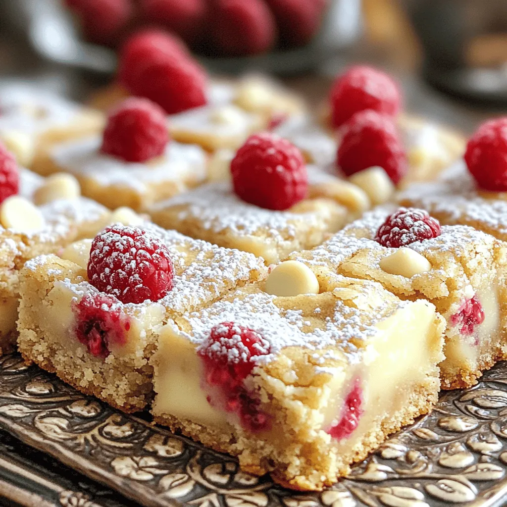 - 1 cup unsalted butter, melted - 1 cup packed brown sugar - 1/2 cup granulated sugar - 2 large eggs - 2 teaspoons vanilla extract - 2 cups all-purpose flour - 1 teaspoon baking powder - 1/2 teaspoon baking soda - 1/2 teaspoon salt - 1 cup white chocolate chips - 1 cup fresh raspberries (or substitute with frozen if fresh is unavailable) I love making these raspberry white chocolate blondies because they are simple yet delicious. Each ingredient plays a key role in the flavor and texture. Starting with unsalted butter, it gives the blondies a rich taste. I prefer melting it to mix easily with sugar. Brown sugar adds moisture and a hint of caramel flavor. Granulated sugar makes the blondies sweet and light. Next, I add two large eggs. They bind the mixture and add fluffiness. Vanilla extract gives a warm, sweet aroma that enhances the flavors. The dry mix includes all-purpose flour, baking powder, baking soda, and salt. The flour provides structure, while baking powder and soda help the blondies rise. Salt balances the sweetness and enhances the taste. White chocolate chips melt beautifully and add creaminess. I like to fold in fresh raspberries for a burst of flavor. If they are out of season, frozen raspberries work just as well. Gather these ingredients, and you will create a treat everyone will love! First, preheat your oven to 350°F (175°C). This step is key for even baking. Next, take a 9x13 inch baking pan. Grease it with butter or line it with parchment paper. Lining helps you take the blondies out easily later. In a large bowl, combine 1 cup of melted butter, 1 cup of brown sugar, and 1/2 cup of granulated sugar. Use a whisk to mix until smooth. Then, add 2 large eggs one at a time. Make sure to mix well after each egg. Stir in 2 teaspoons of vanilla extract until fully combined. In another bowl, whisk together 2 cups of all-purpose flour, 1 teaspoon of baking powder, 1/2 teaspoon of baking soda, and 1/2 teaspoon of salt. This will ensure your blondies rise well. Slowly fold this dry mix into the wet ingredients. Be gentle to keep them soft. Now, it’s time for the fun part! Carefully fold in 1 cup of white chocolate chips and 1 cup of fresh raspberries. Be gentle so you don’t crush the berries. They add great flavor and color to your blondies. Transfer the batter into your prepared baking pan. Use a spatula to spread it evenly. Bake for 25-30 minutes. Check doneness by inserting a toothpick in the center. It should come out clean or with a few moist crumbs. Once baked, let the blondies cool in the pan for about 10 minutes. After that, move them to a wire rack to cool completely. This step prevents sogginess. When they are cool, cut them into squares and enjoy! - Avoiding overmixing: This is key for soft blondies. Mix until just combined. Too much mixing makes them tough. - Ensuring even baking: Rotate your pan halfway through baking. This helps the blondies cook evenly. - Using different mix-ins: Try nuts, dried fruit, or dark chocolate chips. Each adds a unique taste. - Adjusting sweetness if desired: You can cut back on sugar slightly. This makes them less sweet, if you prefer. - Garnishing suggestions: Dust with powdered sugar for a pretty look. Add a few fresh raspberries around the edges. - Serving ideas for parties: Place blondies on a nice platter. For fun, drizzle melted white chocolate on top before serving. {{image_4}} You can change the white chocolate in your blondies. Dark chocolate or milk chocolate works well. This swap gives a richer taste. For those who prefer vegan treats, use dairy-free white chocolate. It melts nicely and keeps the blondies creamy. Raspberries are delicious, but other berries shine too. Try blueberries or blackberries for a fun twist. You can even mix in seasonal fruits like peaches or strawberries. Each fruit adds its own flavor, making every batch unique. Want extra crunch? Add chopped nuts like walnuts or pecans. They bring texture and a great taste. You can also brighten the flavor with citrus zest. Grate some lemon or orange peel into the batter for a fresh kick. These small changes can make your blondies even more special. To keep your raspberry white chocolate blondies fresh, store them at room temperature. They taste best within three days. If you want to keep them longer, refrigerate them. Use an airtight container for best results. This will help prevent them from drying out. You can freeze these blondies for up to three months. Cut them into squares first. Wrap each square tightly in plastic wrap. Then, place them in a freezer bag. When you want to enjoy them, remove a square from the freezer. Thaw it in the fridge overnight for the best texture. To keep your blondies moist, do not overbake them. Set your timer for 25 minutes. Check for doneness with a toothpick. If it comes out with a few moist crumbs, they are perfect. Also, make sure you measure your flour correctly. Too much flour can lead to dryness. Yes, you can use frozen raspberries. They add great flavor too! Just fold them in gently to avoid crushing them. If you use frozen raspberries, do not thaw them before mixing. This keeps the batter cool and helps them hold their shape. Blondies are done when the edges turn golden brown. Insert a toothpick into the center. If it comes out clean or with a few moist crumbs, they are ready. If you see wet batter, they need a bit more time in the oven. To cut blondies easily, let them cool completely. Use a sharp knife for neat squares. You can also score the top lightly before they cool. This gives you a guide for cutting. For clean cuts, wipe the knife with a damp cloth between slices. Yes, you can make these blondies ahead of time. Bake them and let them cool fully. Then, store them in an airtight container. They stay fresh for up to three days. You can also freeze them for longer storage. Just thaw them at room temperature before serving. You now have a complete guide to making delicious blondies. We covered ingredients, step-by-step instructions, and valuable tips to help you succeed. Remember to mix carefully and adjust your ingredients to make it personal. Whether you stick to raspberries or switch to other fruits, the outcome will be amazing. Store your blondies properly to keep them fresh. Baking should always be fun and creative, so don’t hesitate to try new flavors. Enjoy your sweet treats!