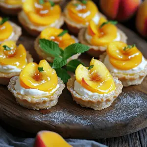 To make these mini peach and cream cheese tarts, you will need the following ingredients: - 1 package of refrigerated pie crusts (or homemade if preferred) - 8 oz cream cheese, softened to room temperature - 1/4 cup powdered sugar - 1 teaspoon pure vanilla extract - 2 ripe peaches, thinly sliced - 2 tablespoons honey - 1 tablespoon fresh lemon juice - Fresh mint leaves for garnish (optional) Each ingredient plays a key role in crafting these delightful tarts. The refrigerated pie crust saves time, but making your own adds a personal touch. Cream cheese brings a rich and creamy base, while powdered sugar sweetens it perfectly. Vanilla extract adds depth to the filling, enhancing the overall flavor. The ripe peaches are the star of the show, bringing sweetness and color. Honey brings out the natural flavors of the peaches, while the lemon juice brightens everything up. If you want a pop of color, add fresh mint leaves for garnish. For the full recipe, check the complete ingredient list and instructions. Enjoy your baking! - Preheat your oven to 375°F (190°C). This step is key for a good bake. - Roll out the pie crusts on a floured surface. Aim for a smooth, even layer. - Use a cookie cutter or a glass to cut out 3-inch circles. You’ll want about 12 circles. - Carefully press each circle into the cups of a mini muffin tin. Ensure the crust covers the bottom and sides. - Bake in your preheated oven for 10-12 minutes. Look for a lovely golden brown color. - After baking, let the tart shells cool completely in the tin. Gently remove them once cool. - In a medium bowl, mix softened cream cheese, powdered sugar, and vanilla extract. - Blend until smooth and creamy. You should have no lumps in your mixture. - Slice the peaches thinly. This helps them fit perfectly on the tarts. - In a bowl, toss peach slices with honey and fresh lemon juice. This mix enhances their flavor and prevents browning. - Once shells are cool, spoon the cream cheese mixture into each shell. Fill them almost to the top. - Place a few slices of honey-coated peaches on each tart. This adds color and flavor. - If you like, sprinkle fresh mint leaves on top for an extra touch. For the full recipe, check out the detailed steps provided. Enjoy your delightful mini tarts! To get a smooth and creamy texture, make sure your cream cheese is soft. Take it out of the fridge and let it sit for about 30 minutes before mixing. If you forget, you can microwave it for 10 seconds. Just watch it closely! When mixing, use an electric mixer or a whisk. Mix until there are no lumps. Add the powdered sugar and vanilla next. Mix again until everything is well combined. This step makes the cream cheese sweet and tasty! To avoid common baking pitfalls, always preheat your oven to 375°F (190°C). This helps the crust bake evenly. Roll out your pie crusts on a lightly floured surface. This prevents sticking and makes cutting easier. After cutting, gently press the dough into the mini muffin tin. Make sure the dough covers the bottom and sides well. Bake for 10 to 12 minutes until they are golden brown. Once baked, let the tart shells cool in the tin for about 5 minutes. Then, use a small knife to gently lift them out. This helps keep the shape intact. For the full recipe, check out the details provided. {{image_4}} You can swap peaches for many fruits in these tarts. Try ripe strawberries, sweet raspberries, or juicy blueberries. Each fruit brings its own flavor and charm. If you want something special, use seasonal fruits. In summer, mix in fresh cherries, and in fall, you can use apples or pears. To add warmth, mix in spices like cinnamon or nutmeg. Just a pinch can boost the flavor. You can also add a splash of almond extract or lemon zest to the cream cheese. Both give a nice twist to the filling. For a fun twist, try swirling in some fruit preserves or chocolate spread. If you need a gluten-free option, use almond flour or gluten-free pie crust. You can make your own crust if you prefer. For those avoiding dairy, try a lactose-free cream cheese. It works just as well in this recipe. Both adjustments keep the tarts tasty and enjoyable for everyone. To keep your mini peach and cream cheese tarts fresh, use airtight containers. Glass or plastic containers with tight lids work well. Store the tarts in the fridge right after they cool. They will stay fresh for about three days. After that, the crust may get soggy, and the peaches might brown. You can also freeze these tarts for later enjoyment. To freeze, first, let the tarts cool completely. Then, wrap each tart in plastic wrap. Place them in a freezer-safe bag or container. They can last in the freezer for about one month. When you're ready to eat, take the tarts out of the freezer. Leave them in the fridge overnight to thaw. If you want to keep the crust crisp, reheat them in the oven at 350°F (175°C) for about 10 minutes. This will help restore their delightful texture. Enjoy your tarts fresh, even after freezing! For the full recipe, check back to ensure you have all the steps down. Yes, you can prepare these tarts in advance. Make the tart shells a day earlier. Store them in an airtight container to keep them fresh. You can also mix the cream cheese filling a day ahead. Just keep it in the fridge. Slice the peaches on the day you serve them. This way, they will stay fresh and bright. If you need a substitute, try ricotta cheese. It gives a nice texture. Mascarpone is another great choice. For a vegan option, use cashew cream. Blend soaked cashews with a bit of lemon juice and maple syrup for sweetness. Silken tofu is also a good option. Just blend it until smooth. Making pie crust is easy! Start with these steps: - Mix together 1 1/4 cups of all-purpose flour and 1/2 teaspoon of salt. - Cut in 1/2 cup of cold butter until it looks like crumbs. - Add ice water, one tablespoon at a time, until the dough comes together. - Wrap the dough in plastic wrap and chill for 30 minutes. - Roll it out and cut into circles for your tarts. For a pretty display, place the tarts on a colorful plate. Arrange them in a circle or in rows. Lightly dust them with powdered sugar for a sweet touch. You can also add mint leaves for color. This adds a nice pop against the peaches. Serve them at room temperature for the best taste. These tarts can be adjusted for different diets. You can make a gluten-free crust using almond flour or gluten-free flour. For a dairy-free version, use the substitutes mentioned earlier. Always check the labels to ensure they fit your needs. This way, everyone can enjoy these tasty treats! In this blog post, we covered how to make delicious mini peach and cream cheese tarts. You learned about the ingredients needed, step-by-step instructions, and tips for success. I shared variations and how to store the tarts, plus answered common questions. These tarts are simple, tasty, and perfect for any occasion. You can impress your friends and family with this dessert. Enjoy making these tarts and experimenting with your own ideas!