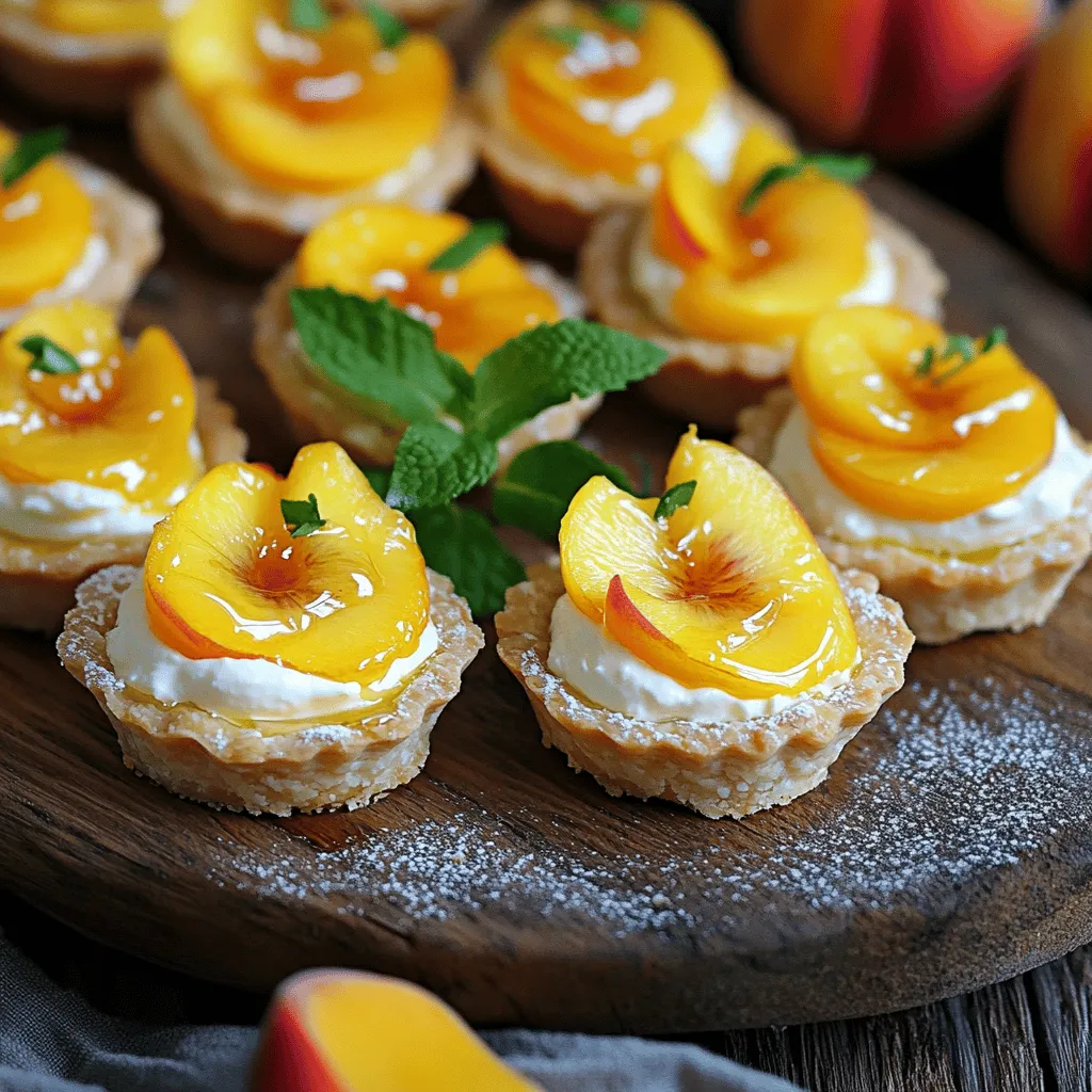 To make these mini peach and cream cheese tarts, you will need the following ingredients: - 1 package of refrigerated pie crusts (or homemade if preferred) - 8 oz cream cheese, softened to room temperature - 1/4 cup powdered sugar - 1 teaspoon pure vanilla extract - 2 ripe peaches, thinly sliced - 2 tablespoons honey - 1 tablespoon fresh lemon juice - Fresh mint leaves for garnish (optional) Each ingredient plays a key role in crafting these delightful tarts. The refrigerated pie crust saves time, but making your own adds a personal touch. Cream cheese brings a rich and creamy base, while powdered sugar sweetens it perfectly. Vanilla extract adds depth to the filling, enhancing the overall flavor. The ripe peaches are the star of the show, bringing sweetness and color. Honey brings out the natural flavors of the peaches, while the lemon juice brightens everything up. If you want a pop of color, add fresh mint leaves for garnish. For the full recipe, check the complete ingredient list and instructions. Enjoy your baking! - Preheat your oven to 375°F (190°C). This step is key for a good bake. - Roll out the pie crusts on a floured surface. Aim for a smooth, even layer. - Use a cookie cutter or a glass to cut out 3-inch circles. You’ll want about 12 circles. - Carefully press each circle into the cups of a mini muffin tin. Ensure the crust covers the bottom and sides. - Bake in your preheated oven for 10-12 minutes. Look for a lovely golden brown color. - After baking, let the tart shells cool completely in the tin. Gently remove them once cool. - In a medium bowl, mix softened cream cheese, powdered sugar, and vanilla extract. - Blend until smooth and creamy. You should have no lumps in your mixture. - Slice the peaches thinly. This helps them fit perfectly on the tarts. - In a bowl, toss peach slices with honey and fresh lemon juice. This mix enhances their flavor and prevents browning. - Once shells are cool, spoon the cream cheese mixture into each shell. Fill them almost to the top. - Place a few slices of honey-coated peaches on each tart. This adds color and flavor. - If you like, sprinkle fresh mint leaves on top for an extra touch. For the full recipe, check out the detailed steps provided. Enjoy your delightful mini tarts! To get a smooth and creamy texture, make sure your cream cheese is soft. Take it out of the fridge and let it sit for about 30 minutes before mixing. If you forget, you can microwave it for 10 seconds. Just watch it closely! When mixing, use an electric mixer or a whisk. Mix until there are no lumps. Add the powdered sugar and vanilla next. Mix again until everything is well combined. This step makes the cream cheese sweet and tasty! To avoid common baking pitfalls, always preheat your oven to 375°F (190°C). This helps the crust bake evenly. Roll out your pie crusts on a lightly floured surface. This prevents sticking and makes cutting easier. After cutting, gently press the dough into the mini muffin tin. Make sure the dough covers the bottom and sides well. Bake for 10 to 12 minutes until they are golden brown. Once baked, let the tart shells cool in the tin for about 5 minutes. Then, use a small knife to gently lift them out. This helps keep the shape intact. For the full recipe, check out the details provided. {{image_4}} You can swap peaches for many fruits in these tarts. Try ripe strawberries, sweet raspberries, or juicy blueberries. Each fruit brings its own flavor and charm. If you want something special, use seasonal fruits. In summer, mix in fresh cherries, and in fall, you can use apples or pears. To add warmth, mix in spices like cinnamon or nutmeg. Just a pinch can boost the flavor. You can also add a splash of almond extract or lemon zest to the cream cheese. Both give a nice twist to the filling. For a fun twist, try swirling in some fruit preserves or chocolate spread. If you need a gluten-free option, use almond flour or gluten-free pie crust. You can make your own crust if you prefer. For those avoiding dairy, try a lactose-free cream cheese. It works just as well in this recipe. Both adjustments keep the tarts tasty and enjoyable for everyone. To keep your mini peach and cream cheese tarts fresh, use airtight containers. Glass or plastic containers with tight lids work well. Store the tarts in the fridge right after they cool. They will stay fresh for about three days. After that, the crust may get soggy, and the peaches might brown. You can also freeze these tarts for later enjoyment. To freeze, first, let the tarts cool completely. Then, wrap each tart in plastic wrap. Place them in a freezer-safe bag or container. They can last in the freezer for about one month. When you're ready to eat, take the tarts out of the freezer. Leave them in the fridge overnight to thaw. If you want to keep the crust crisp, reheat them in the oven at 350°F (175°C) for about 10 minutes. This will help restore their delightful texture. Enjoy your tarts fresh, even after freezing! For the full recipe, check back to ensure you have all the steps down. Yes, you can prepare these tarts in advance. Make the tart shells a day earlier. Store them in an airtight container to keep them fresh. You can also mix the cream cheese filling a day ahead. Just keep it in the fridge. Slice the peaches on the day you serve them. This way, they will stay fresh and bright. If you need a substitute, try ricotta cheese. It gives a nice texture. Mascarpone is another great choice. For a vegan option, use cashew cream. Blend soaked cashews with a bit of lemon juice and maple syrup for sweetness. Silken tofu is also a good option. Just blend it until smooth. Making pie crust is easy! Start with these steps: - Mix together 1 1/4 cups of all-purpose flour and 1/2 teaspoon of salt. - Cut in 1/2 cup of cold butter until it looks like crumbs. - Add ice water, one tablespoon at a time, until the dough comes together. - Wrap the dough in plastic wrap and chill for 30 minutes. - Roll it out and cut into circles for your tarts. For a pretty display, place the tarts on a colorful plate. Arrange them in a circle or in rows. Lightly dust them with powdered sugar for a sweet touch. You can also add mint leaves for color. This adds a nice pop against the peaches. Serve them at room temperature for the best taste. These tarts can be adjusted for different diets. You can make a gluten-free crust using almond flour or gluten-free flour. For a dairy-free version, use the substitutes mentioned earlier. Always check the labels to ensure they fit your needs. This way, everyone can enjoy these tasty treats! In this blog post, we covered how to make delicious mini peach and cream cheese tarts. You learned about the ingredients needed, step-by-step instructions, and tips for success. I shared variations and how to store the tarts, plus answered common questions. These tarts are simple, tasty, and perfect for any occasion. You can impress your friends and family with this dessert. Enjoy making these tarts and experimenting with your own ideas!